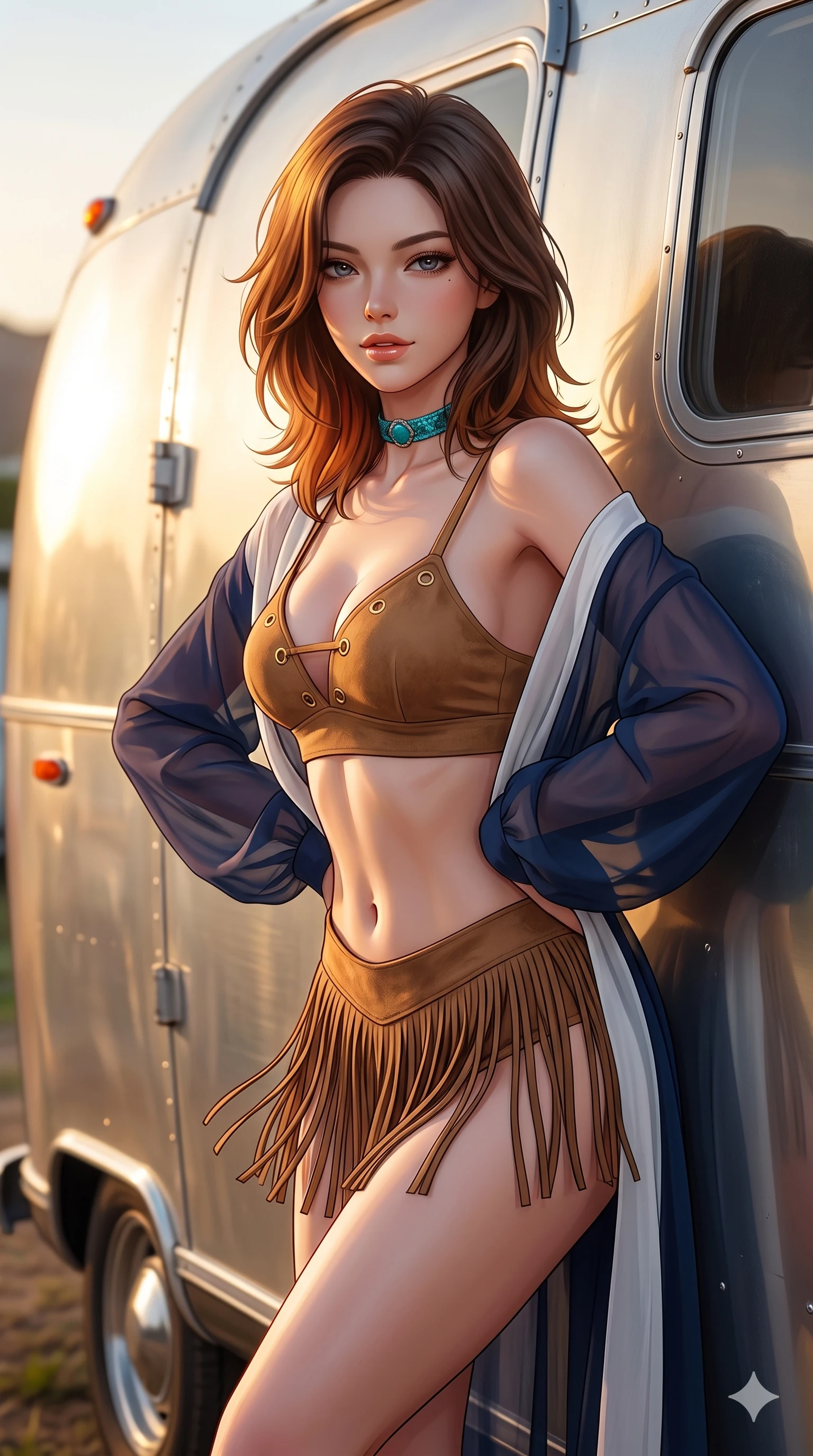 score_9, masterpiece, best quality, ultra-detailed, high-budget anime keyframe, semi-realistic 3D game render, editorial fashion photography, tasteful artistic composition, Korean woman. close-up cowboy shot from the waist and thighs up, the character dominates the composition, filling the frame with her large presence. leaning forward while arching her lower back to accentuate her curvy hips, looking into the camera with an intoxicating smoldering gaze and bedroom-eyes while leaning against the gleaming curved aluminum trailer hull with hips cocked back, looking into the camera with an intoxicating smoldering gaze. The surrounding environment is rendered in vivid detail and crisp panoramic clarity: detailed fringe suede vest texture, turquoise choker gleam, and vintage camping aesthetics in razor-sharp precision. She has an exceptionally elegant, slender, and willowy female figure with an ultra-slim waist, flat toned midriff, narrow ribcage, and sculpted feminine hips creating an alluring, slim hourglass silhouette without bulk. sharp v-shaped jawline, high-bridge nose, sparkling eyes with hypnotic seductive depth, thick curled eyelashes, glossy parted lips with a natural dewy peach sheen, alluring bedroom-eyes with an enchanting coquettish smile, exuding magnetic siren charisma and sophisticated glamour, flawlessly proportioned anatomical accuracy, strict slender model proportions, natural body alignment, perfectly sculpted long slender limbs, ultra-slim waistline, clean dynamic posture without body distortion. wearing a delicate sheer chiffon western duster robe slipping off bare shoulders over a matching strappy suede bralette in French Riviera navy and optic white with gold grommets, crafted from supple double-faced desert suede with an exceptionally soft matte finish, finished with a delicate leather fringe trim fluttering along her hip line with kinetic charm, the liquid-tight tailored fabric clinging flawlessly to her narrow waist and rounded feminine hips, emphasizing every millimeter of her sculpted slim hourglass curves without any bulky heaviness. illuminated by aluminum trailer reflection bounce and sharp amber-gold rim lighting sculpting her jawline, flat midriff, and voluptuous hip curves. highly saturated vibrant anime colors, detailed shading with soft gradients, rich glossy textures, high-contrast stereoscopic depth, volumetric dynamic lighting, master piece, 9:16 ratio