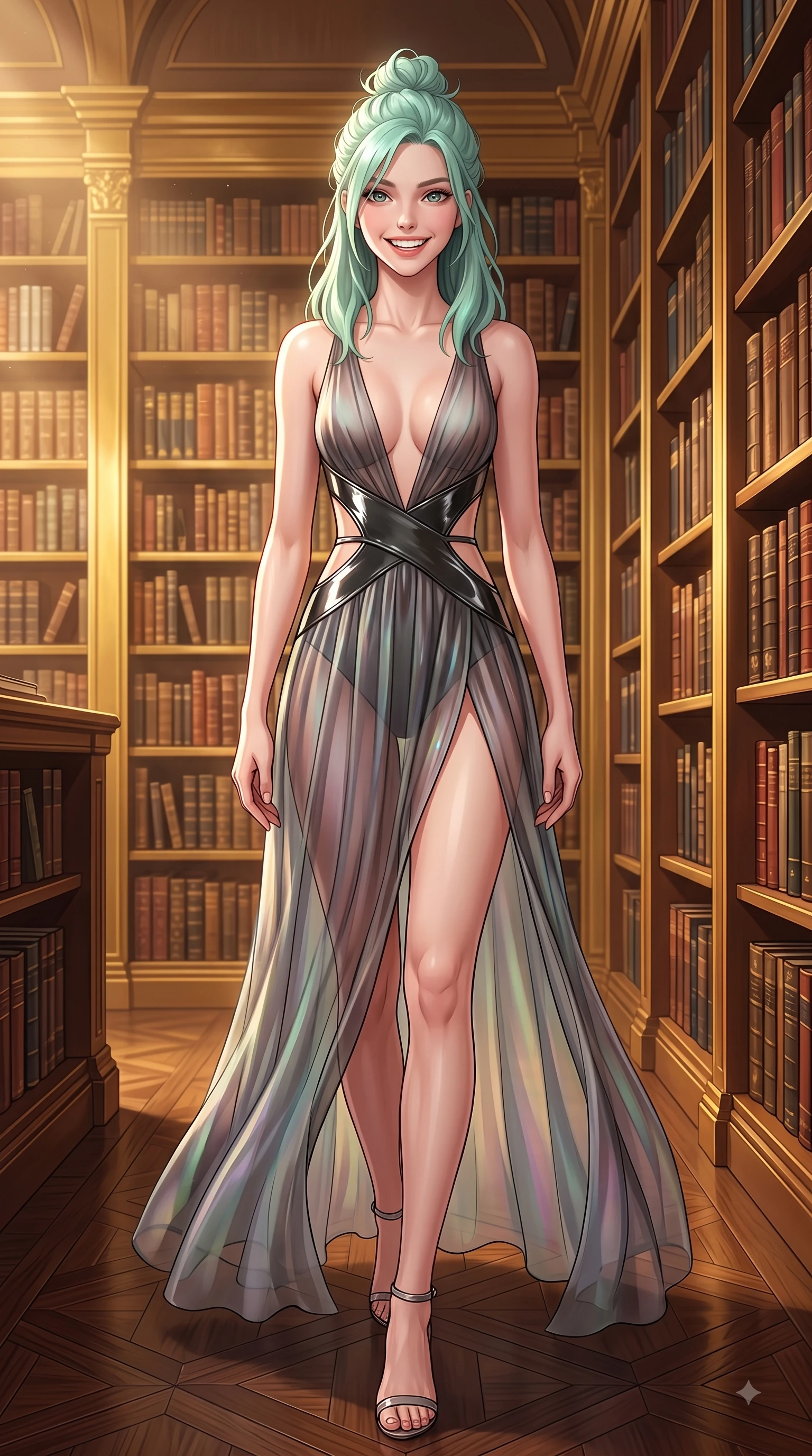 score_9, masterpiece, best quality, ultra-detailed, high-budget anime keyframe, editorial fashion photography, tasteful artistic composition, Japanese woman. low angle full-body shot from head to toe showing her feet, filling the entire 9:16 vertical frame with her statuesque presence, stretching her vertical silhouette. forging dynamically through the scene with a fresh infectious smile, her ultra-slim waist creating a sweeping curve while walking down a polished parquet aisle flanked by tall golden bookcases with a joyful grin, thousands of classic leather-bound volumes stacked along majestic wooden bookcases. She has an absolutely perfect, statuesque 8.5-heads proportion, an exceptionally tall and slender model-like female figure with impossibly long slender legs and an ultra-slim waist. sharp v-shaped jawline, high-bridge nose, intricate jewel-like eyes with depth, thick eyelashes, glossy lips with a natural sheen, flawlessly proportioned anatomical accuracy, natural body alignment, perfectly sculpted elegant limbs, clean dynamic posture without body distortion. wearing a translucent iridescent chiffon gown with a plunging neckline and open back in charcoal grey and platinum, tailored from high-gloss patent leather, featuring subtle geometric cutouts that highlight her ultra-slim midriff, the elegant draped fit framing her graceful clavicle and slender torso. bathed in warm golden dusty sunbeams and clear ambient library illumination. highly saturated vibrant anime colors, detailed shading with soft gradients, rich glossy textures, high-contrast stereoscopic depth, volumetric dynamic lighting, master piece, 9:16 ratio
