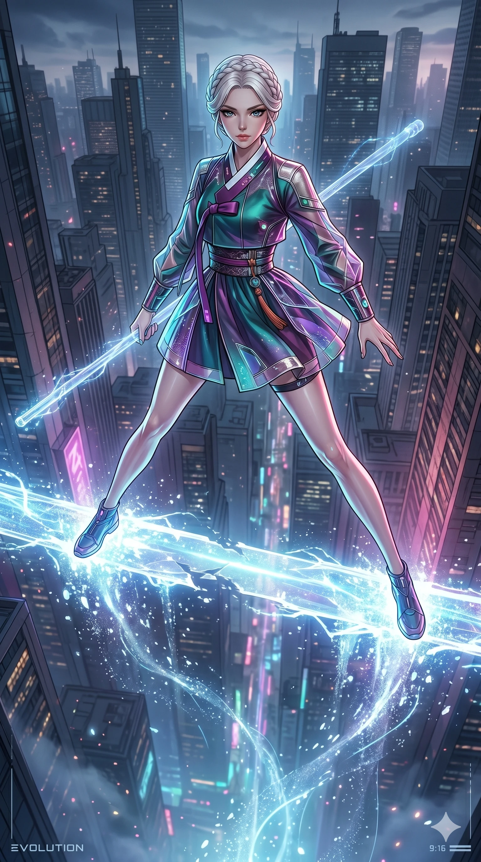 score_9, masterpiece, best quality, ultra-detailed, high-budget anime movie keyframe, cinematic anime lighting, intricate line art, Japanese woman. Dynamic full-body shot stretching the vertical silhouette with extreme perspective. standing on a bridge of light as it slowly dissolves into the air. She has an absolutely perfect 8-heads proportion, an exceptionally tall and slender female figure with an ultra-slim waist and impossibly long slender legs. strictly human anatomy, two legs only, no extra limbs, clearly defined legs and arms, perfect anatomy, perfect hands and fingers. sharp v-shaped jawline, high-bridge nose, intricate jewel-like eyes, thick eyelashes, glossy lips. Wearing Modern Traditional: Shortened cyber-hanbok with fusion silk robes and transparent panels. The scene is illuminated by dramatic atmospheric lighting and vibrant color palettes. , 2k, ultra detail, master piece, 9:16 ratio