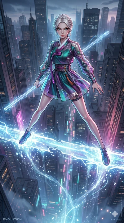 score_9, masterpiece, best quality, ultra-detailed, high-budget anime movie keyframe, cinematic anime lighting, intricate line art, Japanese woman. Dynamic full-body shot stretching the vertical silhouette with extreme perspective. standing on a brid