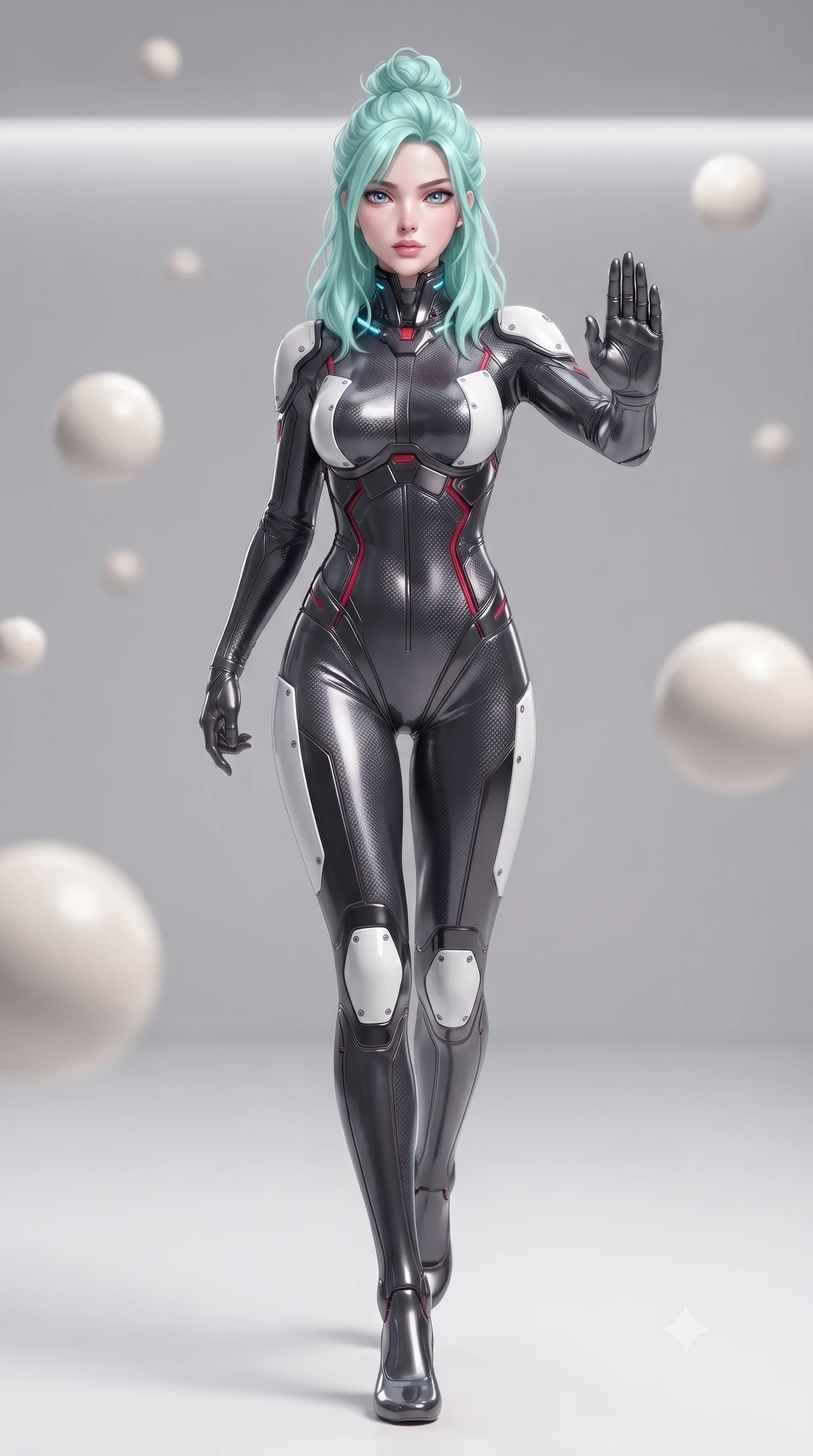 score_9, masterpiece, best quality, ultra-detailed, high-budget anime keyframe, editorial fashion photography, tasteful artistic composition, Japanese woman. low angle full-body shot from head to toe showing her feet, filling the entire 9:16 vertical frame with her statuesque presence, stretching her vertical silhouette. striding forward with sovereign warrior elegance in a low, predatory combat advance, hips swaying with fierce athletic poise from head to toe while hovering weightlessly with one palm extended in a calm Panzer Kunst guard stance, gazing into the lens with divine focus. The composition keeps background elements in soft focus with creamy bokeh. minimalist quartz dojo pillars and floating zero-G training spheres softened in smooth atmospheric depth of field. She has an absolutely perfect, statuesque 8.5-heads proportion, an exceptionally tall and slender model-like female figure with impossibly long slender legs, a toned flat midriff, and an ultra-slim waist. sharp v-shaped jawline, high-bridge nose, intricate jewel-like eyes with depth, thick eyelashes, glossy lips with a natural sheen, flawlessly proportioned anatomical accuracy, strict slender model proportions, natural body alignment, perfectly sculpted long slender limbs, ultra-slim waistline, clean dynamic posture without body distortion. wearing a second-skin dark gunmetal carbon-weave battle-suit with crimson laser conduits and high-frequency knuckle strike plates in monochrome white enamel carbon with high-contrast black panels, made of lightweight aerodynamic carbon-titanium alloy with polished edge bevels, featuring a sleek aerodynamic collar framed by subtle glowing cybernetic status LEDs, the glove-like aerodynamic second-skin fit tightly clinging to her ultra-slender waist and athletic curves without adding bulk, accentuating her razor-sharp statuesque lines and slim hourglass silhouette. surrounded by an awe-inspiring, serene, and radiantly supreme celestial martial goddess aura. ultra-reflective glossy finish, specular highlights, dark metallic sheen, high-contrast stereoscopic depth, volumetric dynamic lighting, 2k, ultra detail, master piece, 9:16 ratio