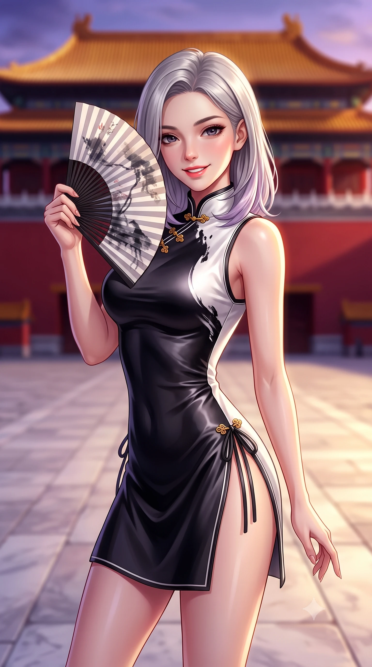score_9, masterpiece, best quality, ultra-detailed, high-budget anime keyframe, semi-realistic 3D game render, editorial fashion photography, tasteful artistic composition, Caucasian woman. close-up cowboy shot from the waist and thighs up, the character dominates the composition, filling the frame with her large presence. playfully unfurling a painted silk fan toward the lens, her radiant smile capturing fresh girlhood charm while her arched torso reveals an intoxicating hip contour while standing in the center of the vast marble courtyard before monumental red palace walls, arching her back with sovereign haute-couture majesty. The background shows a soft-focus the colossal Meridian Gate red walls and sweeping imperial yellow glazed roofs blurred into deep vermilion, ochre gold, and twilight violet bokeh. She has an exceptionally elegant, slender, and willowy female figure with an ultra-slim waist, flat toned midriff, narrow ribcage, and sculpted feminine hips creating an alluring, slim hourglass silhouette without bulk. sharp v-shaped jawline, high-bridge nose, intricate jewel-like dark sparkling almond eyes with depth, thick lashes, glossy parted lips with a natural rose-plum sheen, bright alluring and coquettish smile with bedroom-eyes, exuding both timeless oriental elegance and sovereign high-fashion allure, flawlessly proportioned anatomical accuracy, strict slender model proportions, natural body alignment, perfectly sculpted long slender limbs, ultra-slim waistline, clean dynamic posture without body distortion. wearing a form-contouring sleeveless turtleneck mini dress in liquid silk satin with subtle side hip ties and high slits in stark monochrome black and white ink contrast, crafted from heavy fluid silk satin with a liquid mirror-like sheen, accented with intricate gold frog buttons and a delicate mandarin collar, the glove-like silhouette tightly following the natural contour of her hips and long slender legs with youthful 8.5-heads elegance. bathed in dramatic twilight golden hour light streaming horizontally across the vast marble plaza. highly saturated vibrant anime colors, detailed shading with soft gradients, rich glossy textures, high-contrast stereoscopic depth, volumetric dynamic lighting, master piece, 9:16 ratio
