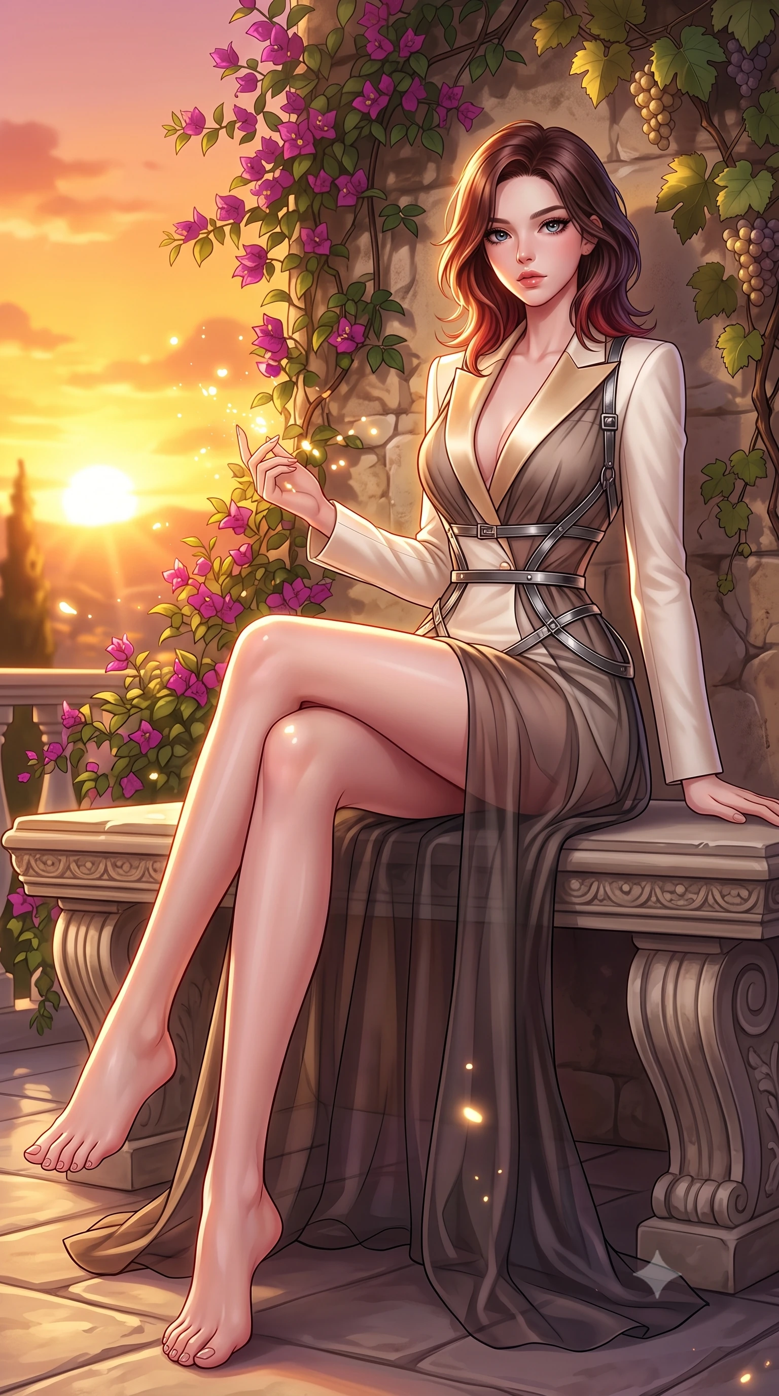 score_9, masterpiece, best quality, ultra-detailed, high-budget anime keyframe, editorial fashion photography, tasteful artistic composition, Korean woman. low angle full-body shot from head to toe showing her feet, filling the entire 9:16 vertical frame with her statuesque presence, stretching her vertical silhouette. interacting with glowing light particles, her long slender legs poised in motion, lounging on a stone bench surrounded by climbing bougainvillea and grapevines, effortless European resort luxury aesthetic. She has an absolutely perfect, statuesque 8.5-heads proportion, an exceptionally tall and slender model-like female figure with impossibly long slender legs and an ultra-slim waist. sharp v-shaped jawline, high-bridge nose, intricate jewel-like eyes with depth, thick eyelashes, glossy lips with a natural sheen. wearing tailored ivory tux dress with satin lapels and fitted waist in champagne gold, made of sheer dark organza overlay, highlighted by a gunmetal metallic harness structure, contouring every curve with an exceptionally elegant silhouette. surrounded by a radiant sunset ambiance with bright golden rim lights. highly saturated vibrant anime colors, detailed shading with soft gradients, rich glossy textures, high-contrast stereoscopic depth, volumetric dynamic lighting, master piece, 9:16 ratio