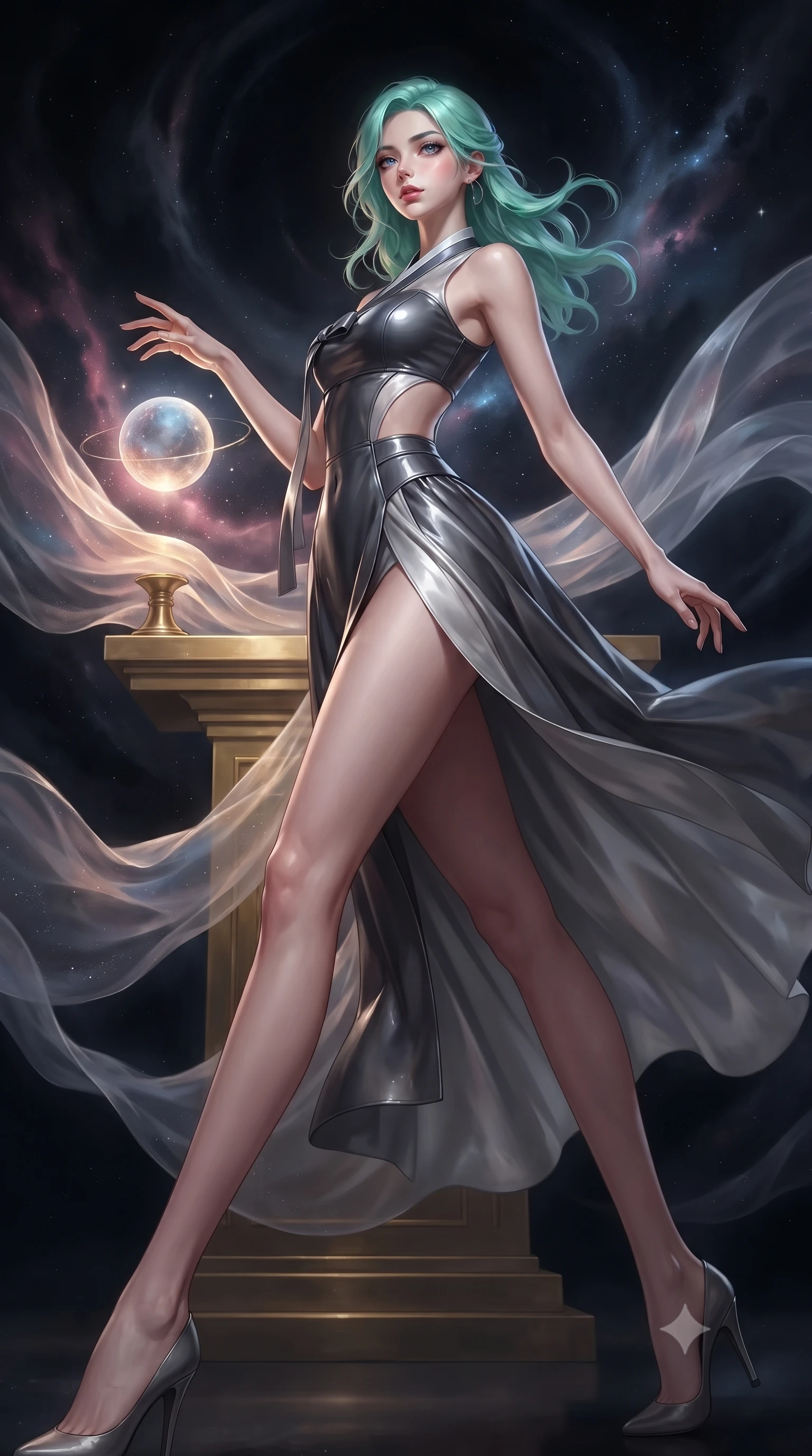 score_9, masterpiece, best quality, ultra-detailed, high-budget anime keyframe, editorial fashion photography, tasteful artistic composition, Japanese woman. low angle full-body shot from head to toe showing her feet, filling the entire 9:16 vertical frame with her statuesque presence, stretching her vertical silhouette. forging dynamically through the scene with her long slender legs and ultra-slim waist creating a sweeping S-curve while reaching her hand toward a glowing celestial orb hovering over a golden altar, translucent silk drapes swirling in a dynamic cosmic wind vortex. She has an absolutely perfect, statuesque 8.5-heads proportion, an exceptionally tall and slender model-like female figure with impossibly long slender legs and an ultra-slim waist. sharp v-shaped jawline, high-bridge nose, intricate jewel-like eyes with depth, thick eyelashes, glossy lips with a natural sheen, flawlessly proportioned anatomical accuracy, natural body alignment, perfectly sculpted elegant limbs, clean dynamic posture without body distortion. wearing a modern fusion silk hanbok dress with a structured bodice and flowing skirt in charcoal grey and platinum, tailored from high-gloss patent leather, featuring clean architectural cutouts along her slender torso, the tailored fabric tightly following every curve of her athletic build. bathed in dramatic cosmic pink and navy nebula backlighting with gold key light. ultra-reflective glossy finish, specular highlights, metallic sheen, high-contrast stereoscopic depth, volumetric dynamic lighting, 2k, ultra detail, master piece, 9:16 ratio