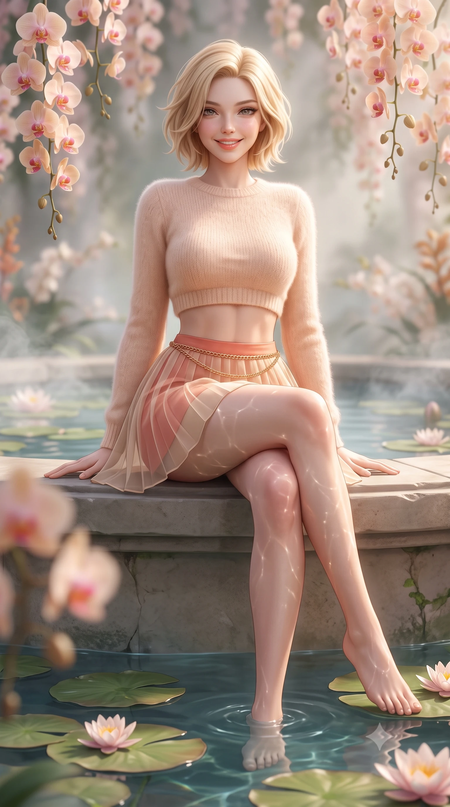 score_9, masterpiece, best quality, ultra-detailed, high-budget anime keyframe, semi-realistic 3D game render, editorial fashion photography, tasteful artistic composition, Caucasian woman. low angle full-body shot from head to toe showing her feet, filling the entire 9:16 vertical frame with her statuesque presence, stretching her vertical silhouette. sitting perched on the elevated edge with legs crossed and hips angled toward the camera, displaying her toned midriff and long slender limbs with a joyful, coquettish smile while wading lightly beside a tranquil stone lily pond with one knee bent, water caustics tracing her feminine hips and long slender legs. The composition keeps background elements in soft focus with dreamy creamy bokeh. cascading flowering orchids and misty water vapors softened in romantic botanical shallow focus. She has an exceptionally tall and slender model-like 8.5-heads proportion, an ultra-slim waist, a flat toned midriff, narrow delicate ribcage, and beautifully sculpted feminine hips creating a graceful, slim hourglass silhouette without any bulky heaviness, with impossibly long slender legs. sharp v-shaped jawline, high-bridge nose, intricate jewel-like sparkling eyes with depth, thick eyelashes, glossy parted lips with a natural peach sheen, bright cheerful beaming smile with an enchanting and coquettish sensual glint, exuding both youthful cute charm and seductive allure, flawlessly proportioned anatomical accuracy, strict slender model proportions, natural body alignment, perfectly sculpted long slender limbs, ultra-slim waistline, clean dynamic posture without body distortion. wearing a soft angora crop knit sweater with a sheer pleated organza mini skirt over an opaque silk slip in warm coral pink and soft oatmeal beige, formed from supple second-skin stretch ribbed knit clinging to her form, accented with a delicate gold chain belt resting loosely on her curvy hips, the form-contouring cut accentuating her sculpted flat midriff, narrow delicate ribcage, and gracefully curvy hips with supermodel precision. illuminated by sparkling pool water caustics sharply sculpting her razor-sharp jawline, narrow waist, and curvy hips. highly saturated vibrant anime colors, detailed shading with soft gradients, rich glossy textures, high-contrast stereoscopic depth, volumetric dynamic lighting, master piece, 9:16 ratio