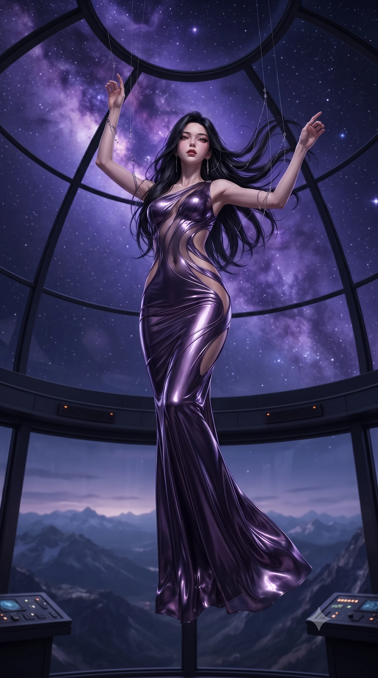 score_9, masterpiece, best quality, ultra-detailed, High-budget Anime Keyframe, editorial fashion photography, tasteful artistic composition, realistic cosplay photography, East Asian woman. Low angle cowboy shot filling the entire 9:16 frame with her statuesque presence. Scenario 356: suspended by invisible silk threads inside a high-altitude observatory dome under a swirling violet nebula. Her presence is magnetic and overpowering in this high-budget cinematic scene. Outfit 356: a body-hugging shimmering chiffon bare with a strategic side cut-outs and tight-fitting silhouette. The clothing is designed to emphasize her exceptionally tall and slender 8-heads proportion. 8-heads proportion, towering silhouette, ultra-slim waist. sharp v-shaped jawline, intricate jewel-like eyes with depth, thick eyelashes, glossy lips. ultra-reflective glossy finish, specular highlights, metallic sheen, high-contrast stereoscopic depth, volumetric dynamic lighting, 2k, ultra detail, master piece, 9:16 ratio