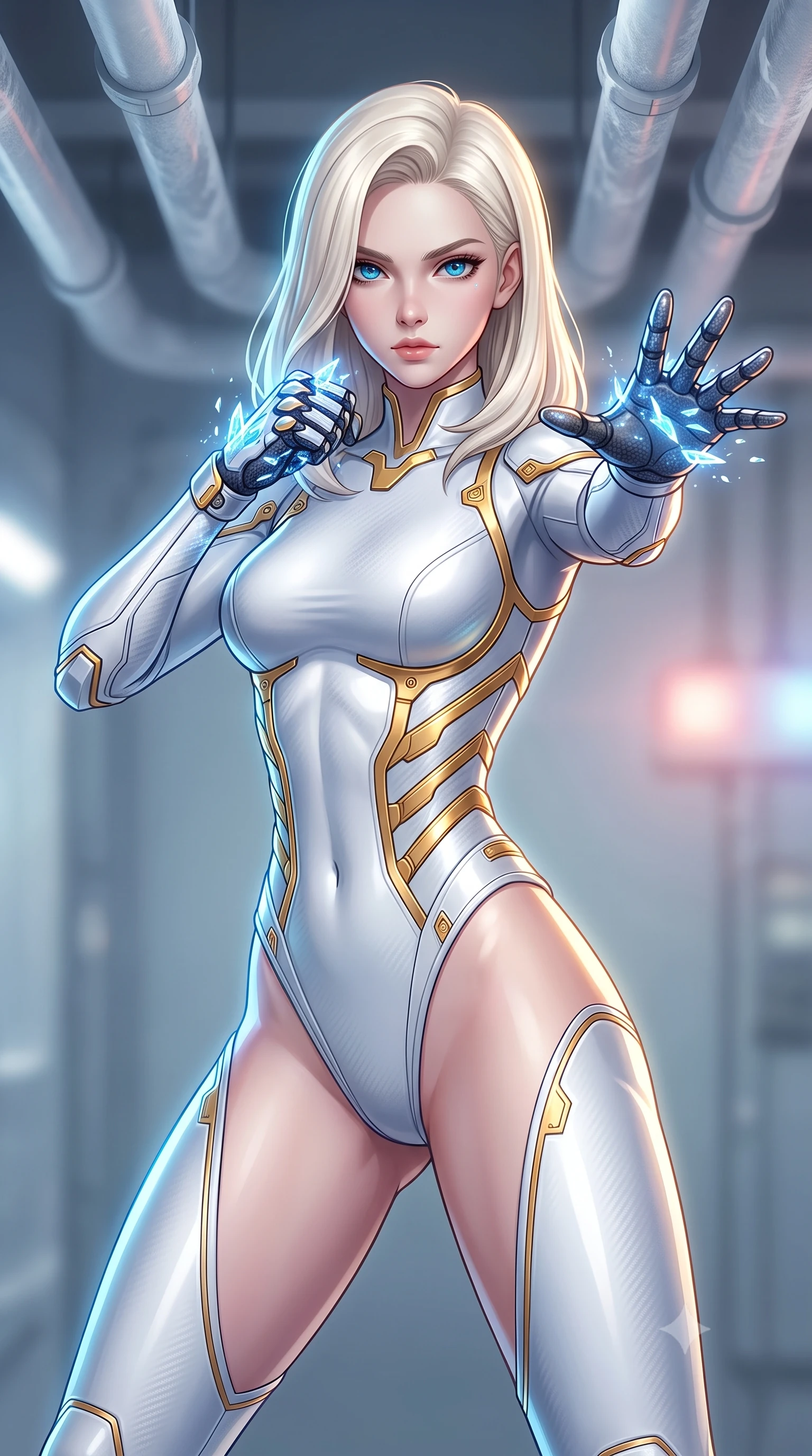 score_9, masterpiece, best quality, ultra-detailed, high-budget anime keyframe, semi-realistic 3D game render, editorial fashion photography, tasteful artistic composition, Caucasian woman. close-up cowboy shot from the waist and thighs up, the character dominates the composition, filling the frame with her large presence. in a razor-sharp Panzer Kunst fighting guard, one hand extended with palm open in fluid kinetic tension, captivating jewel-like eyes locked onto the viewer with dangerous focus while arching her spine in a fluid martial stretch as sub-zero energy crystals form along her carbon knuckle guards. The composition keeps background elements in soft focus with creamy bokeh. overhead frosted conduit pipes and emergency strobe lights softened in quiet atmospheric focus. She has an exceptionally elegant, slender, and willowy female figure with an ultra-slim waist, a gracefully sculpted slender torso, toned flat midriff, and a refined slim silhouette. sharp v-shaped jawline, high-bridge nose, intricate jewel-like eyes with depth, thick eyelashes, glossy lips with a natural sheen, flawlessly proportioned anatomical accuracy, strict slender model proportions, natural body alignment, perfectly sculpted long slender limbs, ultra-slim waistline, clean dynamic posture without body distortion. wearing a precision-tailored high-fashion carbon-fiber corset bodysuit with gold mechanical rib boning and kinetic shock-dampening palms in arctic white carbon composite with radiant solar gold plating, crafted from ultra-strong woven carbon-fiber composite with a satin luster, finished with high-mobility flexible limb seams and miniature magnetic armor locks, the sleek second-skin cut tightly hugging her graceful clavicle, narrow waist, and feminine curves with athletic precision. illuminated by crisp specular ice refractions outlining her ultra-slim waist, long legs, and flat midriff. rich saturated anime colors with glowing neon highlights, detailed shading with soft gradients, rich glossy textures, high-contrast stereoscopic depth, volumetric dynamic lighting, master piece, 9:16 ratio