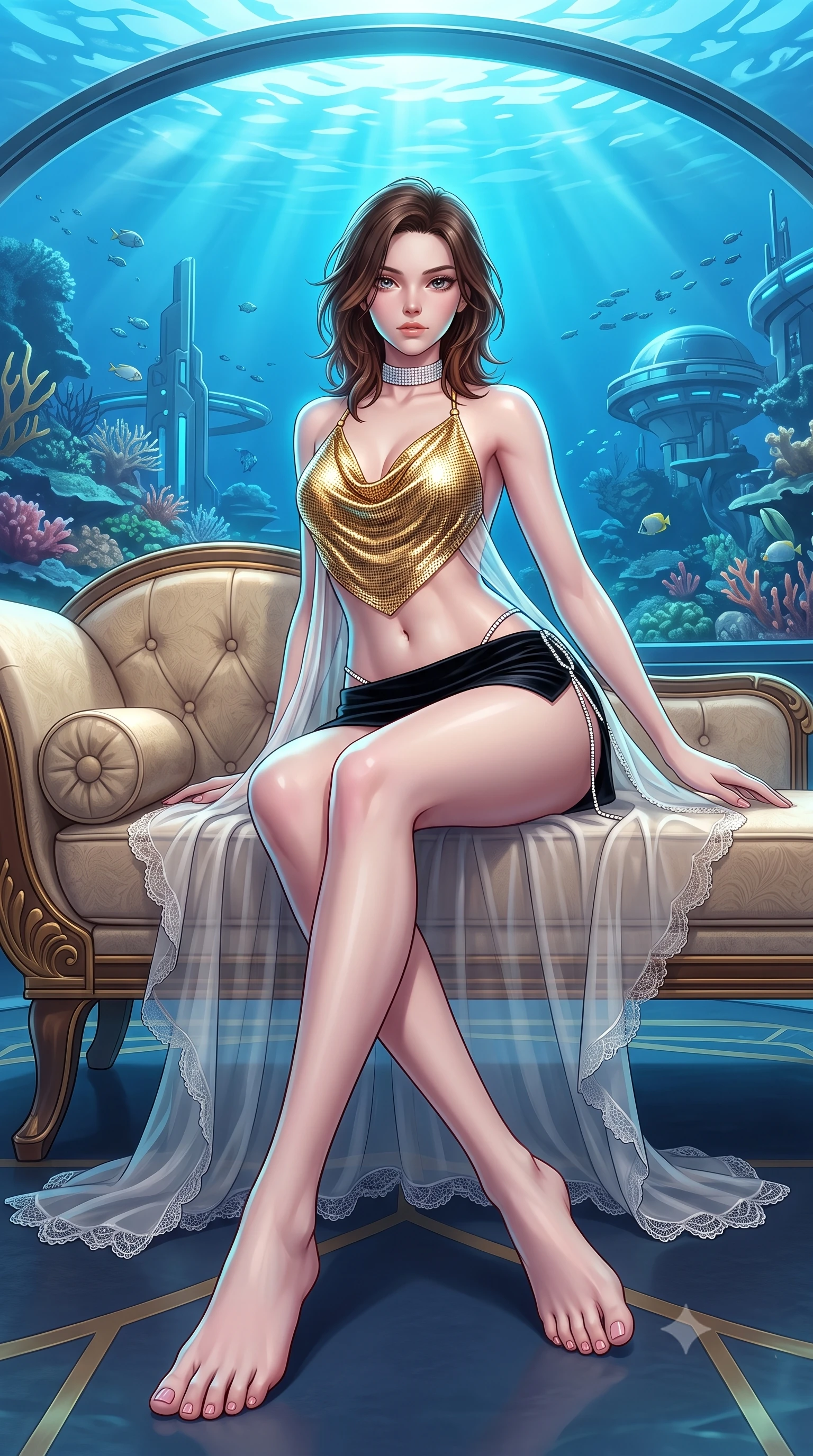 score_9, masterpiece, best quality, ultra-detailed, high-budget anime keyframe, semi-realistic 3D game render, editorial fashion photography, tasteful artistic composition, Korean woman. low angle full-body shot from head to toe showing her feet, filling the entire 9:16 vertical frame with her statuesque presence, stretching her vertical silhouette. lounging on the lavish daybed with legs crossed and hips angled toward the camera, displaying her toned midriff and long slender limbs with effortless siren poise while standing poised beneath the 180-degree curved acrylic ceiling five meters beneath the ocean surface, arching her spine with breathtaking siren elegance. The surrounding environment is rendered in vivid detail and crisp panoramic clarity: detailed strapless boned corset gown weave, diamond choker shine, and futuristic marine engineering in razor-sharp precision. She has an absolutely perfect, statuesque 8.5-heads proportion, an exceptionally tall and slender model-like female figure with impossibly long slender legs, an ultra-slim waist, a flat toned midriff, narrow delicate ribcage, and beautifully sculpted feminine hips creating a graceful, slim hourglass silhouette without any bulky heaviness. sharp v-shaped jawline, high-bridge nose, sparkling eyes with hypnotic seductive depth, thick curled eyelashes, glossy parted lips with a natural dewy peach sheen, alluring bedroom-eyes with an enchanting coquettish smile, exuding magnetic siren charisma and sophisticated glamour, flawlessly proportioned anatomical accuracy, strict slender model proportions, natural body alignment, perfectly sculpted long slender limbs, ultra-slim waistline, clean dynamic posture without body distortion. wearing a liquid gold chainmail cowl halter top paired with an ultra-low-rise velvet mini skirt and side rhinestone ties in Shanghai Art Deco black and polished brass gold, made of sheer gossamer chiffon that drapes softly against skin with airy translucence, finished with scalloped eyelash lace trim framing her sweetheart neckline with intimate elegance, the form-contouring silhouette accentuating her sculpted flat midriff, narrow delicate ribcage, and gracefully curvy hips with intoxicating allure. illuminated by dome acrylic reflection fill and sharp electric-cyan rim lights sculpting her jawline, flat midriff, and voluptuous hip curves. highly saturated vibrant anime colors, detailed shading with soft gradients, rich glossy textures, high-contrast stereoscopic depth, volumetric dynamic lighting, master piece, 9:16 ratio