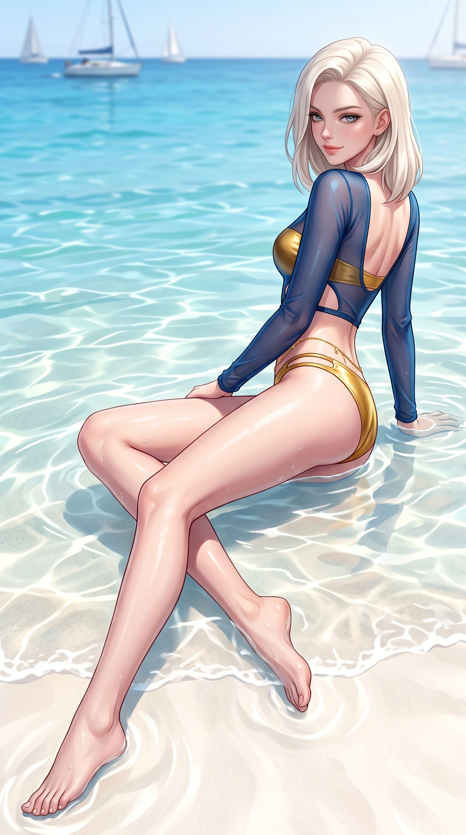 score_9, masterpiece, best quality, ultra-detailed, high-budget anime keyframe, semi-realistic 3D game render, editorial fashion photography, tasteful artistic composition, Caucasian woman. low angle full-body shot from head to toe showing her feet, filling the entire 9:16 vertical frame with her statuesque presence, stretching her vertical silhouette. walking along the terrace with poise, looking back over her bare shoulder with an irresistible smoldering bedroom-gaze while lounging in the shallow water over smooth sand with legs extended, water gently lapping her thighs as she casts a smoldering bedroom-gaze. The background shows a soft-focus distant sailing yachts softened in pristine Mediterranean island shallow focus. She has an absolutely perfect, statuesque 8.5-heads proportion, an exceptionally tall and slender model-like female figure with impossibly long slender legs, an ultra-slim waist, a flat toned midriff, narrow delicate ribcage, and beautifully sculpted feminine hips creating a graceful, slim hourglass silhouette without any bulky heaviness. sharp v-shaped jawline, high-bridge nose, sparkling eyes with hypnotic seductive depth, thick curled eyelashes, glossy parted lips with a natural dewy peach sheen, alluring bedroom-eyes with an enchanting coquettish smile, exuding magnetic siren charisma and sophisticated glamour, flawlessly proportioned anatomical accuracy, strict slender model proportions, natural body alignment, perfectly sculpted long slender limbs, ultra-slim waistline, clean dynamic posture without body distortion. wearing a sheer gossamer mesh long-sleeve rashguard crop top layered over an opaque strappy bandeau and low-waisted briefs in molten liquid gold and deep ocean sapphire, tailored from ultra-soft distressed suede with velvety hand-feel and rich shadow depth, accented with a dainty gold belly chain resting across her flat midriff and curving hips, the precision-cut side openings and low-back scoop framing her graceful spine and the sensual sweep of her slim, toned hips. bathed in dazzling midday Mediterranean sunlight penetrating straight down to the white sand sea floor. highly saturated vibrant anime colors, detailed shading with soft gradients, rich glossy textures, high-contrast stereoscopic depth, volumetric dynamic lighting, master piece, 9:16 ratio
