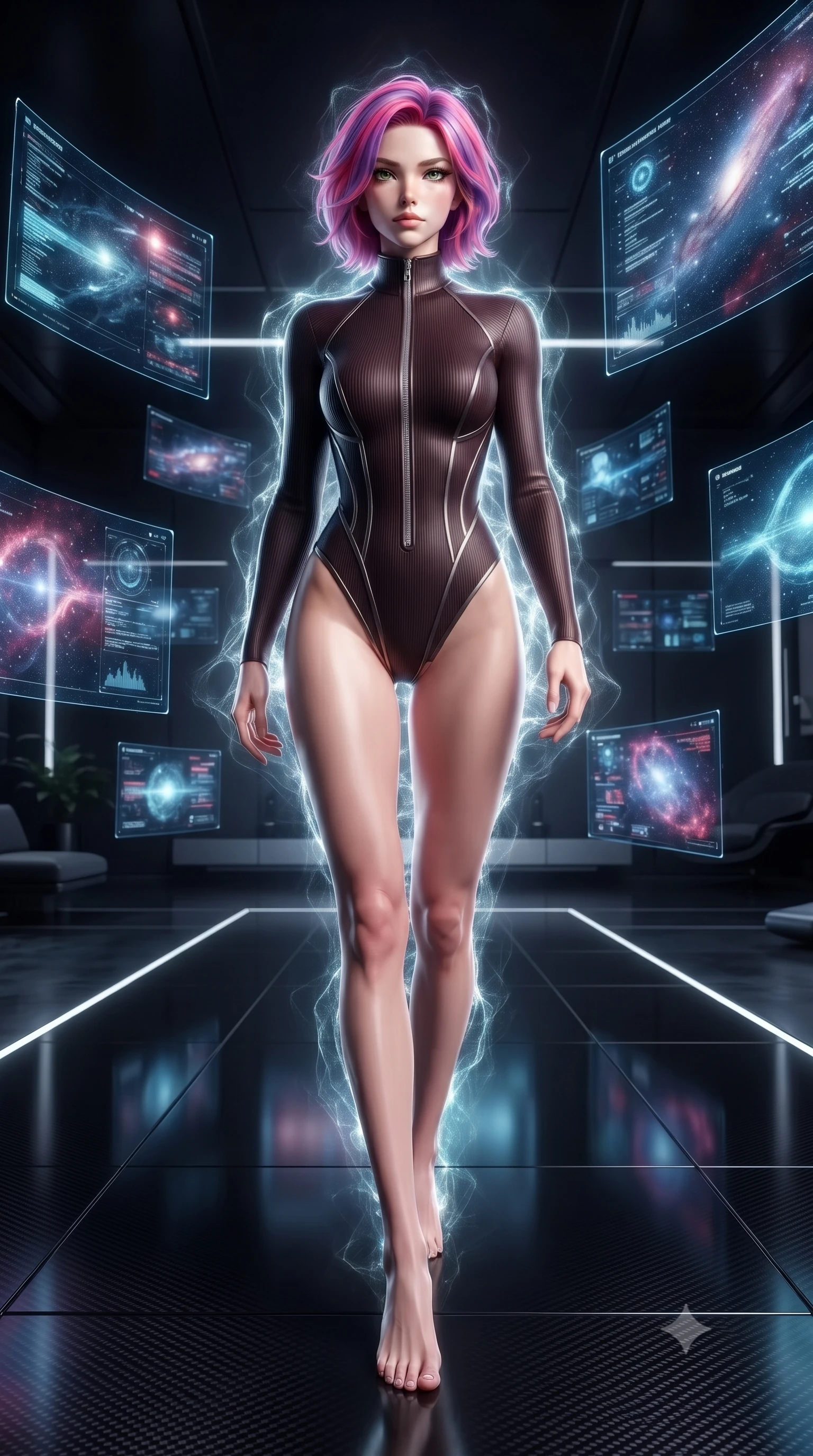 score_9, masterpiece, best quality, ultra-detailed, high-budget anime keyframe, editorial fashion photography, tasteful artistic composition, Caucasian woman. low angle full-body shot from head to toe showing her feet, filling the entire 9:16 vertical frame with her statuesque presence, stretching her vertical silhouette. navigating the private sanctuary with an effortless, graceful stride, standing in a high-tech apartment filled with floating holographic silk tapestries, dark carbon fiber floor creating sharp specular mirror reflections. She has an absolutely perfect, statuesque 8.5-heads proportion, an exceptionally tall and slender model-like female figure with impossibly long slender legs and an ultra-slim waist. sharp v-shaped jawline, high-bridge nose, intricate jewel-like eyes with depth, thick eyelashes, glossy lips with a natural sheen. wearing sleek high-neck ribbed activewear bodysuit in matte black in dark mahogany, made of matte carbon-fiber weave, finished with metallic silver boning and sleek zipper points, contouring every curve with an exceptionally elegant silhouette. surrounded by a glowing matrix aura with sharp edge highlights. ultra-reflective glossy finish, specular highlights, metallic sheen, high-contrast stereoscopic depth, volumetric dynamic lighting, 2k, ultra detail, master piece, 9:16 ratio