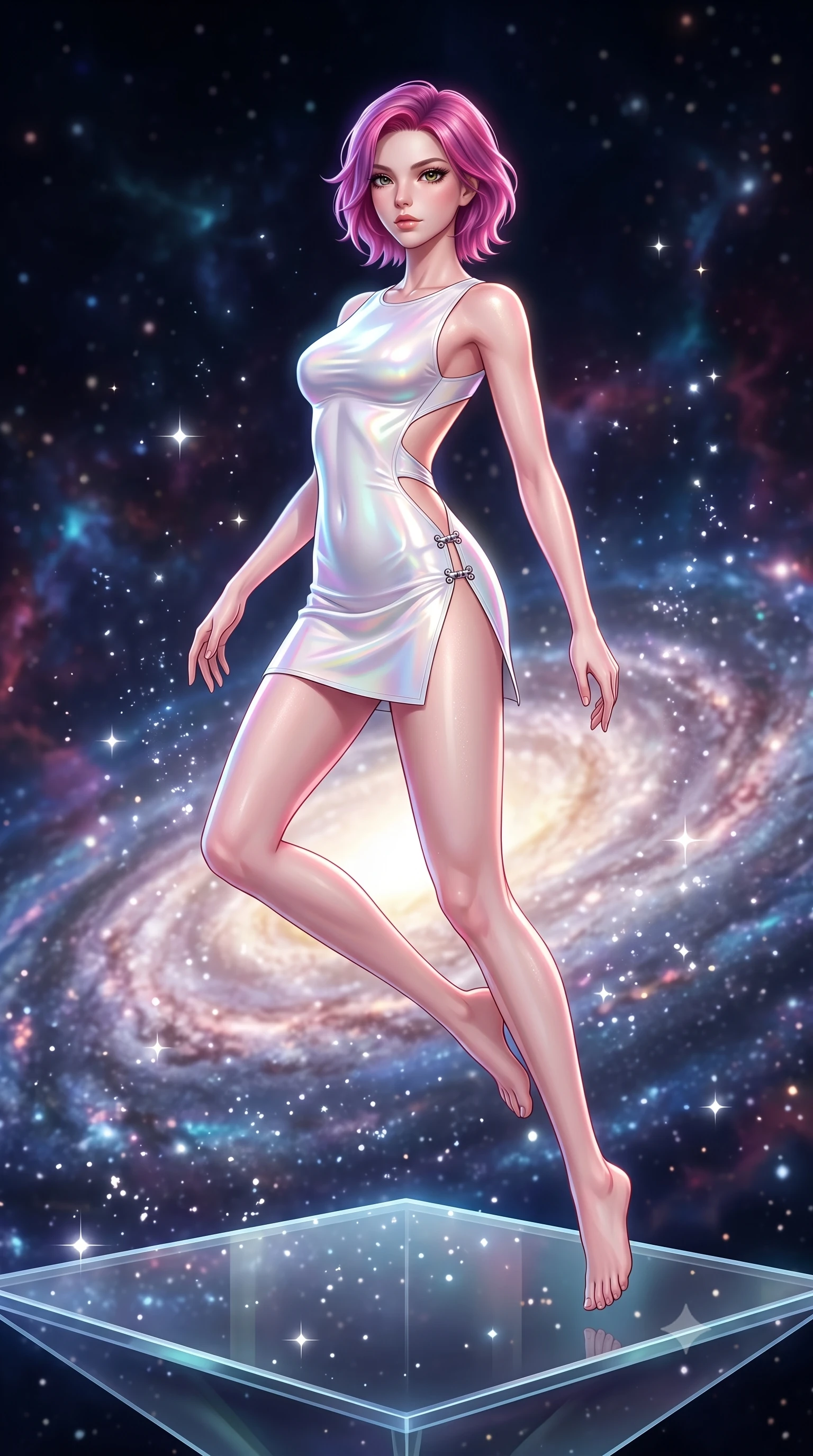 score_9, masterpiece, best quality, ultra-detailed, high-budget anime keyframe, semi-realistic 3D game render, editorial fashion photography, tasteful artistic composition, Caucasian woman. low angle full-body shot from head to toe showing her feet, filling the entire 9:16 vertical frame with her statuesque presence, stretching her vertical silhouette. leaping through mid-air with an athletic yet alluring arch of her spine, her impossibly long slender legs stretched in flawless poise while floating weightlessly on an open diamond-glass platform suspended in the vacuum of space amidst a swirling spiral galaxy. The composition keeps background elements in soft focus with creamy bokeh. sparkling diamond stardust motes scattering celestial light across a deep space backdrop. She has an absolutely perfect, statuesque 8.5-heads proportion, an exceptionally tall and slender model-like female figure with impossibly long slender legs, a toned flat midriff, and an ultra-slim waist. sharp v-shaped jawline, high-bridge nose, intricate jewel-like eyes with depth, thick eyelashes, glossy lips with a natural sheen, flawlessly proportioned anatomical accuracy, strict slender model proportions, natural body alignment, perfectly sculpted long slender limbs, ultra-slim waistline, clean dynamic posture without body distortion. wearing a second-skin fashion-latex mini dress with a clean architectural front, featuring an open-back design that wraps around the sides of her waist, showcasing her slender silhouette in glistening liquid pearl white with rainbow opalescence, made of liquid metal jersey that clings flawlessly to every contour of her build, finished with an ultra-high side slit secured by miniature magnetic clasps, the liquid-tight tailored fabric emphasizing every curve of her tall, slender model proportions and sculptured silhouette during dynamic movement. bathed in radiant starlight brilliance and multi-colored nebula ambient illumination. highly saturated vibrant anime colors, detailed shading with soft gradients, rich glossy textures, high-contrast stereoscopic depth, volumetric dynamic lighting, master piece, 9:16 ratio