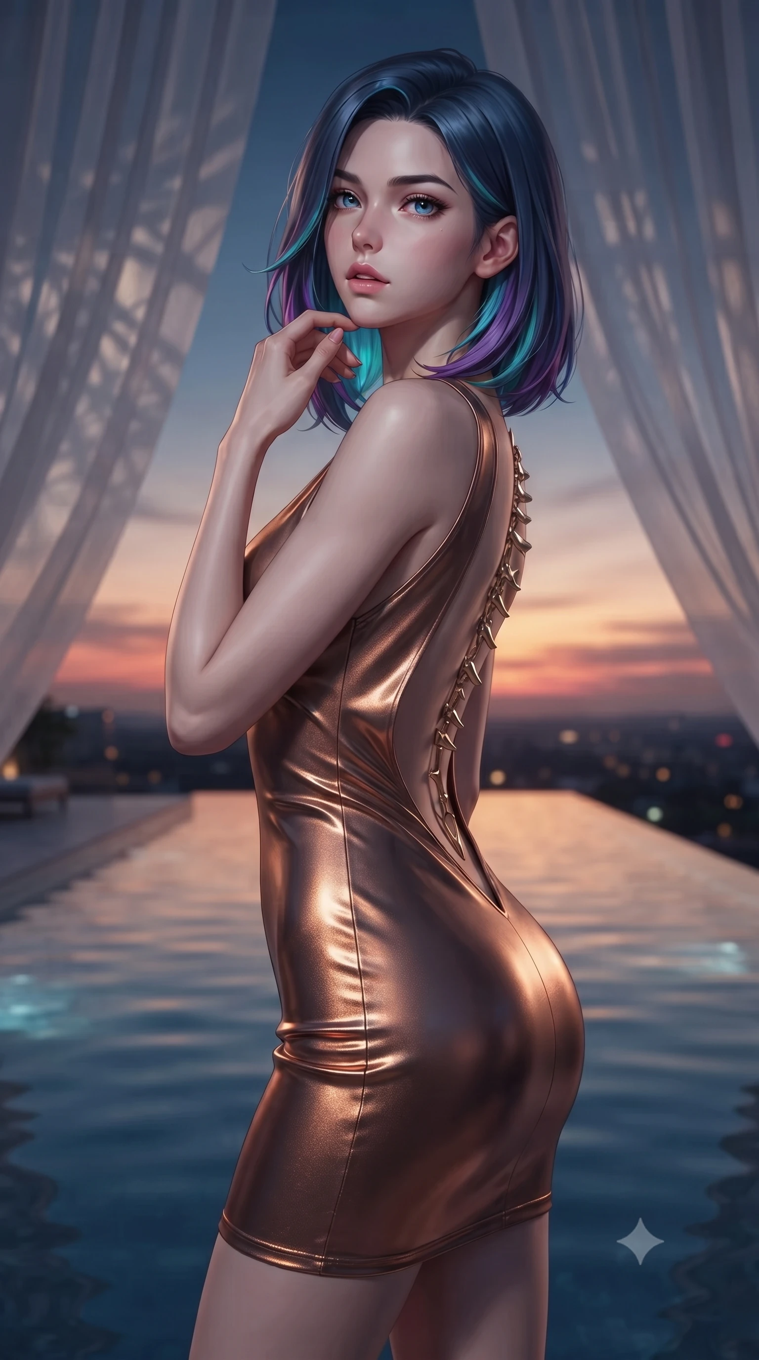 score_9, masterpiece, best quality, ultra-detailed, high-budget anime keyframe, editorial fashion photography, tasteful artistic composition, Caucasian woman, strictly human ears. close-up cowboy shot from the waist and thighs up, the character dominates the composition, filling the frame with her large presence, background elements kept in soft focus. Tilting her chin up slightly with lips parted in a composed expression. set against a soft-focus background of standing at the vanishing edge of a rooftop infinity pool at twilight where the still water surface blends seamlessly into the sunset horizon creating the illusion of swimming into the sky. She has an exceptionally elegant and slender, willowy female figure with an ultra-slim waist, a gracefully sculpted slender torso, and a refined slim physique. sharp v-shaped jawline, high-bridge nose, intricate jewel-like eyes with depth, thick eyelashes, glossy lips with a natural sheen. wearing a deep-V bodycon mini dress in shifting liquid bronze, featuring a dramatic open back and gold spine hardware. cold silver moonlight filtered through translucent gossamer curtains casting delicate shadows. 2k, ultra detail, master piece, 9:16 ratio