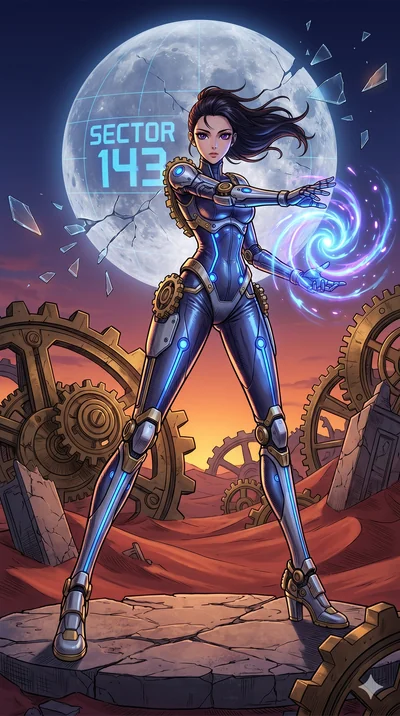 score_9, masterpiece, best quality, ultra-detailed, Set A: High-budget Anime Keyframe, Korean woman. Low angle cowboy shot filling the entire 9:16 frame with her statuesque presence. Casting a spell through a clockwork desert, with a massive holograp