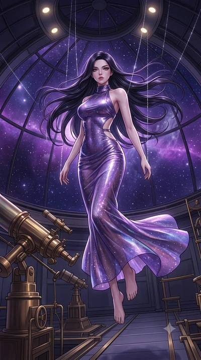 score_9, masterpiece, best quality, ultra-detailed, High-budget Anime Keyframe, East Asian woman. Low angle cowboy shot filling the entire 9:16 frame with her statuesque presence. Scenario 356: suspended by invisible silk threads inside a high-altitu