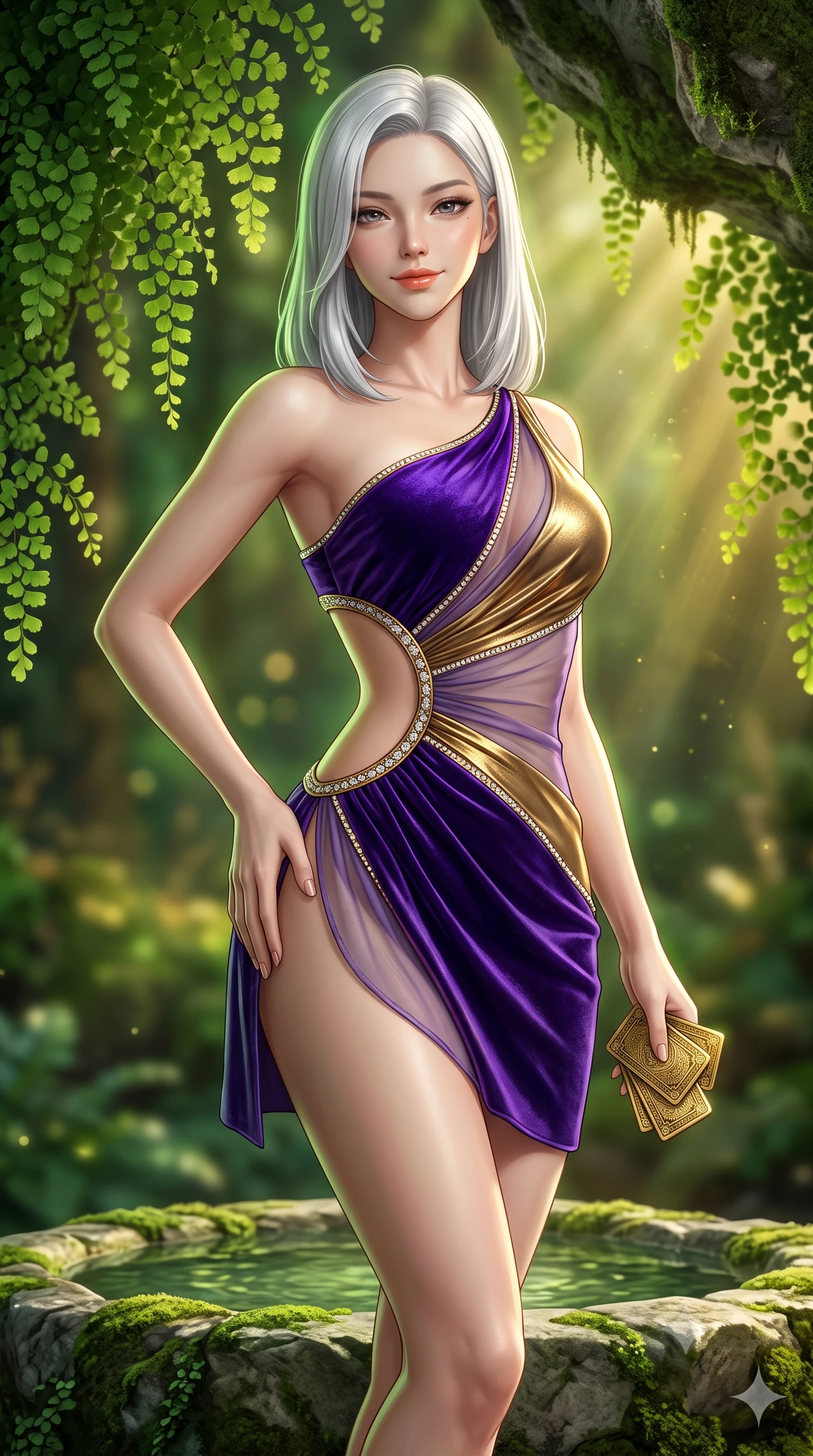 score_9, masterpiece, best quality, ultra-detailed, high-budget anime keyframe, semi-realistic 3D game render, editorial fashion photography, tasteful artistic composition, Korean woman. close-up cowboy shot from the waist and thighs up, the character dominates the composition, filling the frame with her large presence. tilting her head with a teasing half-smile, running one hand slowly down the side of her hip in a flirtatious S-curve as ambient light caresses her silhouette while standing poised on the natural stone basin floor beneath cascading maidenhair ferns, arching her back with breathtaking nymph purity and allure. The background shows a soft-focus cascading maidenhair ferns, mossy limestone overhangs, and visible golden sunbeams cutting through forest air blurred into emerald, olive, and gold bokeh. She has an exceptionally elegant, slender, and willowy female figure with an ultra-slim waist, flat toned midriff, narrow ribcage, and sculpted feminine hips creating an alluring, slim hourglass silhouette without bulk. sharp v-shaped jawline, high-bridge nose, sparkling eyes with hypnotic seductive depth, thick curled eyelashes, glossy parted lips with a natural dewy peach sheen, alluring bedroom-eyes with an enchanting coquettish smile, exuding magnetic siren charisma and sophisticated glamour, flawlessly proportioned anatomical accuracy, strict slender model proportions, natural body alignment, perfectly sculpted long slender limbs, ultra-slim waistline, clean dynamic posture without body distortion. wearing an asymmetric one-shoulder metallic cocktail mini dress with a dramatic side cutout hugging her waist and hips in high-roller royal purple velvet and gilded bronze with crystal trims, made of sheer gossamer chiffon that drapes softly against skin with airy translucence, accented with a stack of engraved gold casino plaques held loosely in one hand, the high-slit wrap tailoring accentuating her ultra-slim waistline and the enchanting curve of her feminine hips with alluring seductive charm. illuminated by spring water bounce and sharp golden-green rim lights defining her razor-sharp jawline, narrow waist, and voluptuous hip curves. highly saturated vibrant anime colors, detailed shading with soft gradients, rich glossy textures, high-contrast stereoscopic depth, volumetric dynamic lighting, master piece, 9:16 ratio