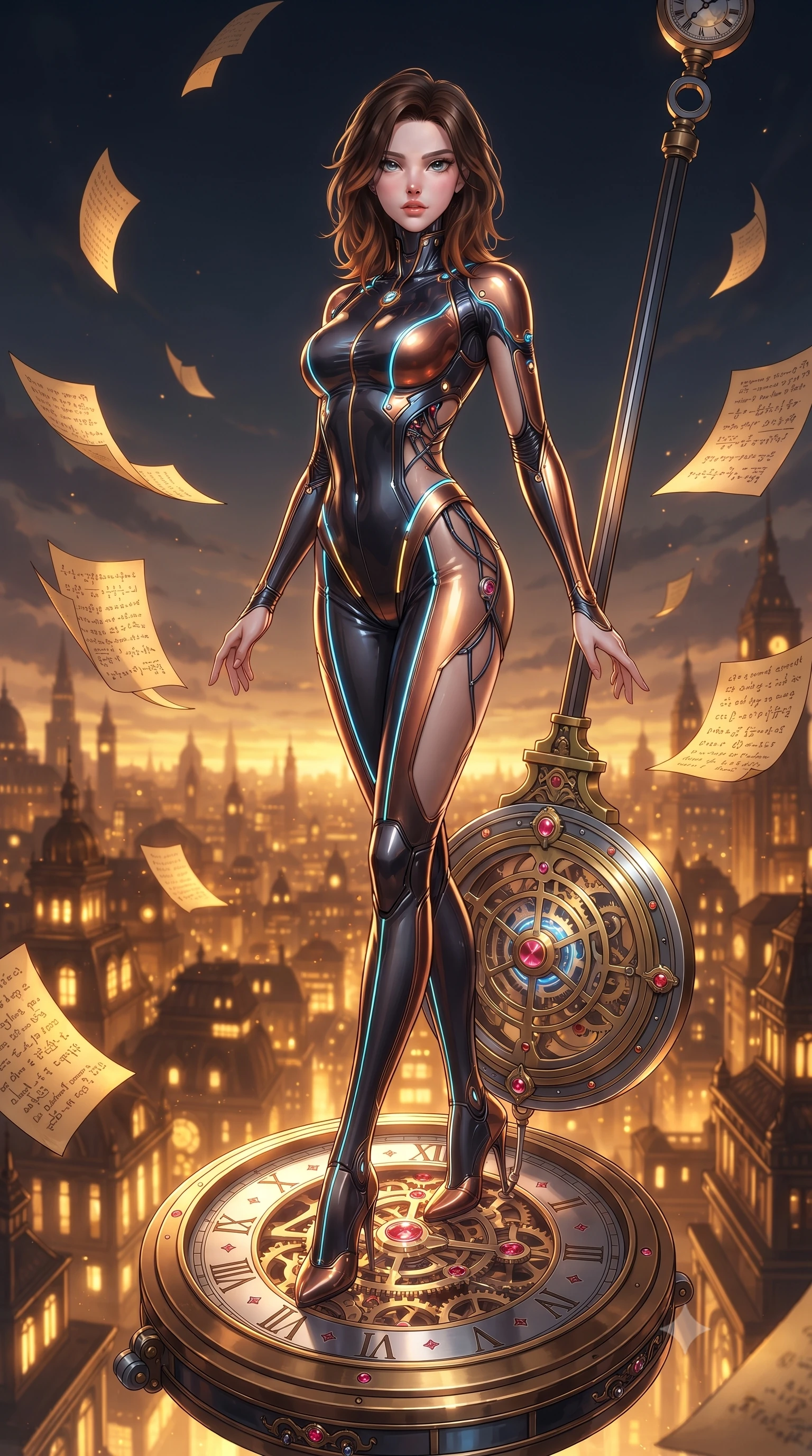 score_9, masterpiece, best quality, ultra-detailed, high-budget anime keyframe, editorial fashion photography, tasteful artistic composition, Korean woman. low angle full-body shot from head to toe showing her feet, filling the entire 9:16 vertical frame with her statuesque presence, stretching her vertical silhouette. navigating the luminous space with effortless poise, displaying her perfect model proportions poised on a massive mechanical clock pendulum swinging over a golden city, golden paper pages fluttering gently around her in a magical breeze. She has an absolutely perfect, statuesque 8.5-heads proportion, an exceptionally tall and slender model-like female figure with impossibly long slender legs and an ultra-slim waist. sharp v-shaped jawline, high-bridge nose, intricate jewel-like eyes with depth, thick eyelashes, glossy lips with a natural sheen. wearing a skin-tight cybernetic bodysuit with glowing neon seams and suggestive side cutouts, the form-contouring material highlighting her ultra-slim waist and long lines. bathed in warm twilight amber backlighting and rich metallic specular glow. ultra-reflective glossy finish, specular highlights, metallic sheen, high-contrast stereoscopic depth, volumetric dynamic lighting, 2k, ultra detail, master piece, 9:16 ratio