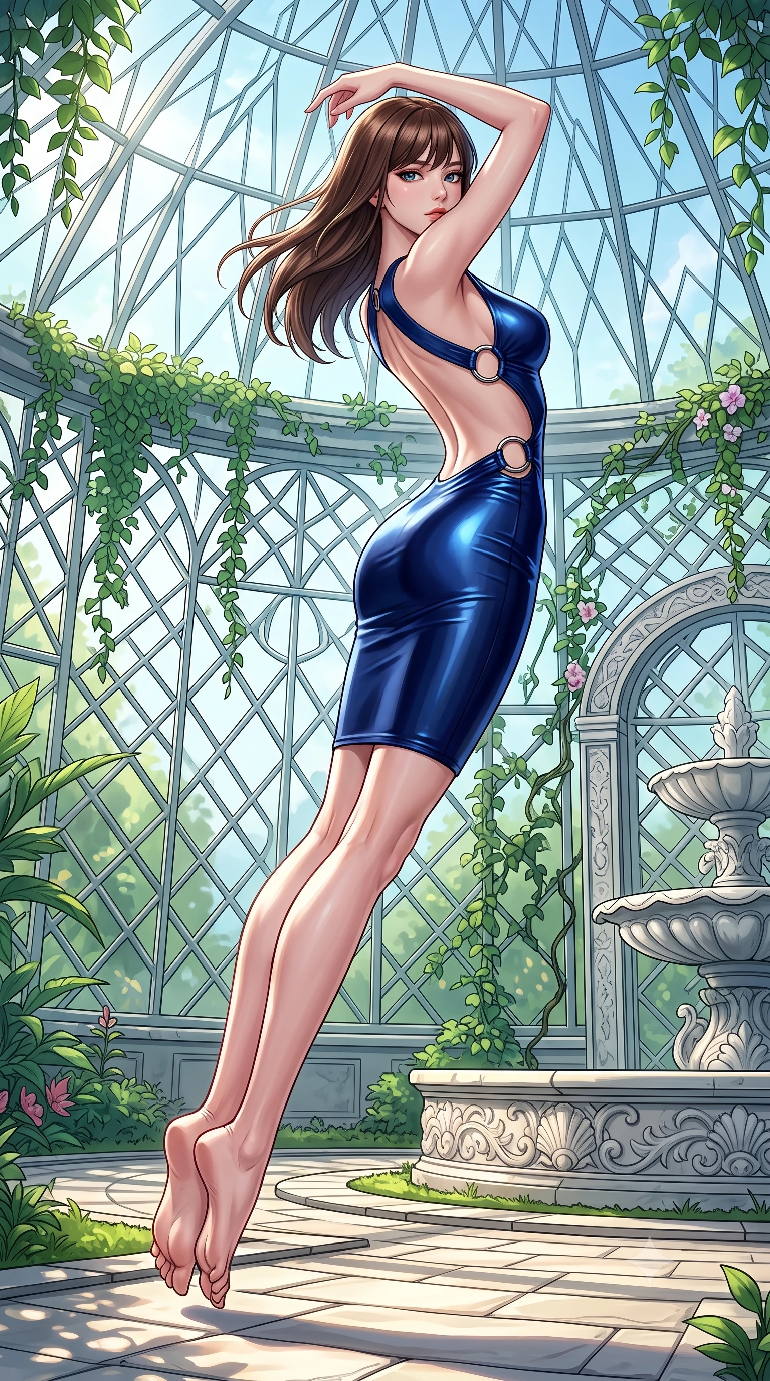 score_9, masterpiece, best quality, ultra-detailed, high-budget anime keyframe, semi-realistic 3D game render, editorial fashion photography, tasteful artistic composition, Korean woman. low angle full-body shot from head to toe showing her feet, filling the entire 9:16 vertical frame with her statuesque presence, stretching her vertical silhouette. leaping through mid-air with an athletic yet alluring arch of her spine, her impossibly long slender legs stretched in flawless poise while leaning against a sun-drenched geometric glass dome wall framed by trailing emerald vines and rare blossoms. The surrounding environment is rendered in vivid detail and crisp panoramic clarity. crisp glass geometric lattices, marble fountain carvings, and sunlit stone pathways in high resolution. She has an absolutely perfect, statuesque 8.5-heads proportion, an exceptionally tall and slender model-like female figure with impossibly long slender legs, a toned flat midriff, and an ultra-slim waist. sharp v-shaped jawline, high-bridge nose, intricate jewel-like eyes with depth, thick eyelashes, glossy lips with a natural sheen, flawlessly proportioned anatomical accuracy, strict slender model proportions, natural body alignment, perfectly sculpted long slender limbs, ultra-slim waistline, clean dynamic posture without body distortion. wearing a second-skin fashion-latex mini dress with a clean architectural front, featuring an open-back design that wraps around the sides of her waist, showcasing her slender silhouette in deep royal navy blue and specular chrome, made of liquid metal jersey that clings flawlessly to every contour of her build, detailed with polished silver rings connecting the daring side-waist cutouts, the form-contouring material adhering flawlessly to her sculpted flat midriff and slender torso, emphasizing her long leg lines and perfectly proportioned willowy build. surrounded by a bright, pristine, and captivatingly fresh botanical sanctuary atmosphere. highly saturated vibrant anime colors, detailed shading with soft gradients, rich glossy textures, high-contrast stereoscopic depth, volumetric dynamic lighting, master piece, 9:16 ratio