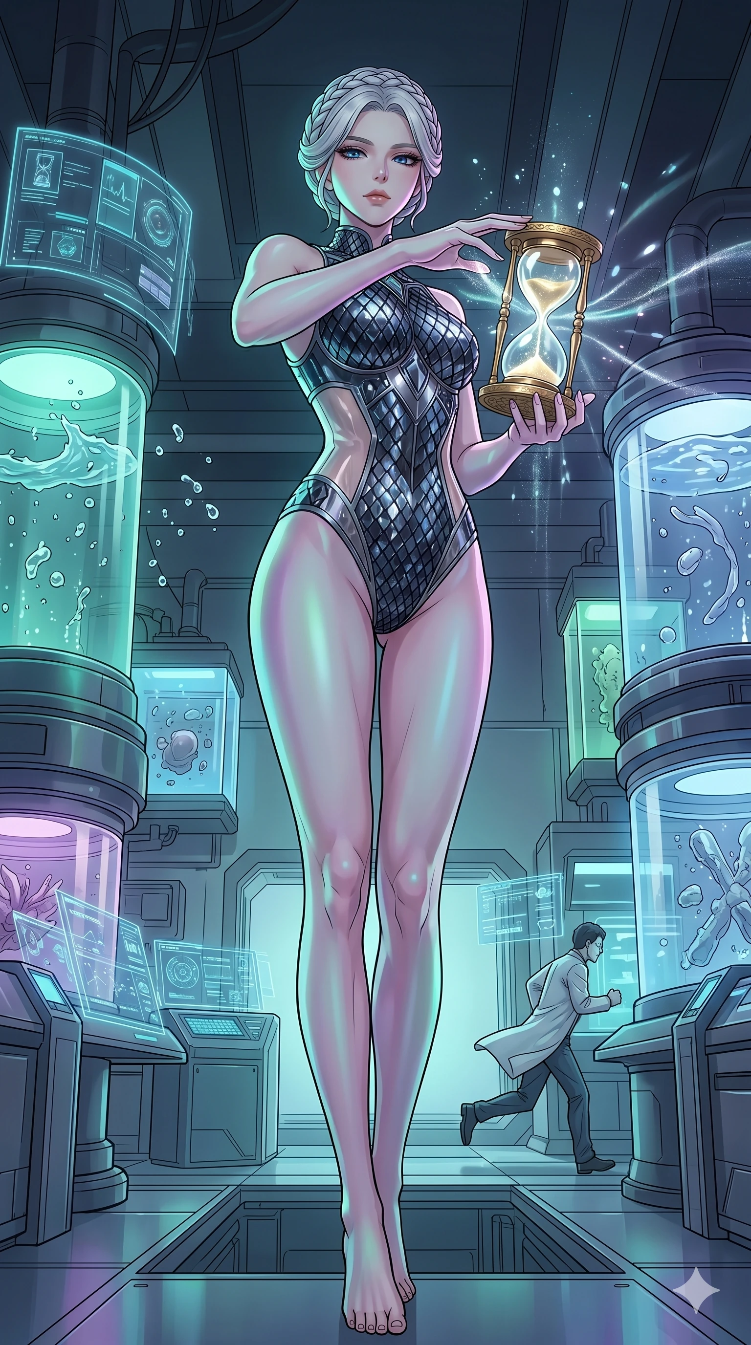 score_9, masterpiece, best quality, ultra-detailed, High-budget Anime Keyframe, vibrant colors, fluid line-art, expressive lighting, cinematic composition, Ufotable-style visual effects, top-tier animation quality, Korean woman with idol-like refined features. Dramatic low angle looking up at her majestic stature, dominating the vertical space of the composition. Controlling the flow of time itself with an ornate golden hourglass, the world around her slowing to a complete standstill. She has an absolutely perfect 8-heads proportion, an exceptionally tall and slender female figure with impossibly long slender legs and an ultra-slim waist, her statuesque height and towering silhouette dominating the vertical 9:16 frame. Her face is a masterpiece featuring a sharp v-shaped jawline, high-bridge nose, intricate jewel-like eyes with depth, thick eyelashes, and glossy lips with a natural sheen. She is wearing a High-cut leotard with metallic plating and translucent PVC panels on the sides crafted from Obsidian-glass scales that shimmer with a dark, crystalline brilliance, featuring strategic side cut-outs that emphasize her ultra-slim waist and hips. The scene is set in a high-tech research laboratory with glowing glass tanks and complex holographic interfaces, illuminated by soft bioluminescent glow from the environment casting ethereal colors on her skin. 2k, ultra detail, master piece, 9:16 ratio