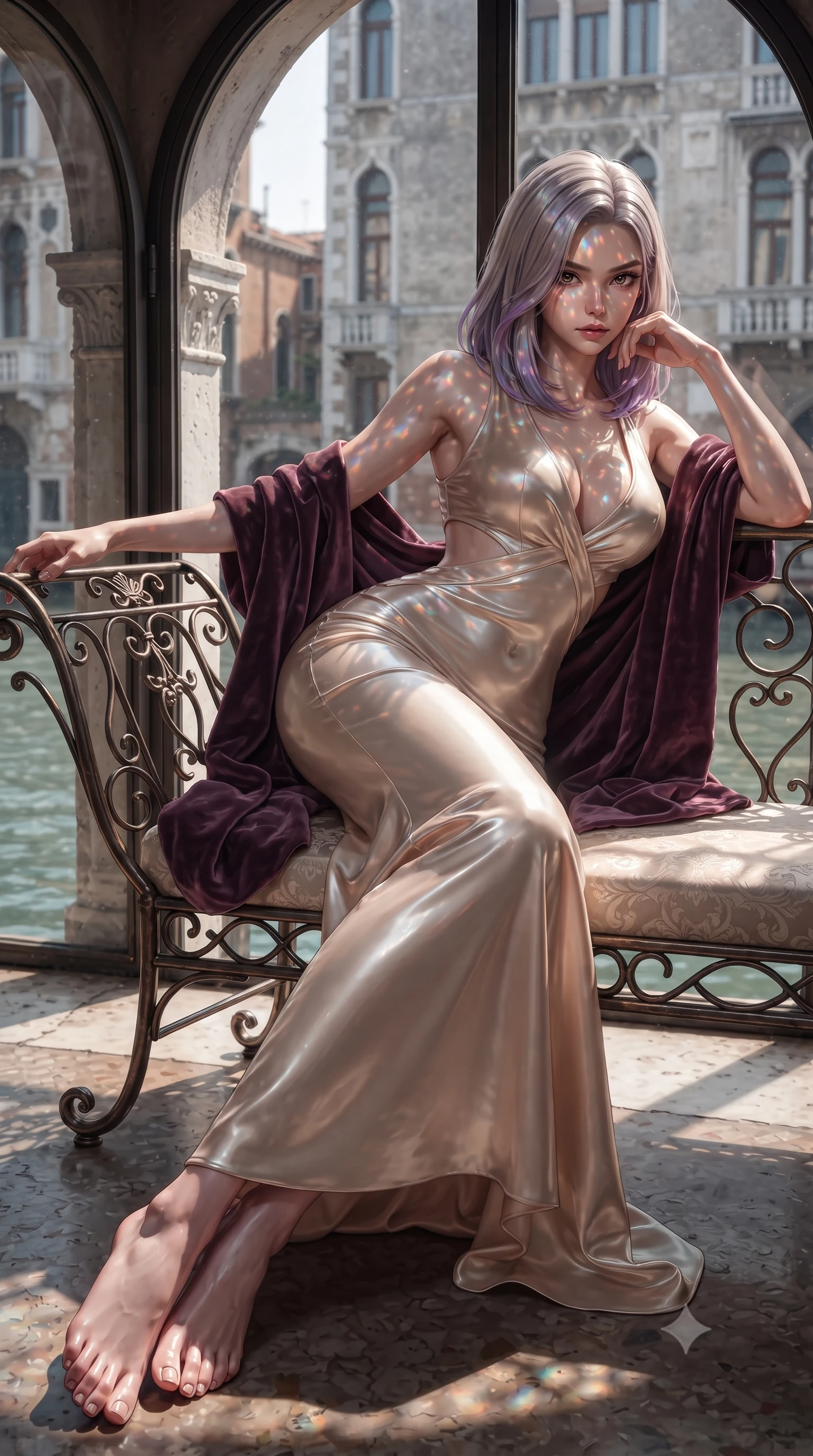 score_9, masterpiece, best quality, ultra-detailed, high-budget anime keyframe, editorial fashion photography, tasteful artistic composition, Caucasian woman. low angle full-body shot from head to toe showing her feet, filling the entire 9:16 vertical frame with her statuesque presence, stretching her vertical silhouette. reclining on her side in an elegant Cleopatra pose with one knee drawn up, the dramatic contour of her rounded hips and long slender legs commanding the 9:16 vertical frame while perching on a wrought-iron stool beside an arched canal-facing window, hips cocked back as water reflections dance across her silhouette. The surrounding environment is rendered in vivid detail and crisp panoramic clarity. detailed metallic silk dress sheen, prism glass sparkle points on skin, and canal reflection clarity in high resolution. She has an exceptionally tall and slender model-like 8.5-heads proportion, an ultra-slim waist, a flat toned midriff, narrow delicate ribcage, and beautifully sculpted feminine hips creating a graceful, slim hourglass silhouette without any bulky heaviness, with impossibly long slender legs. sharp v-shaped jawline, high-bridge nose, intricate jewel-like eyes with depth, thick eyelashes, glossy parted lips with a natural sheen, intensely captivating and seductive bedroom-eyes expression, flawlessly proportioned anatomical accuracy, strict slender model proportions, natural body alignment, perfectly sculpted long slender limbs, ultra-slim waistline, clean dynamic posture without body distortion. wearing a sculptured liquid-satin mermaid gown with an architectural open-waist cutout and bare spine in vintage champagne ivory and delicate rose gold, tailored from liquid silk jersey adhering flawlessly to her slender build, complemented by a plush velvet shawl draped loosely over her elbows, the form-contouring material adhering flawlessly to her sculpted flat midriff and slender torso, emphasizing her long leg lines and perfectly proportioned willowy build. illuminated by dazzling rainbow crystal caustics sculpting her razor-sharp jawline, narrow waist, and curvy hips. ultra-reflective glossy finish, specular highlights, rich textural contrasts, high-contrast stereoscopic depth, volumetric dynamic lighting, 2k, ultra detail, master piece, 9:16 ratio