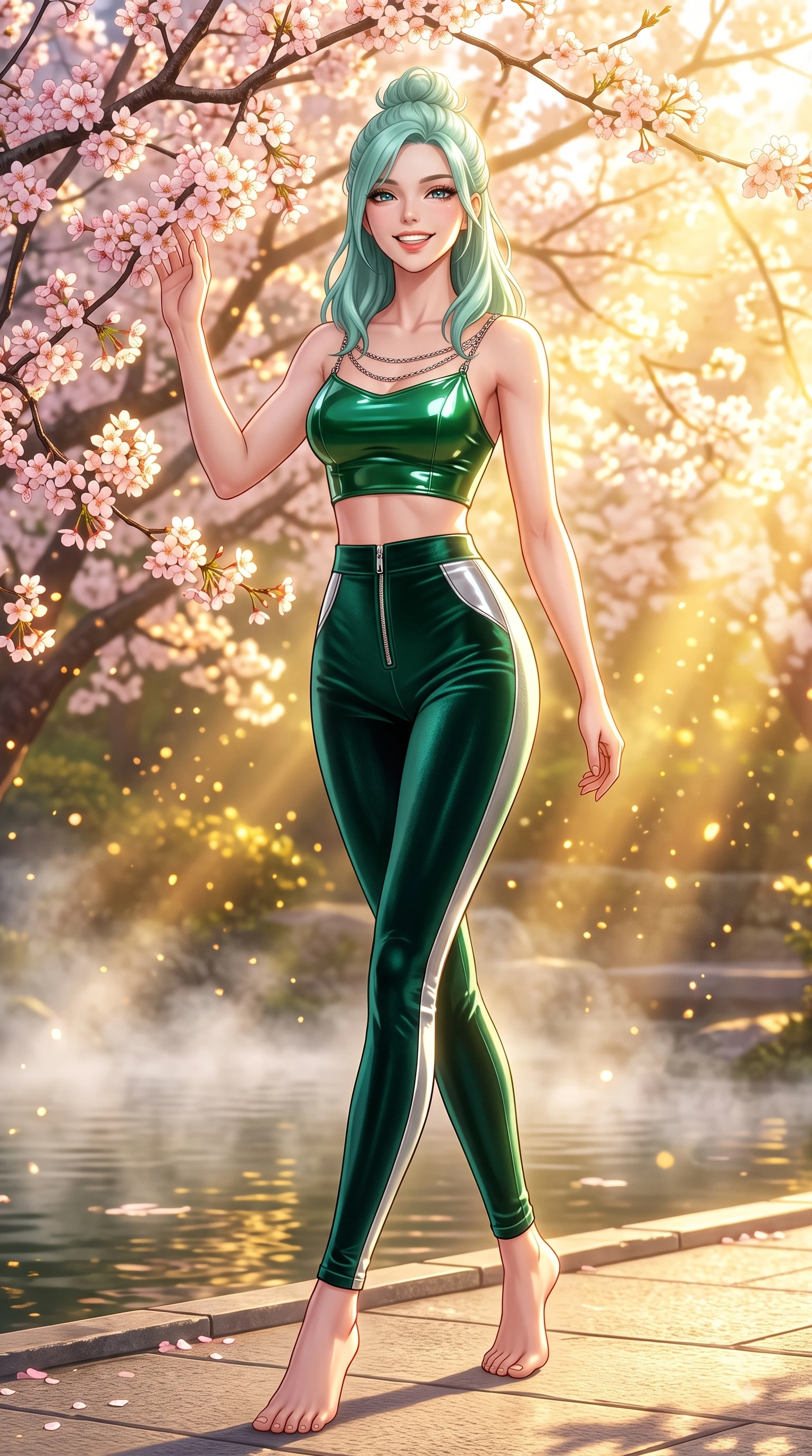 score_9, masterpiece, best quality, ultra-detailed, high-budget anime keyframe, editorial fashion photography, tasteful artistic composition, Japanese woman. low angle full-body shot from head to toe showing her feet, filling the entire 9:16 vertical frame with her statuesque presence, stretching her vertical silhouette. stepping forward in a proud dynamic stride with a cheerful beaming smile, her vertical silhouette filling the frame while resting cheerfully against a blooming sakura branch as golden morning sunbeams fill the air, morning mist floating gently over the water surface, capturing bright golden light. She has an absolutely perfect, statuesque 8.5-heads proportion, an exceptionally tall and slender model-like female figure with impossibly long slender legs and an ultra-slim waist. sharp v-shaped jawline, high-bridge nose, intricate jewel-like eyes with depth, thick eyelashes, glossy lips with a natural sheen, flawlessly proportioned anatomical accuracy, natural body alignment, perfectly sculpted elegant limbs, clean dynamic posture without body distortion. wearing a glossy vinyl crop top and high-waist tailored leggings with sleek zippers in deep emerald green and silver accent, made of premium stretch velvet with a rich sheen, adorned with delicate metallic chain straps along the neckline, the glove-like fit emphasizing her statuesque silhouette during motion. bathed in bright morning sunbeams and warm golden sakura backlighting. highly saturated vibrant anime colors, detailed shading with soft gradients, rich glossy textures, high-contrast stereoscopic depth, volumetric dynamic lighting, master piece, 9:16 ratio