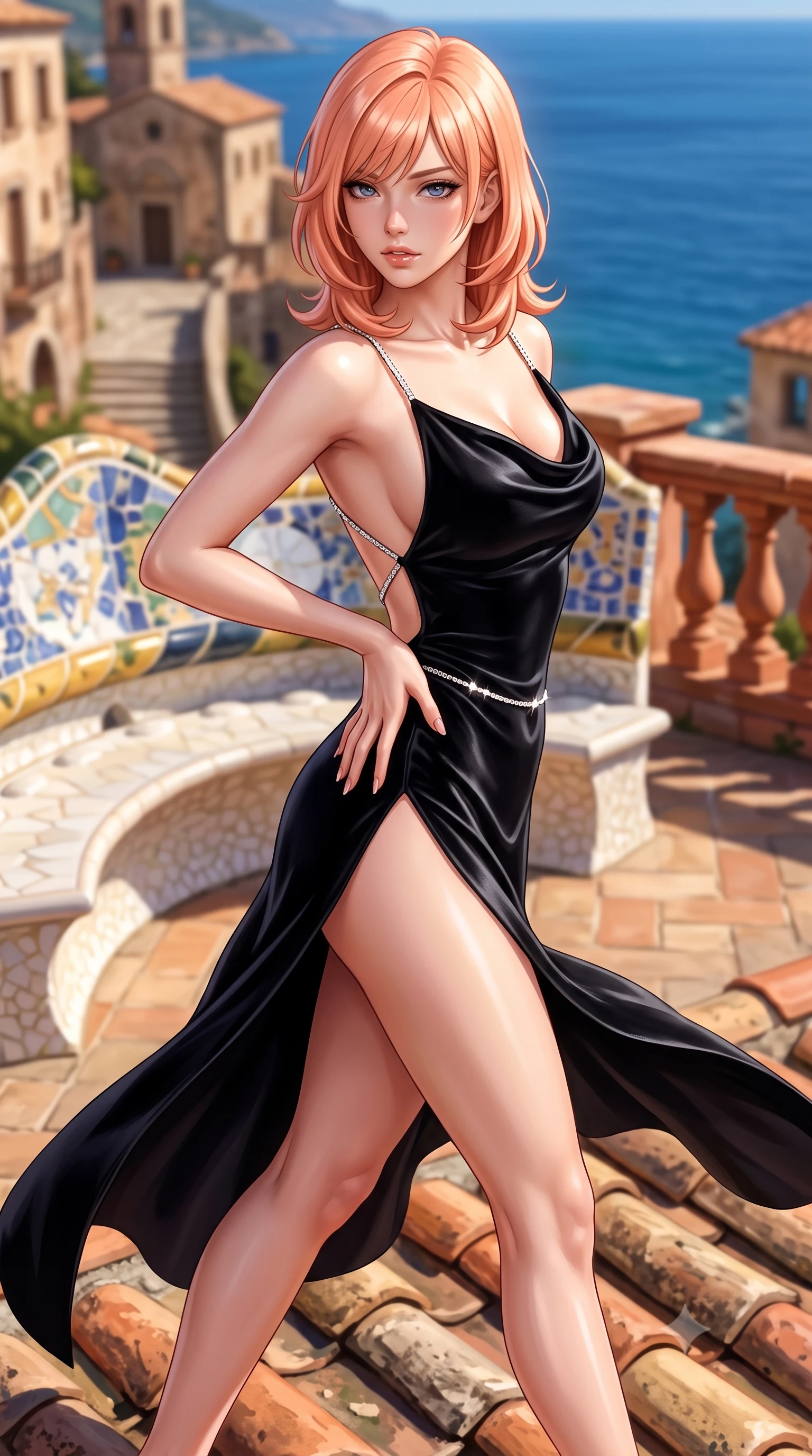 score_9, masterpiece, best quality, ultra-detailed, high-budget anime keyframe, semi-realistic 3D game render, editorial fashion photography, tasteful artistic composition, Japanese woman. close-up cowboy shot from the waist and thighs up, the character dominates the composition, filling the frame with her large presence. resting one manicured hand delicately on her hip bone, her upper body turning in a fluid, seductive S-curve while parted lips glisten in the light while striding across the whimsical tiled roof deck as warm Mediterranean winds flutter her high-slit dress around her long slender legs. The composition keeps background elements in soft focus with creamy bokeh. curving ceramic tile benches and terracotta rooftop balustrades softened in artistic shallow focus. She has an exceptionally elegant, slender, and willowy female figure with an ultra-slim waist, flat toned midriff, narrow ribcage, and sculpted feminine hips creating an alluring, slim hourglass silhouette without bulk. sharp v-shaped jawline, high-bridge nose, intricate jewel-like eyes with depth, thick eyelashes, glossy parted lips with a natural sheen, intensely captivating and seductive bedroom-eyes expression, flawlessly proportioned anatomical accuracy, strict slender model proportions, natural body alignment, perfectly sculpted long slender limbs, ultra-slim waistline, clean dynamic posture without body distortion. wearing a backless cowl-neck satin slip dress featuring high-cut side hip slits and delicate criss-cross back straps in pitch-black velvet with diamond crystal trim, formed from supple second-skin lambskin leather with specular sheen, accented with a dainty diamond waist chain catching the ambient light reflections, the form-contouring material adhering flawlessly to her sculpted flat midriff and slender torso, emphasizing her long leg lines and perfectly proportioned willowy build. illuminated by glowing specular sun glints defining her sculpted collarbones, narrow waist, and curvy hips. highly saturated vibrant anime colors, detailed shading with soft gradients, rich glossy textures, high-contrast stereoscopic depth, volumetric dynamic lighting, master piece, 9:16 ratio