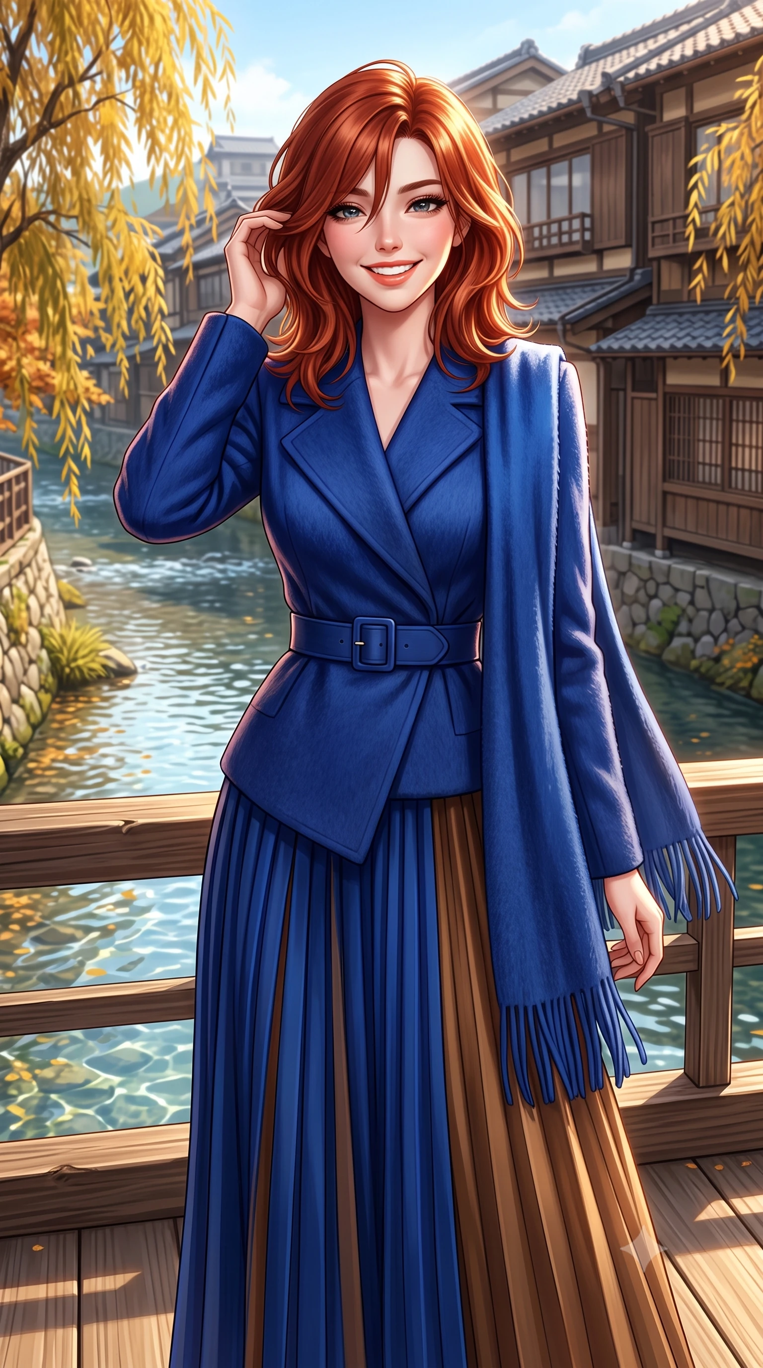 score_9, masterpiece, best quality, ultra-detailed, high-budget anime keyframe, semi-realistic 3D game render, editorial fashion photography, tasteful artistic composition, Korean woman. close-up cowboy shot from the waist and thighs up, the character dominates the composition, filling the frame with her large presence. gently brushing a lock of hair behind her ear with one hand while flashing a radiant, joyful smile while standing poised on the wooden kawayuka deck suspended over the clear riverbank, looking out at autumn willows with a bright, beaming smile. The surrounding environment is rendered in vivid detail and crisp panoramic clarity: detailed double-breasted wool gabardine trench coat drape, horn buttons, and historic Japanese urban architecture in high resolution. She has an exceptionally elegant, slender, and willowy female figure with an ultra-slim waist, flat toned midriff, narrow ribcage, and sculpted feminine hips creating an alluring, slim hourglass silhouette without bulk. sharp v-shaped jawline, high-bridge nose, intricate jewel-like sparkling eyes with depth, thick eyelashes, glossy parted lips with a natural peach sheen, bright cheerful beaming smile with an enchanting and coquettish sensual glint, exuding both youthful cute charm and seductive allure, flawlessly proportioned anatomical accuracy, strict slender model proportions, natural body alignment, perfectly sculpted long slender limbs, ultra-slim waistline, clean dynamic posture without body distortion. wearing an asymmetrical-wrap tailored wool jacket with clean geometric lines paired with a structured pleated maxi skirt in royal sapphire blue and antique brushed bronze, woven from plush alpaca yarn with a cloud-like fuzzy texture and soft halo, accented with a wide brushed cashmere fringe scarf draped elegantly over one shoulder, the structured cinched belt emphasizing her narrow waistline and gracefully balanced proportions with timeless haute-couture polish. illuminated by river water specular reflection bounce and sharp copper-rose rim lights sculpting her jawline, narrow waist, and graceful model proportions. highly saturated vibrant anime colors, detailed shading with soft gradients, rich glossy textures, high-contrast stereoscopic depth, volumetric dynamic lighting, master piece, 9:16 ratio