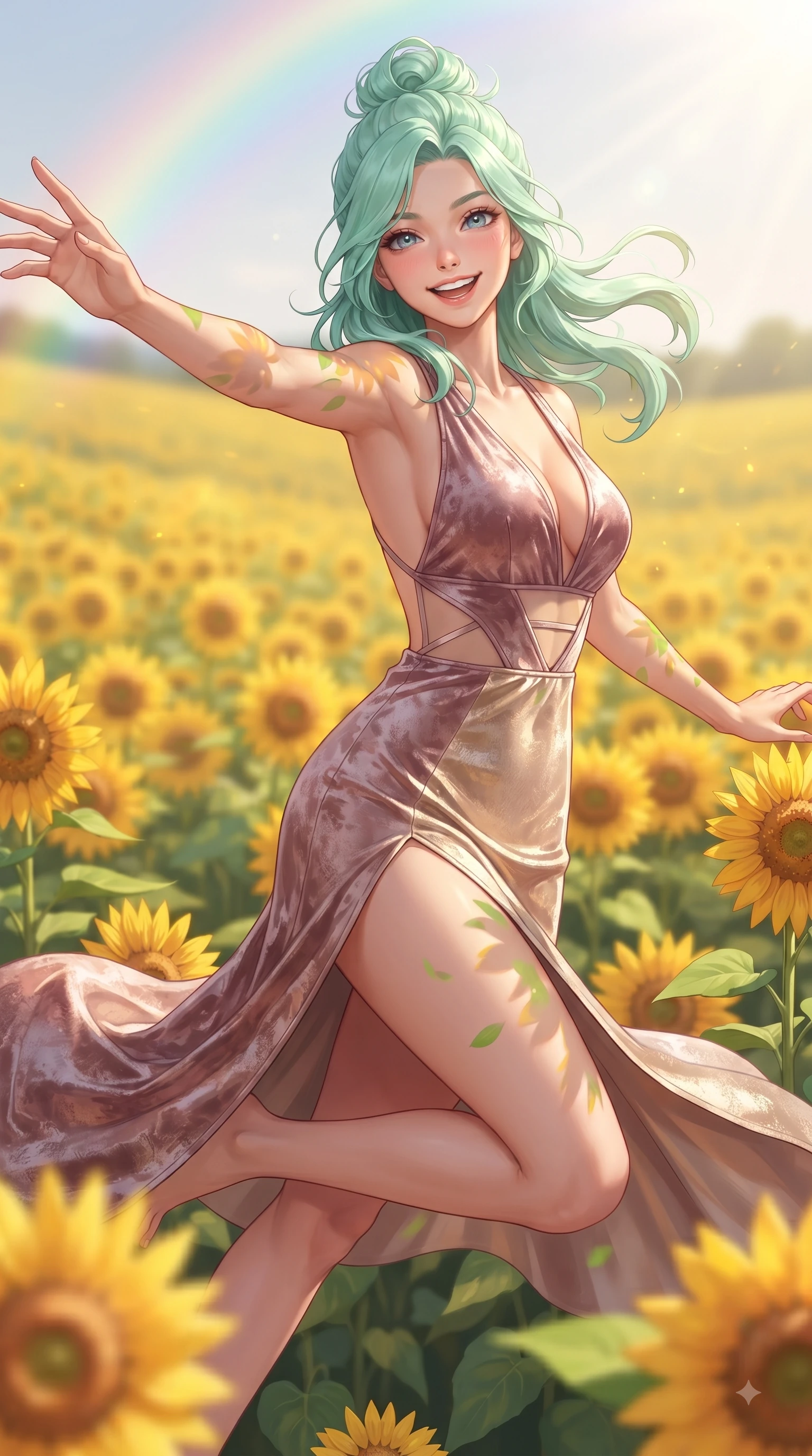 score_9, masterpiece, best quality, ultra-detailed, high-budget anime keyframe, editorial fashion photography, tasteful artistic composition, Japanese woman. close-up cowboy shot from the waist and thighs up, the character dominates the composition, filling the frame with her large presence, background elements kept in soft focus. Enchanting happy smile, her eyes twinkling like jewels in the bright sunlight as one arm reaches out playfully while leaping with pure joy across a endless field of blooming golden sunflowers under a rainbow sky, bright green leaves and golden petals casting cheerful organic stencil shadows. She has an exceptionally elegant, slender, and willowy female figure with an ultra-slim waist, a gracefully sculpted slender torso, and a refined silhouette. sharp v-shaped jawline, high-bridge nose, intricate jewel-like eyes with depth, thick eyelashes, glossy lips with a natural sheen, flawlessly proportioned anatomical accuracy, natural body alignment, perfectly sculpted elegant limbs, clean dynamic posture without body distortion. wearing a backless crushed velvet gown with a deep V-neckline and high thigh slit in dusty rose and champagne gold, woven from fine semi-opaque sheer organza, featuring subtle geometric cutouts that highlight her ultra-slim midriff, the sleek second-skin texture accentuating her magnetic presence. bathed in brilliant sunny morning light and warm golden meadow sunbursts. ultra-reflective glossy finish, specular highlights, metallic sheen, high-contrast stereoscopic depth, volumetric dynamic lighting, 2k, ultra detail, master piece, 9:16 ratio
