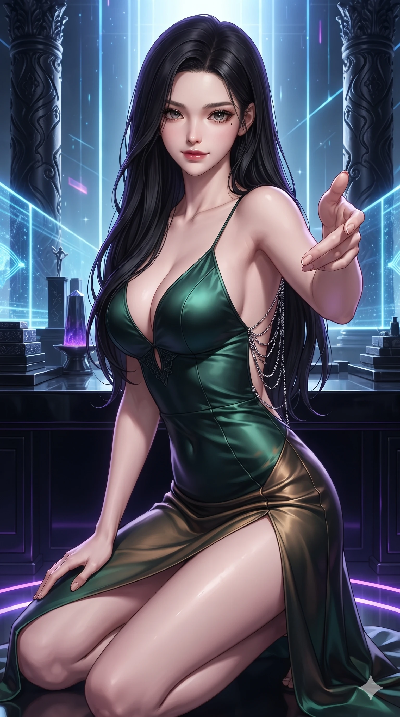 score_9, masterpiece, best quality, ultra-detailed, high-budget anime keyframe, editorial fashion photography, tasteful artistic composition, Korean woman. close-up cowboy shot from the waist and thighs up, the character dominates the composition, filling the frame with her large presence. reaching one hand toward the viewer with relaxed dark elegance, her sculpted waistline catching specular highlights while kneeling on one knee beside the digital altar dais with hips angled toward the camera, her dark tailored fit highlighting her hourglass curves. The surrounding environment is rendered in vivid detail and crisp panoramic clarity: sharp holographic light beam resolution, carved obsidian pillar chiseling, and polished black glass altar top in deep focus. She has an exceptionally elegant, slender, and willowy female figure with an ultra-slim waist, flat toned midriff, narrow ribcage, and sculpted feminine hips creating an alluring, slim hourglass silhouette without bulk. sharp v-shaped jawline, high-bridge nose, intricate jewel-like dark sparkling eyes with hypnotic seductive depth, thick curled eyelashes, glossy parted lips with a natural wine sheen, alluring bedroom-eyes with an enigmatic smoldering smile, exuding magnetic sovereign charisma and dark avant-garde glamour, flawlessly proportioned anatomical accuracy, strict slender model proportions, natural body alignment, perfectly sculpted long slender limbs, ultra-slim waistline, clean dynamic posture without body distortion. wearing a low-cut gothic structured bodice gown with high leg slit in dark emerald green and antique bronze, tailored from smooth liquid silk satin that clings smoothly to her narrow waist and rounded hips with a dewy sheen, accented with an open-back drape framed by falling strands of delicate chrome chains, contouring every curve with an exceptionally elegant silhouette and captivating allure. illuminated by holographic ground circle upward bounce and sharp electric-violet rim lights sculpting her razor-sharp jawline, narrow waist, and curvy hips. ultra-reflective glossy finish, specular highlights, metallic sheen, high-contrast stereoscopic depth, volumetric dynamic lighting, 2k, ultra detail, master piece, 9:16 ratio