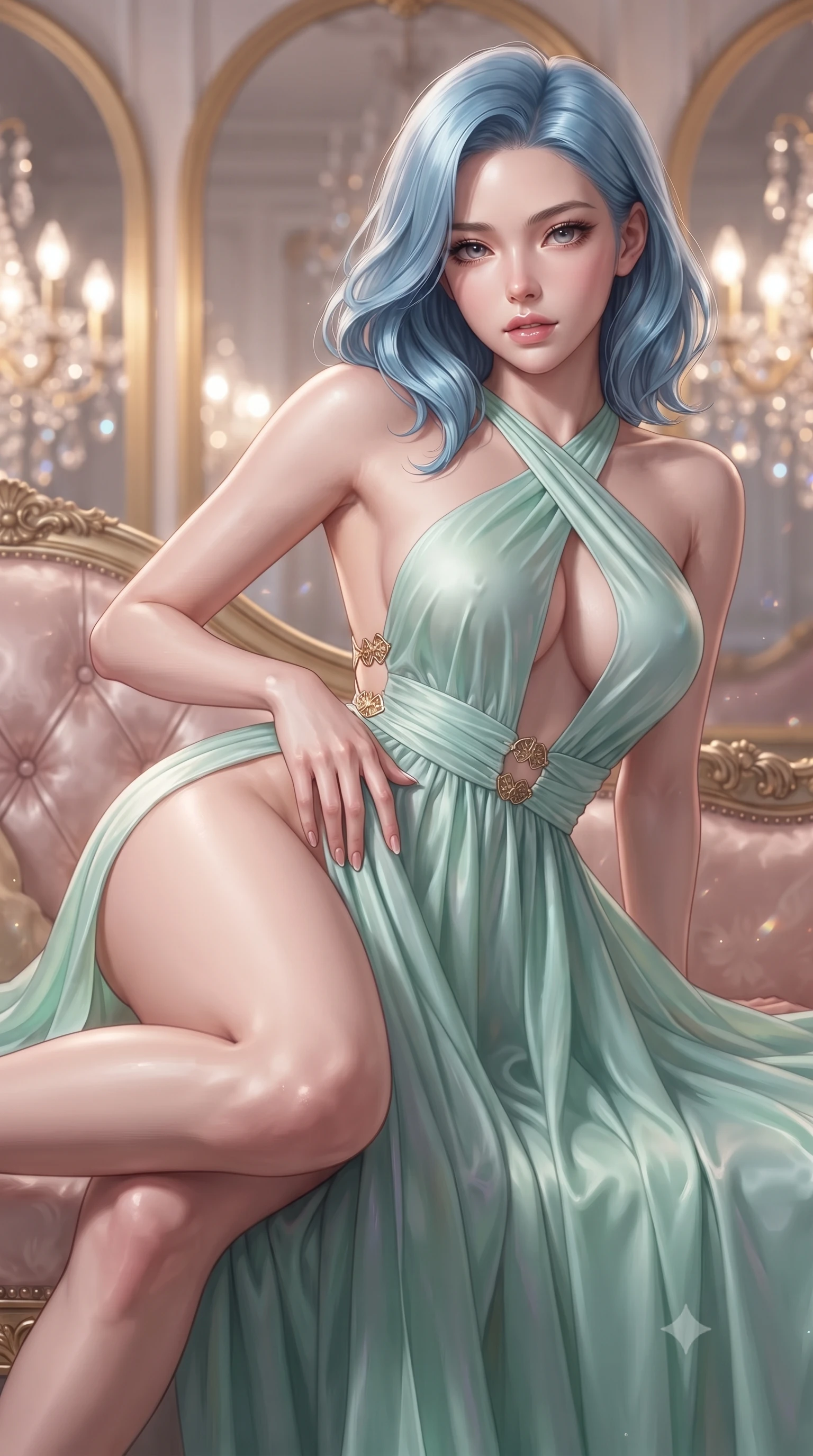 score_9, masterpiece, best quality, ultra-detailed, high-budget anime keyframe, editorial fashion photography, tasteful artistic composition, Korean woman. close-up cowboy shot from the waist and thighs up, the character dominates the composition, filling the frame with her large presence. resting one manicured hand delicately on her hip bone, her upper body turning in a fluid, seductive S-curve while parted lips glisten in the light while reclining on an antique blush silk chaise lounge with one knee drawn up, the dramatic contour of her rounded hips commanding the frame. The composition keeps background elements in soft focus with creamy bokeh. infinite crystal chandelier prisms and gilded mirror arches blurred into radiant diamond, pastel rose, and gold-leaf bokeh. She has an exceptionally elegant, slender, and willowy female figure with an ultra-slim waist, a gracefully sculpted slender torso, toned flat midriff, and rounded feminine hips creating an alluring hourglass silhouette. sharp v-shaped jawline, high-bridge nose, intricate jewel-like eyes with depth, thick eyelashes, glossy parted lips with a natural sheen, intensely captivating and seductive bedroom-eyes expression, flawlessly proportioned anatomical accuracy, strict slender model proportions, natural body alignment, perfectly sculpted long slender limbs, ultra-slim waistline, clean dynamic posture without body distortion. wearing an open-back mint-green silk chiffon ballgown with crossed halter straps and bare shoulders in pearlescent opal with soft violet luster, woven from layered gossamer chiffon with a weightless sweeping drape, finished with a dramatic open back secured by golden filigree clasps, the form-contouring material adhering flawlessly to her sculpted flat midriff and slender torso, emphasizing her long leg lines and perfectly proportioned willowy build. surrounded by an aristocratic, scandalous, and breathlessly mesmerizing imperial duchess aura. ultra-reflective glossy finish, specular highlights, rich textural contrasts, high-contrast stereoscopic depth, volumetric dynamic lighting, 2k, ultra detail, master piece, 9:16 ratio