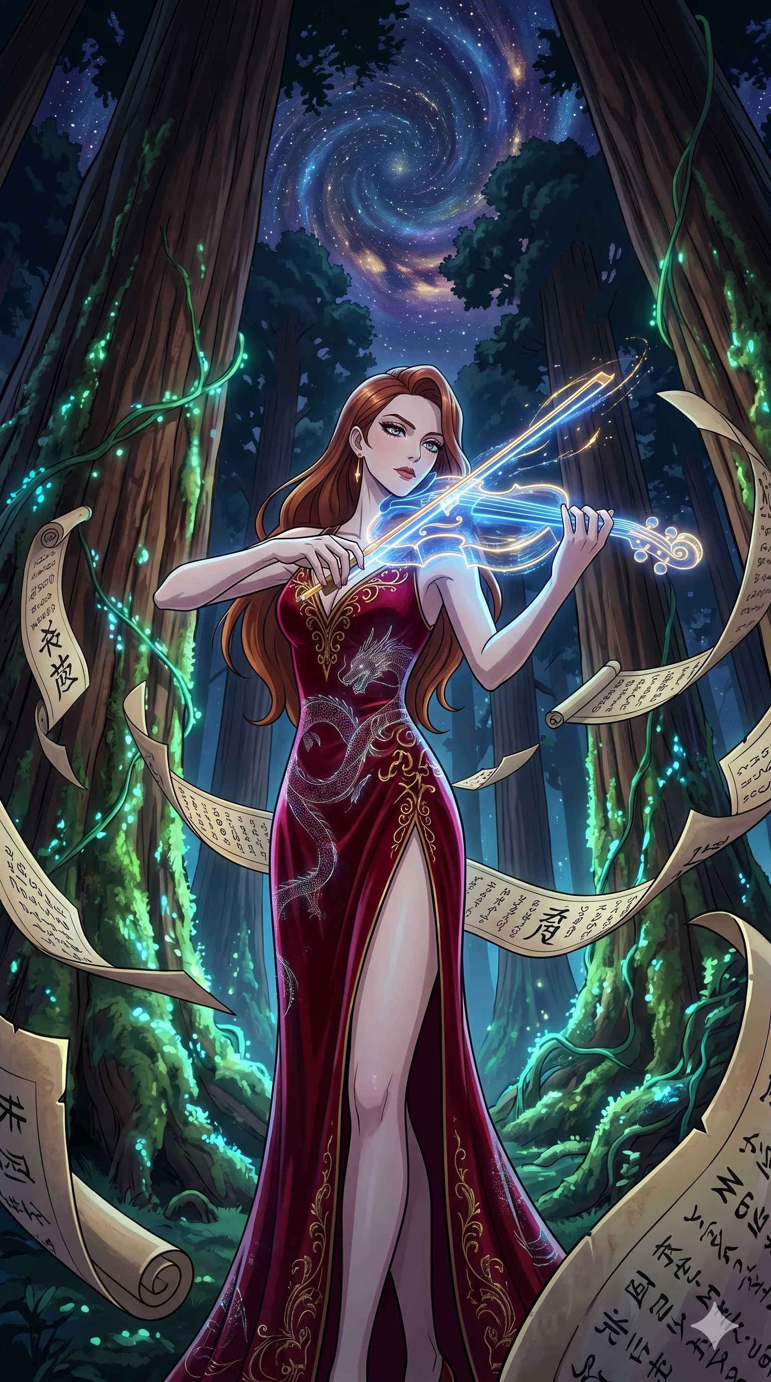 score_9, masterpiece, best quality, ultra-detailed, Set A: High-budget Anime Keyframe, Caucasian (human ears) woman. Low angle cowboy shot filling the entire 9:16 frame with her statuesque presence. Theme: Primal Nature. playing a holographic violin in a giant redwood forest with glowing vines, surrounded by a whirlwind of 103 floating ancient scrolls. The atmosphere is filled with a swirling vortex of stars. She has an absolutely perfect 8-heads proportion, an exceptionally tall and slender female figure with impossibly long slender legs and an ultra-slim waist. Sharp v-shaped jawline, high-bridge nose, intricate jewel-like eyes with depth, glossy lips. Wearing High-slit velvet gown with integrated holographic projection of a dragon. Cinematic lighting, vivid colors, dramatic shadows, 2k, ultra detail, master piece, 9:16 ratio