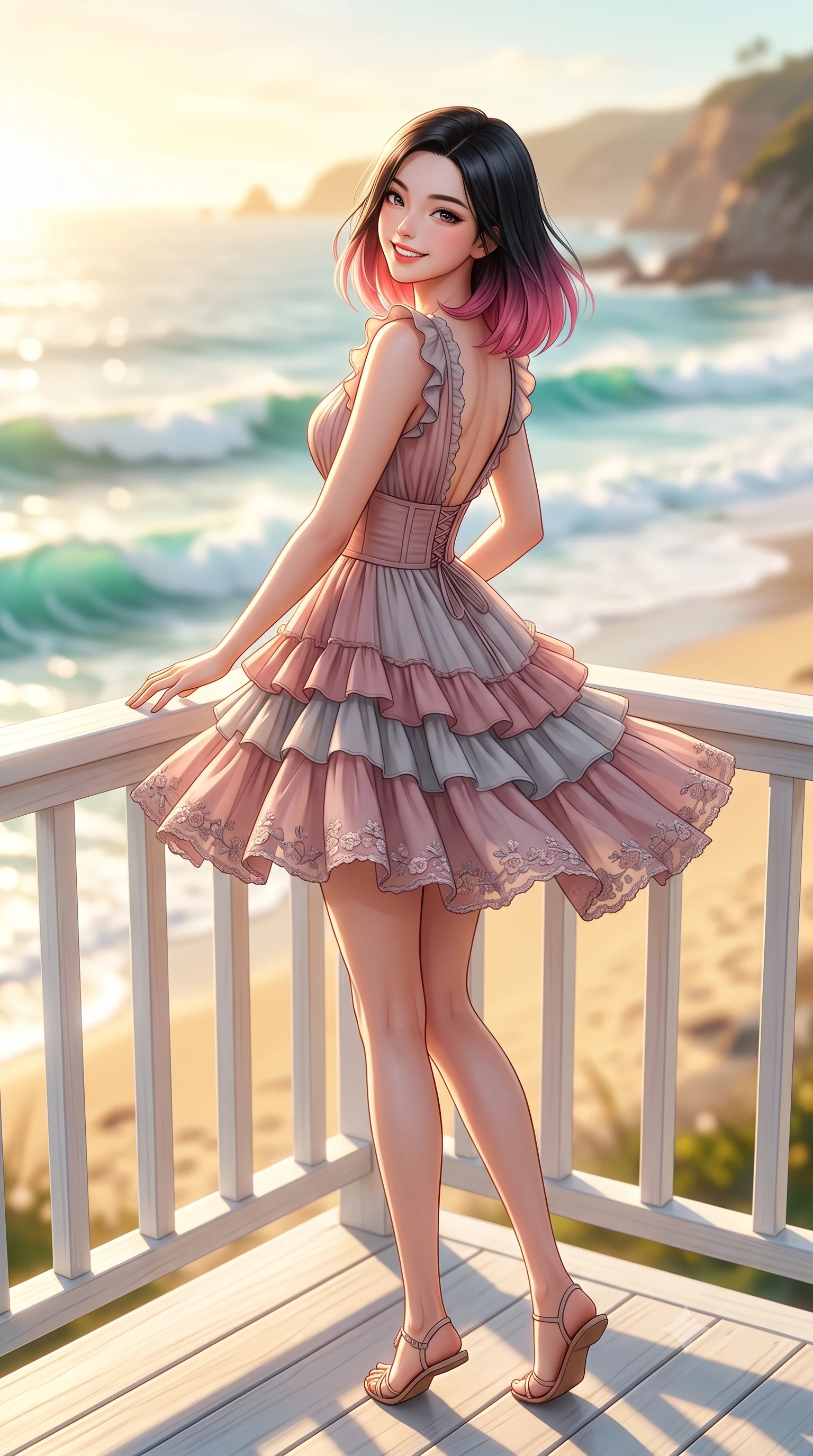 score_9, masterpiece, best quality, ultra-detailed, high-budget anime keyframe, semi-realistic 3D game render, editorial fashion photography, tasteful artistic composition, Korean woman. low angle full-body shot from head to toe showing her feet, filling the entire 9:16 vertical frame with her statuesque presence, stretching her vertical silhouette. executing a cheerful mid-motion pivot turn as her skirt flutters around her slender legs, glancing over her shoulder with an intoxicating, teasing cute expression while perching on the white timber railing of a beachfront cottage deck, arching her back as turquoise Pacific waves lap gently onto golden sand. The composition keeps background elements in soft focus with dreamy creamy bokeh. crashing Pacific turquoise waves, golden sand beaches, and coastal sea cliffs blurred into radiant aquamarine, gold, and seafoam bokeh. She has an exceptionally tall and slender model-like 8.5-heads proportion, an ultra-slim waist, a flat toned midriff, narrow delicate ribcage, and beautifully sculpted feminine hips creating a graceful, slim hourglass silhouette without any bulky heaviness, with impossibly long slender legs. sharp v-shaped jawline, high-bridge nose, intricate jewel-like sparkling eyes with depth, thick eyelashes, glossy parted lips with a natural peach sheen, bright cheerful beaming smile with an enchanting and coquettish sensual glint, exuding both youthful cute charm and seductive allure, flawlessly proportioned anatomical accuracy, strict slender model proportions, natural body alignment, perfectly sculpted long slender limbs, ultra-slim waistline, clean dynamic posture without body distortion. wearing a tiered ruffled chiffon mini dress with a fitted corseted waist and open back in dusty rose and soft dove grey, crafted from soft cozy cashmere yarn with an airy drape, complemented by delicate embroidered floral trim along the hem, the glove-like silhouette tightly following the natural contour of her hips and long slender legs with youthful 8.5-heads elegance. bathed in brilliant golden hour California sunlight streaming across the ocean water. highly saturated vibrant anime colors, detailed shading with soft gradients, rich glossy textures, high-contrast stereoscopic depth, volumetric dynamic lighting, master piece, 9:16 ratio