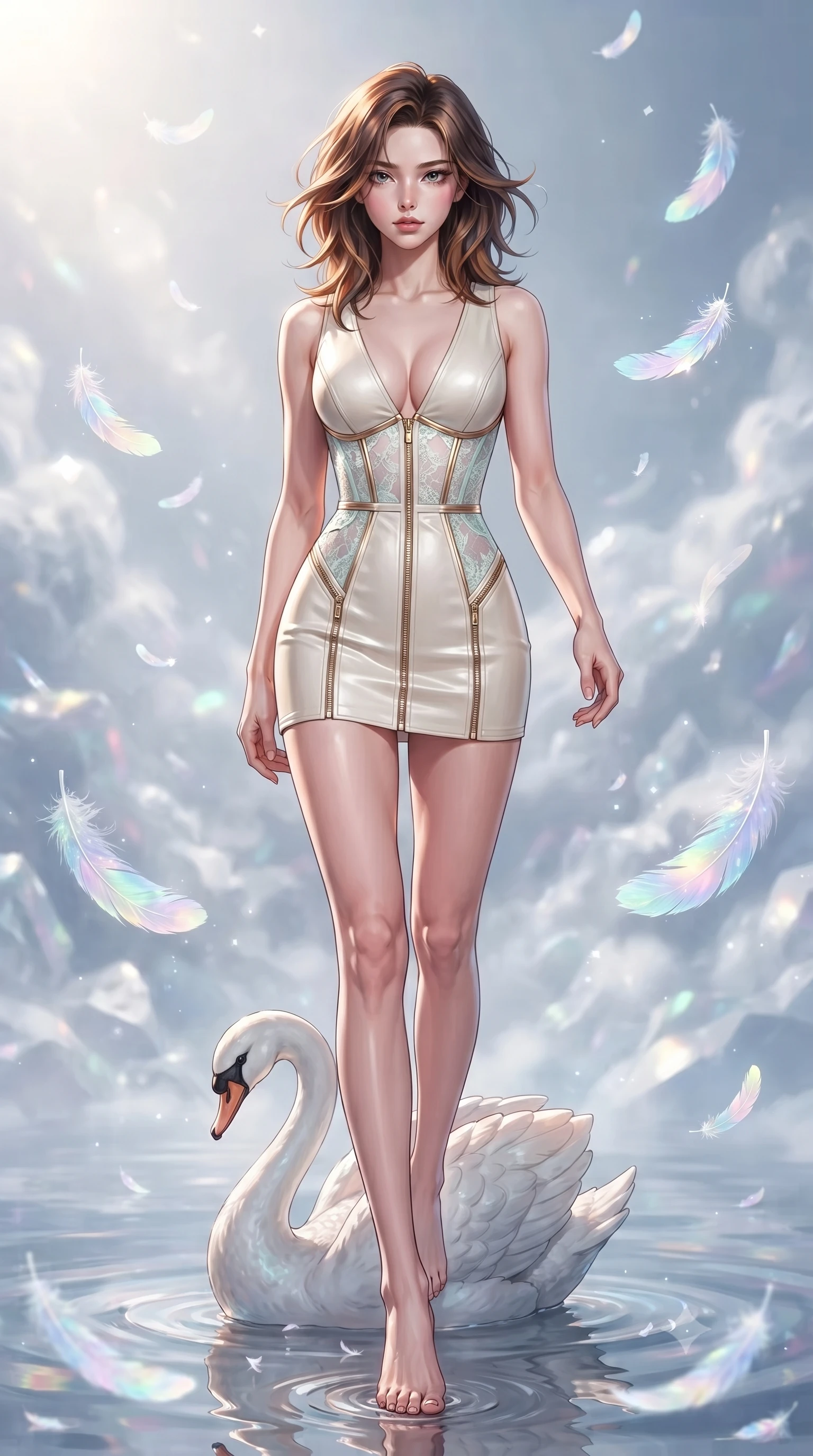 score_9, masterpiece, best quality, ultra-detailed, high-budget anime keyframe, editorial fashion photography, tasteful artistic composition, Korean woman. low angle full-body shot from head to toe showing her feet, filling the entire 9:16 vertical frame with her statuesque presence, stretching her vertical silhouette. forging confidently through the floating crystal mist, holding a poised statuesque stance, poised on a carved swan throne submerged in a shallow mirror pond, iridescent opal feathers floating gracefully in the air catching morning light. She has an absolutely perfect, statuesque 8.5-heads proportion, an exceptionally tall and slender model-like female figure with impossibly long slender legs and an ultra-slim waist. sharp v-shaped jawline, high-bridge nose, intricate jewel-like eyes with depth, thick eyelashes, glossy lips with a natural sheen. wearing deep V-neck corset bodice mini dress with sheer white lace panels in pale opal seafoam, made of polished ivory leather, finished with metallic gold boning and sleek zipper points, accentuating her gracefully sculpted slender torso. lit by clear sun-drenched light casting gentle morning shadows. highly saturated vibrant anime colors, detailed shading with soft gradients, rich glossy textures, high-contrast stereoscopic depth, volumetric dynamic lighting, master piece, 9:16 ratio