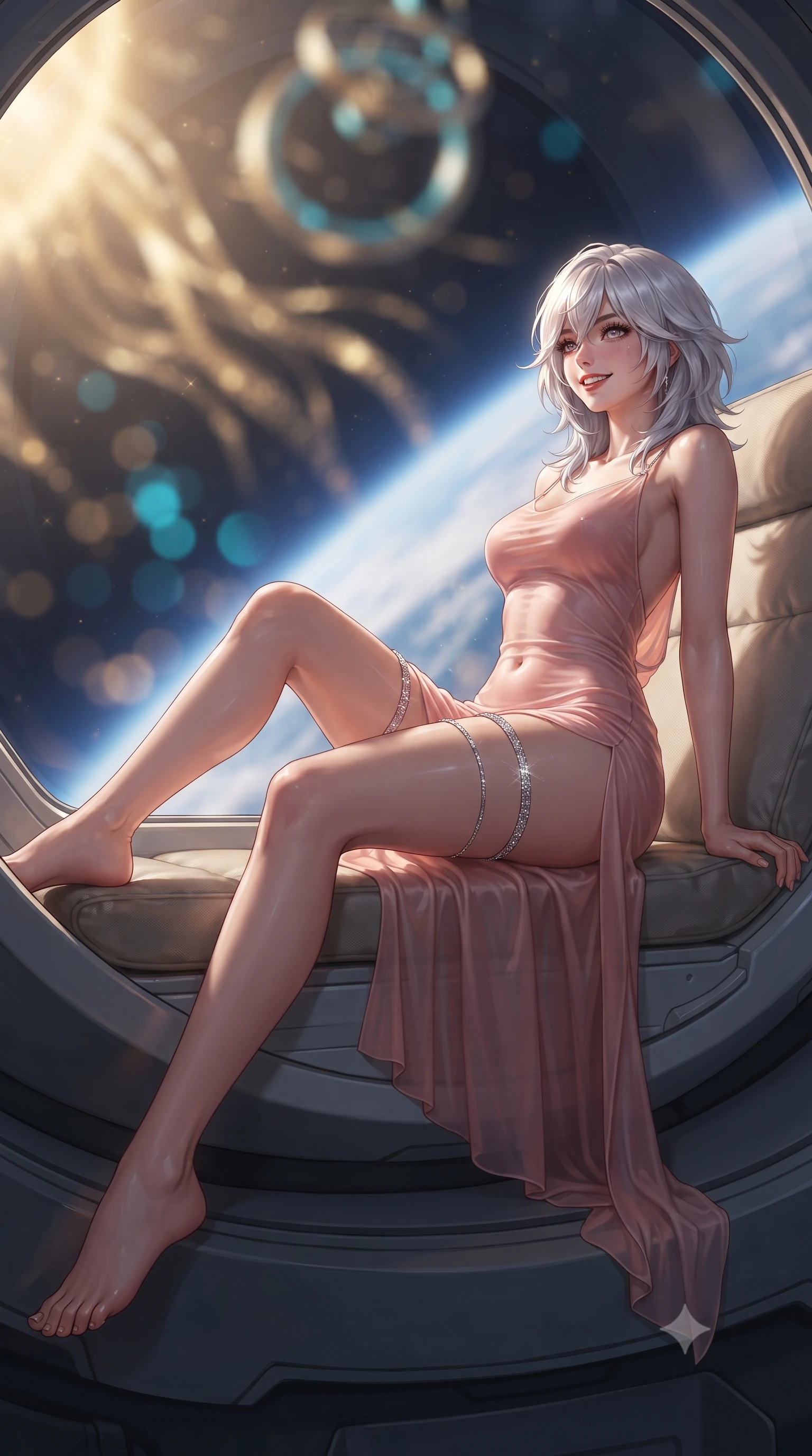 score_9, masterpiece, best quality, ultra-detailed, high-budget anime keyframe, editorial fashion photography, tasteful artistic composition, Japanese woman. low angle full-body shot from head to toe showing her feet, filling the entire 9:16 vertical frame with her statuesque presence, stretching her vertical silhouette. sitting poised on the stone steps with one knee bent, arching her spine with supermodel elegance as she glances upward through thick eyelashes while lounging gracefully across the exterior maintenance pod seat propped on one elbow with legs extended, displaying her long slender limbs and statuesque hourglass silhouette. The background shows a soft-focus shimmering golden solar wind streamers, curving atmospheric blue limb of Earth, and spinning quantum sensor rings blurred into gold, cyan, and deep sapphire bokeh. She has an exceptionally tall and slender model-like 8.5-heads proportion, an ultra-slim waist, a flat toned midriff, narrow delicate ribcage, and beautifully sculpted feminine hips creating a graceful, slim hourglass silhouette without any bulky heaviness, with impossibly long slender legs. sharp v-shaped jawline, high-bridge nose, intricate jewel-like sparkling eyes with depth, thick eyelashes, glossy parted lips with a natural peach sheen, bright cheerful beaming smile with an enchanting and coquettish sensual glint, exuding both youthful cute charm and seductive allure, flawlessly proportioned anatomical accuracy, strict slender model proportions, natural body alignment, perfectly sculpted long slender limbs, ultra-slim waistline, clean dynamic posture without body distortion. wearing a form-contouring gossamer silk chiffon combat slip dress with a hip-high slit and open cowl back clinging with dewy moisture in Solaris liquid rose-quartz and alien peach, woven from fine semi-opaque stretch illusion mesh tracing her slender contours, finished with delicate crystal-encrusted thigh garter straps glinting in the dim light, the precision-cut side openings and low-back scoop framing her graceful spine and the sensual sweep of her slim, toned hips. illuminated by Earth albedo reflection bounce and intense solar-gold rim lights defining her razor-sharp jawline, narrow waist, and curvy hips. ultra-reflective glossy finish, specular highlights, rich textural contrasts, high-contrast stereoscopic depth, volumetric dynamic lighting, 2k, ultra detail, master piece, 9:16 ratio