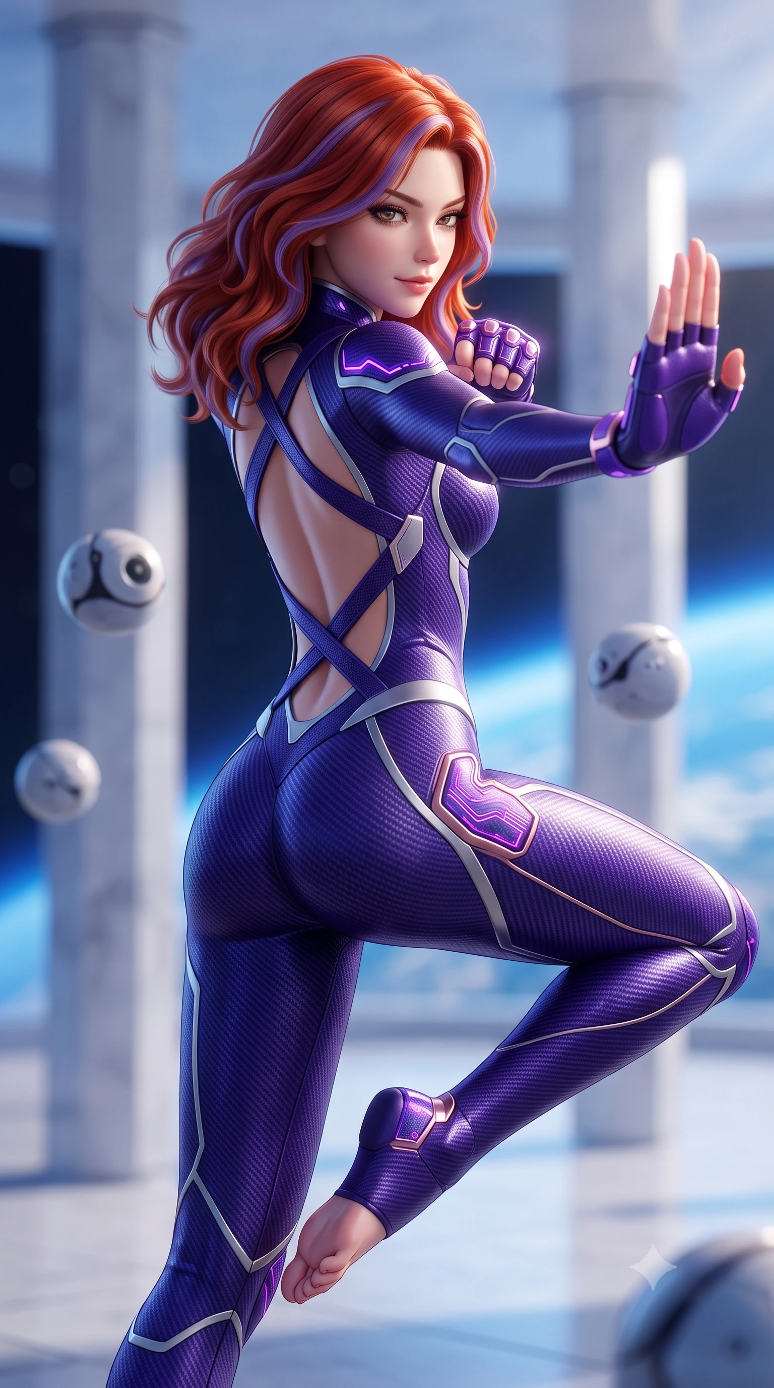 score_9, masterpiece, best quality, ultra-detailed, high-budget anime keyframe, semi-realistic 3D game render, editorial fashion photography, tasteful artistic composition, Caucasian woman. close-up cowboy shot from the waist and thighs up, the character dominates the composition, filling the frame with her large presence. resting one hand in a defensive deflective posture while glancing over her shoulder with thick eyelashes and a confident, smoldering combat half-smile while hovering weightlessly with one palm extended in a calm Panzer Kunst guard stance, gazing into the lens with divine focus. The composition keeps background elements in soft focus with creamy bokeh. minimalist quartz dojo pillars and floating zero-G training spheres softened in smooth atmospheric depth of field. She has an exceptionally elegant, slender, and willowy female figure with an ultra-slim waist, a gracefully sculpted slender torso, toned flat midriff, and a refined slim silhouette. sharp v-shaped jawline, high-bridge nose, intricate jewel-like eyes with depth, thick eyelashes, glossy lips with a natural sheen, flawlessly proportioned anatomical accuracy, strict slender model proportions, natural body alignment, perfectly sculpted long slender limbs, ultra-slim waistline, clean dynamic posture without body distortion. wearing a precision-fitted royal purple carbon-fiber martial arts suit with silver accents and glowing micro-circuit knuckle plating in royal purple carbon fiber with rose-gold hardware and clasps, made of liquid carbon-jersey fabric adhering flawlessly to her sculpted silhouette, complemented by criss-cross back harness straps highlighting her completely bare spine, the form-contouring material adhering flawlessly to her sculpted flat midriff and slender torso, emphasizing her long leg lines and perfectly proportioned willowy build. bathed in dazzling natural orbital sunlight and rich blue planetary ambient bounce light. rich saturated anime colors with glowing neon highlights, detailed shading with soft gradients, rich glossy textures, high-contrast stereoscopic depth, volumetric dynamic lighting, master piece, 9:16 ratio