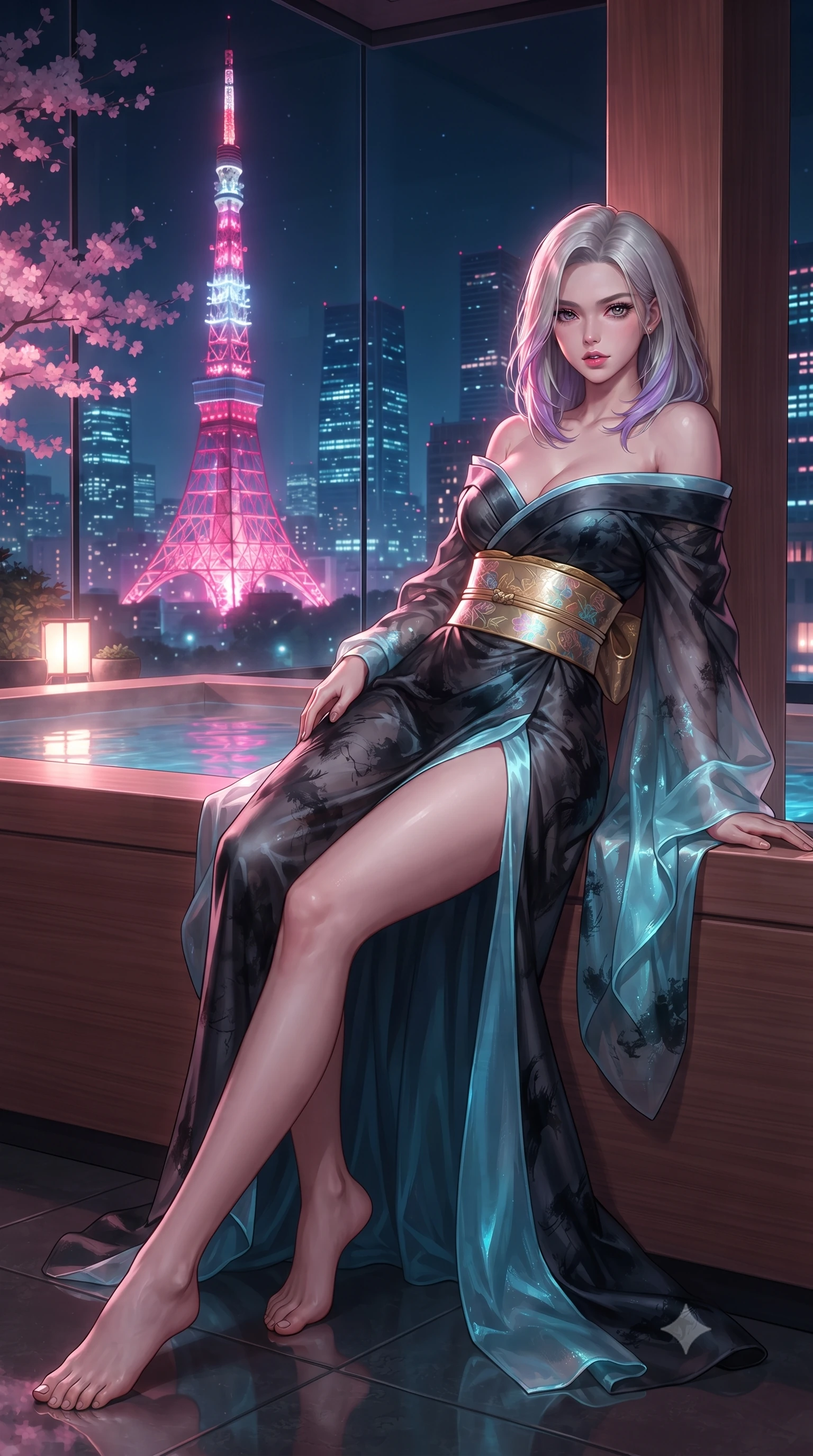 score_9, masterpiece, best quality, ultra-detailed, high-budget anime keyframe, editorial fashion photography, tasteful artistic composition, Caucasian woman. low angle full-body shot from head to toe showing her feet, filling the entire 9:16 vertical frame with her statuesque presence, stretching her vertical silhouette. reclining on her side in an elegant Cleopatra pose with one knee drawn up, the dramatic contour of her rounded hips and long slender legs commanding the 9:16 vertical frame while leaning back against a cedar bath partition overlooking glowing Tokyo skyscrapers, parted glossy lips reflecting pink neon lights. The surrounding environment is rendered in vivid detail and crisp panoramic clarity. atmospheric nocturnal thermal chiaroscuro and private mountain-view skylounge luxury in precision. She has an absolutely perfect, statuesque 8.5-heads proportion, an exceptionally tall and slender model-like female figure with impossibly long slender legs, a toned flat midriff, an ultra-slim waist, and beautifully sculpted feminine hips. sharp v-shaped jawline, high-bridge nose, intricate jewel-like eyes with depth, thick eyelashes, glossy parted lips with a natural sheen, intensely captivating and seductive bedroom-eyes expression, flawlessly proportioned anatomical accuracy, strict slender model proportions, natural body alignment, perfectly sculpted long slender limbs, ultra-slim waistline, clean dynamic posture without body distortion. wearing a backless off-shoulder silk kimono gown with fluttering drapes and an ultra-high side slit in dark ink-wash black and radiant moonlight cyan, crafted from weightless prism organza that refracts light with every motion, complemented by a wide metallic gold obi sash with holographic floral embroidery, the second-skin form-contouring cut accentuating her sculpted flat midriff, narrow waistline, and dramatically curvy hips without adding bulk. bathed in soft pink cherry blossom ambient glow and warm underwater mineral pool lights. ultra-reflective glossy finish, specular highlights, rich textural contrasts, high-contrast stereoscopic depth, volumetric dynamic lighting, 2k, ultra detail, master piece, 9:16 ratio