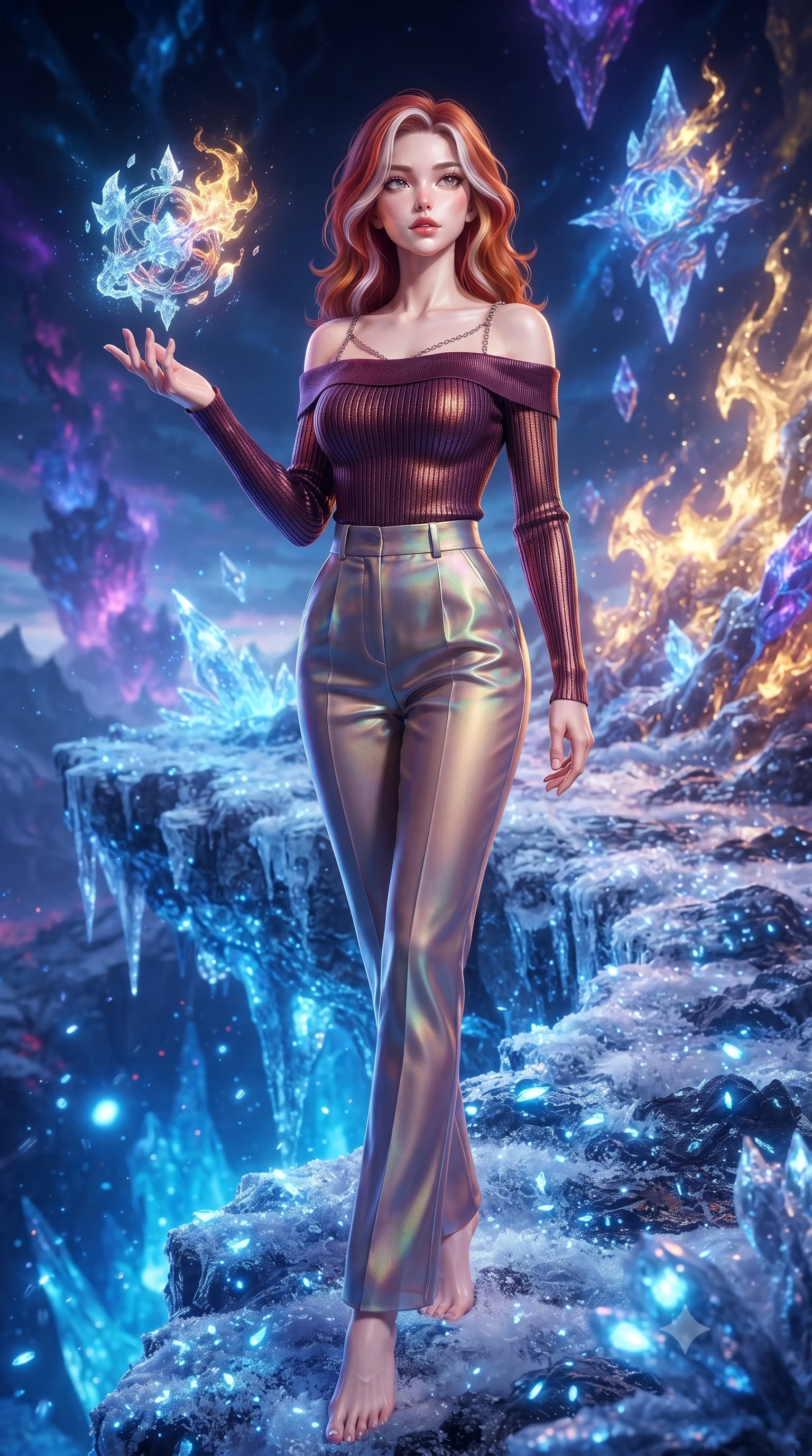 score_9, masterpiece, best quality, ultra-detailed, high-budget anime keyframe, editorial fashion photography, tasteful artistic composition, Caucasian woman. low angle full-body shot from head to toe showing her feet, filling the entire 9:16 vertical frame with her statuesque presence, stretching her vertical silhouette. interacting gracefully with the magical floating elements while maintaining a confident posture poised on a frozen volcanic ash cliff reflecting intense blue magmatic light, glistening frost surfaces scattering brilliant blue specular highlights. She has an absolutely perfect, statuesque 8.5-heads proportion, an exceptionally tall and slender model-like female figure with impossibly long slender legs and an ultra-slim waist. sharp v-shaped jawline, high-bridge nose, intricate jewel-like eyes with depth, thick eyelashes, glossy lips with a natural sheen. wearing a sleek off-shoulder ribbed knit top paired with high-waist tailored pants in deep burgundy and bronze, crafted from iridescent chiffon that shifts colors in the light, adorned with delicate metallic chain straps along the neckline, the glove-like fit emphasizing her statuesque silhouette. surrounded by an extraordinary elemental clash radiance. ultra-reflective glossy finish, specular highlights, metallic sheen, high-contrast stereoscopic depth, volumetric dynamic lighting, 2k, ultra detail, master piece, 9:16 ratio