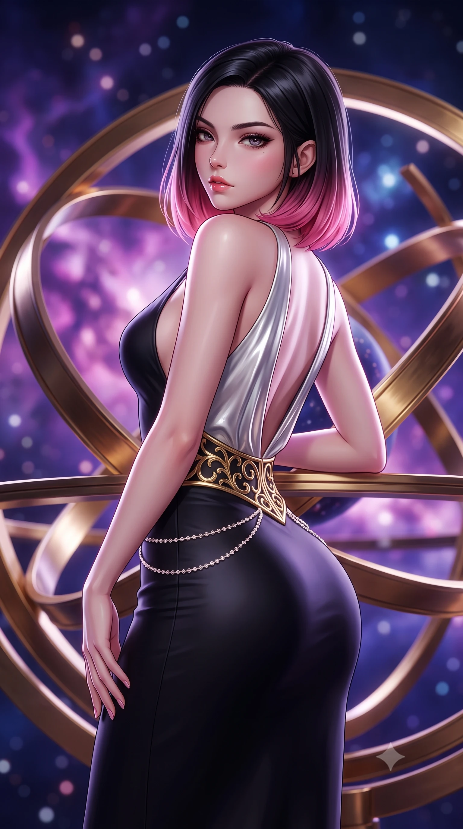 score_9, masterpiece, best quality, ultra-detailed, high-budget anime keyframe, semi-realistic 3D game render, editorial fashion photography, tasteful artistic composition, Korean woman. close-up cowboy shot from the waist and thighs up, the character dominates the composition, filling the frame with her large presence. twisting her slender torso in a deep contrapposto stance, hips dramatically shifted to accentuate her feminine curves while looking past her shoulder with smoldering bedroom-eyes while leaning back against the polished brass rings of a colossal rotating armillary sphere, hips tilted in a seductive contrapposto stance. The composition keeps background elements in soft focus with creamy bokeh. swirling violet and magenta nebula clouds and distant star clusters blurred into celestial indigo, pink, and diamond-white bokeh. She has an exceptionally elegant, slender, and willowy female figure with an ultra-slim waist, a gracefully sculpted slender torso, toned flat midriff, and rounded feminine hips creating an alluring hourglass silhouette. sharp v-shaped jawline, high-bridge nose, intricate jewel-like eyes with depth, thick eyelashes, glossy parted lips with a natural sheen, intensely captivating and seductive bedroom-eyes expression, flawlessly proportioned anatomical accuracy, strict slender model proportions, natural body alignment, perfectly sculpted long slender limbs, ultra-slim waistline, clean dynamic posture without body distortion. wearing a sleek obsidian column dress with gold filigree hip cincher and plunging backline in shimmering silver mercury and pearl white, made of liquid silk jersey adhering flawlessly to her slender build, accented with a dainty diamond hip chain framing her feminine curves, the liquid-tight tailored fabric clinging flawlessly to her narrow waist and rounded feminine hips, emphasizing every millimeter of her sculpted hourglass curves during movement. illuminated by starlight edge lights carving her slender waist, bare collarbones, and feminine hip line. highly saturated vibrant anime colors, detailed shading with soft gradients, rich glossy textures, high-contrast stereoscopic depth, volumetric dynamic lighting, master piece, 9:16 ratio