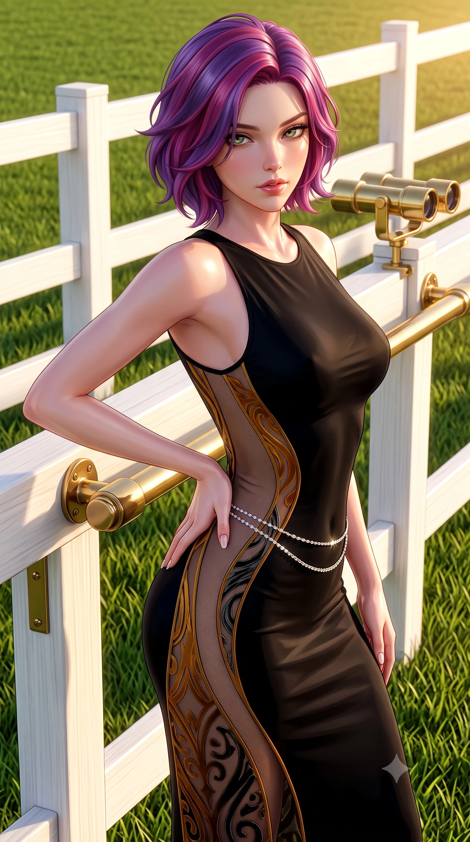 score_9, masterpiece, best quality, ultra-detailed, high-budget anime keyframe, semi-realistic 3D game render, editorial fashion photography, tasteful artistic composition, Caucasian woman. close-up cowboy shot from the waist and thighs up, the character dominates the composition, filling the frame with her large presence. resting one manicured hand delicately on her hip bone, her upper body turning in a fluid, seductive S-curve while parted lips glisten in the light while twisting her slender torso in an assertive contrapposto stance beside the private turf bar, her form-contouring riding suit sculpting her feminine hourglass lines. The surrounding environment is rendered in vivid detail and crisp panoramic clarity. sharp white wooden paddock rails, polished brass binocular hardware, and manicured turf grass blades in deep focus. She has an exceptionally elegant, slender, and willowy female figure with an ultra-slim waist, flat toned midriff, narrow ribcage, and sculpted feminine hips creating an alluring, slim hourglass silhouette without bulk. sharp v-shaped jawline, high-bridge nose, intricate jewel-like eyes with depth, thick eyelashes, glossy parted lips with a natural sheen, intensely captivating and seductive bedroom-eyes expression, flawlessly proportioned anatomical accuracy, strict slender model proportions, natural body alignment, perfectly sculpted long slender limbs, ultra-slim waistline, clean dynamic posture without body distortion. wearing a second-skin black silk jersey maxi dress with asymmetrical sheer mesh side panels tracing the full curve of her hip in molten amber-gold and dark gunmetal, made of sheer contouring power-mesh with velvet flocking patterns, accented with a dainty diamond waist chain catching the ambient light reflections, the second-skin form-contouring cut accentuating her sculpted flat midriff, narrow delicate ribcage, and gracefully curvy hips with supermodel precision. bathed in glorious golden-hour afternoon sunlight and warm white marquee bounce fill. highly saturated vibrant anime colors, detailed shading with soft gradients, rich glossy textures, high-contrast stereoscopic depth, volumetric dynamic lighting, master piece, 9:16 ratio
