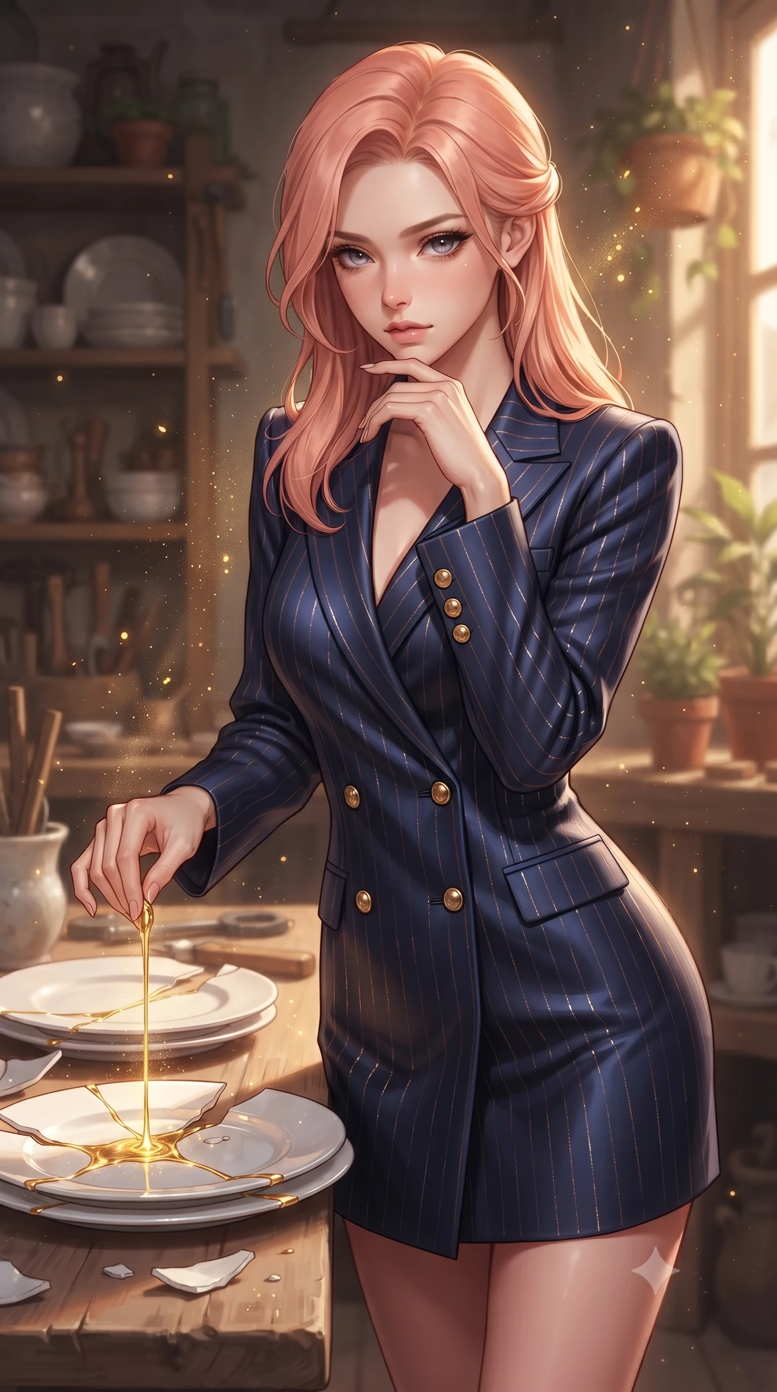 score_9, masterpiece, best quality, ultra-detailed, high-budget anime keyframe, editorial fashion photography, tasteful artistic composition, Japanese woman. close-up cowboy shot from the waist and thighs up, the character dominates the composition, filling the frame with her large presence, background elements kept in soft focus. Resting her chin on the backs of her fingers, casting a sharp, mysterious gaze guiding a stream of liquid gold connecting broken white porcelain plates, floating golden dust motes sparkling in the warm workshop air. She has an exceptionally elegant, slender, and willowy female figure with an ultra-slim waist, a gracefully sculpted slender torso, and a refined silhouette. sharp v-shaped jawline, high-bridge nose, intricate jewel-like eyes with depth, thick eyelashes, glossy lips with a natural sheen. wearing a tailored double-breasted blazer dress in navy with subtle metallic pin-stripes, the glove-like fit emphasizing her statuesque silhouette. surrounded by a majestic inner radiance highlighting glossy white porcelain. ultra-reflective glossy finish, specular highlights, metallic sheen, high-contrast stereoscopic depth, volumetric dynamic lighting, 2k, ultra detail, master piece, 9:16 ratio