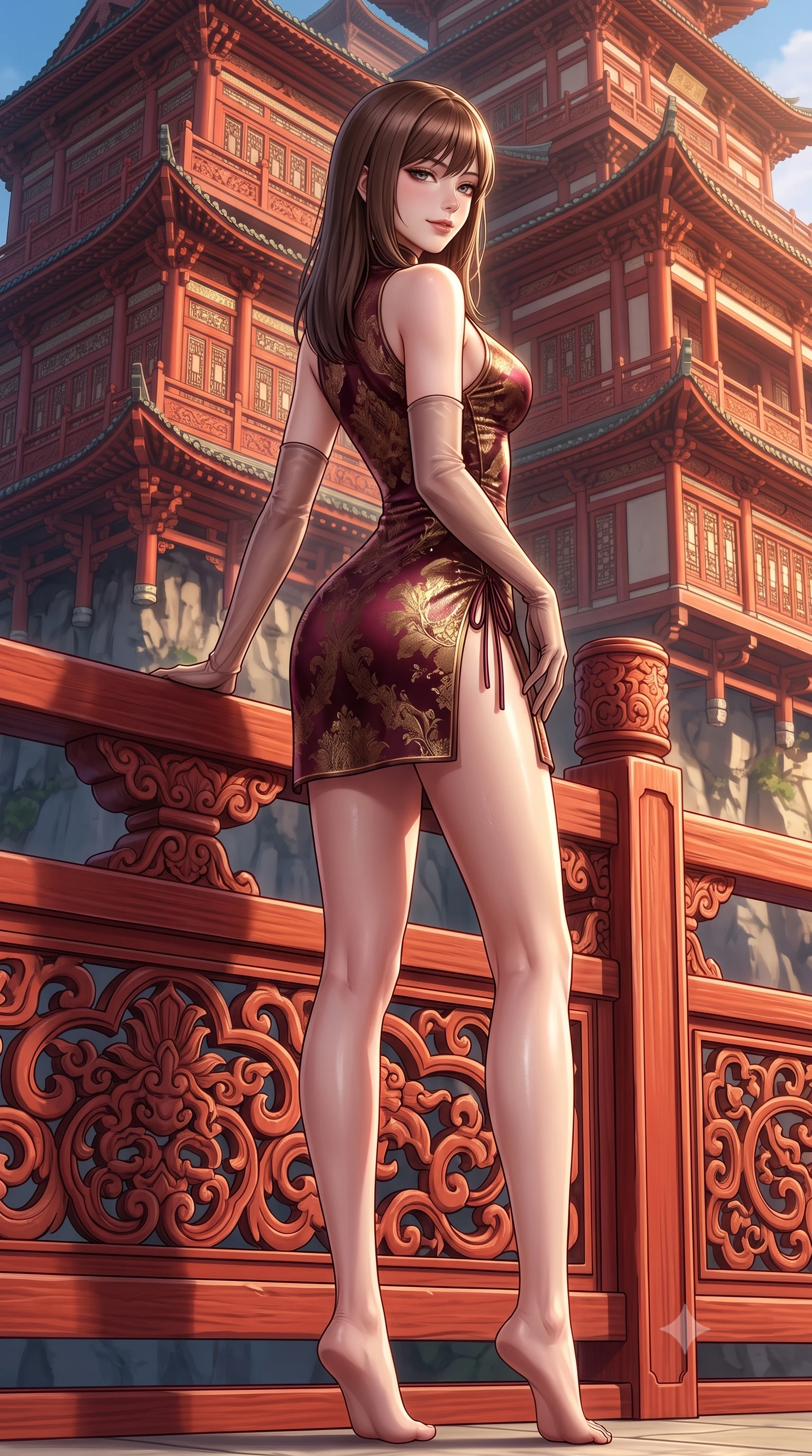 score_9, masterpiece, best quality, ultra-detailed, high-budget anime keyframe, semi-realistic 3D game render, editorial fashion photography, tasteful artistic composition, Korean woman. low angle full-body shot from head to toe showing her feet, filling the entire 9:16 vertical frame with her statuesque presence, stretching her vertical silhouette. standing in a tall, confident posture with one hand on the carved palace railing, stretching her statuesque body as she arches her lower back to emphasize her sculpted feminine hips and slender waist while leaning against the carved red timber railing with hips cocked back, looking over her shoulder with an intoxicating, smoldering half-smile. The surrounding environment is rendered in vivid detail and crisp panoramic clarity: detailed brocade gown sheen, lantern specular highlights on skin, and Chongqing cliffside architecture in high resolution. She has an absolutely perfect, statuesque 8.5-heads proportion, an exceptionally tall and slender model-like female figure with impossibly long slender legs, an ultra-slim waist, a flat toned midriff, narrow delicate ribcage, and beautifully sculpted feminine hips creating a graceful, slim hourglass silhouette without any bulky heaviness. sharp v-shaped jawline, high-bridge nose, intricate jewel-like dark sparkling almond eyes with depth, thick lashes, glossy parted lips with a natural rose-plum sheen, bright alluring and coquettish smile with bedroom-eyes, exuding both timeless oriental elegance and sovereign high-fashion allure, flawlessly proportioned anatomical accuracy, strict slender model proportions, natural body alignment, perfectly sculpted long slender limbs, ultra-slim waistline, clean dynamic posture without body distortion. wearing a form-contouring sleeveless turtleneck mini dress in liquid silk satin with subtle side hip ties and high slits in deep wine burgundy and brushed antique gold, woven from metallic gold and silver thread casting subtle starlight glints, complemented by delicate sheer silk fingerless gloves reaching past her elbows, the form-contouring cut accentuating her sculpted flat midriff, narrow delicate ribcage, and gracefully curvy hips with regal oriental supermodel elegance. illuminated by dark river surface reflection bounce and sharp gold rim lighting sculpting her razor-sharp jawline, narrow waist, and curvy hips. highly saturated vibrant anime colors, detailed shading with soft gradients, rich glossy textures, high-contrast stereoscopic depth, volumetric dynamic lighting, master piece, 9:16 ratio