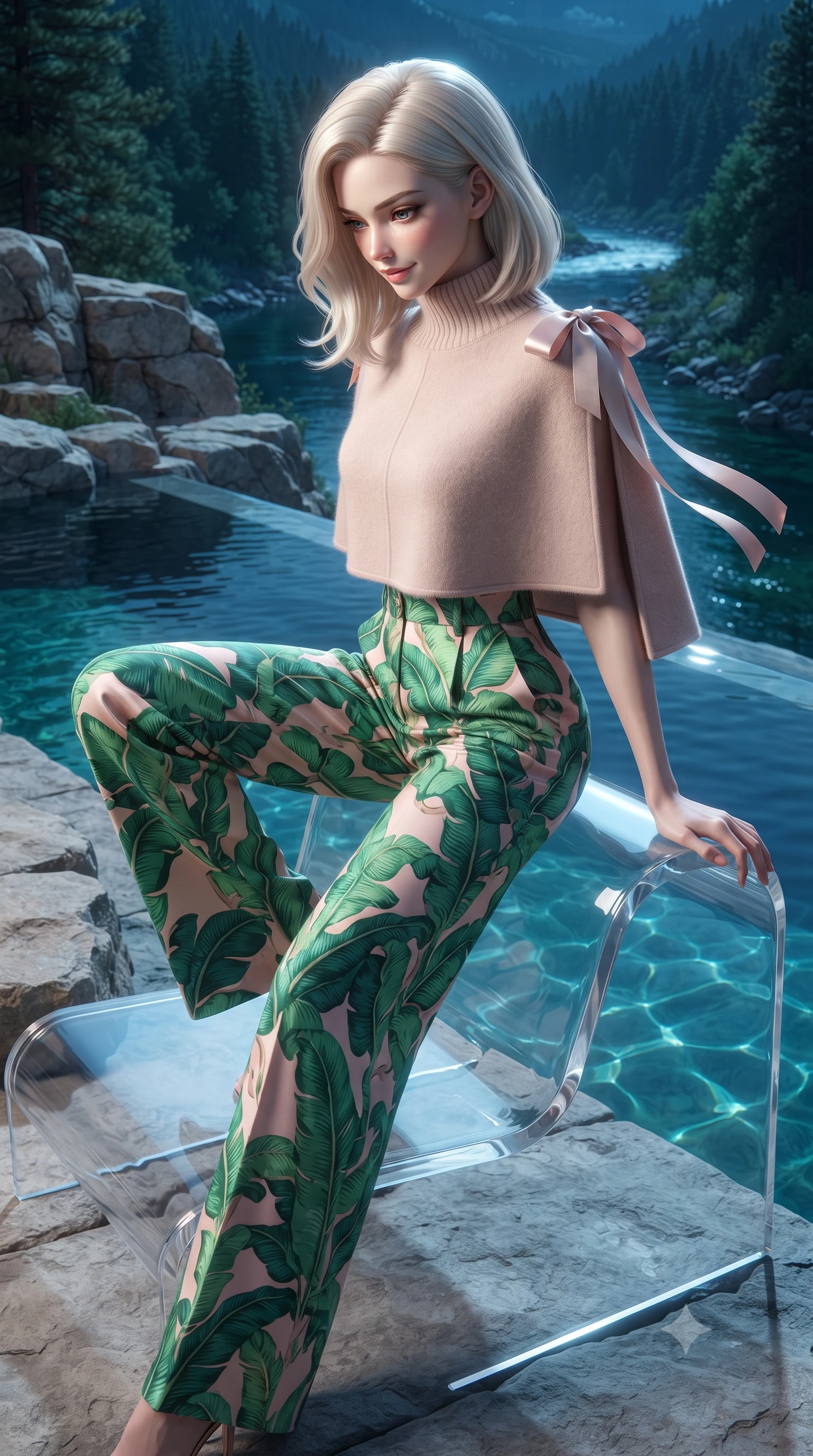 score_9, masterpiece, best quality, ultra-detailed, high-budget anime keyframe, editorial fashion photography, tasteful artistic composition, Caucasian woman. close-up cowboy shot from the waist and thighs up, the character dominates the composition, filling the frame with her large presence. perched sideways on the lounge seat, one knee drawn up to showcase her slender leg line while her arched back accentuates her feminine hip curve while leaning against the clear acrylic infinity coping with hips cocked back, looking down at the moonlit emerald river below with smoldering bedroom-eyes. The surrounding environment is rendered in vivid detail and crisp panoramic clarity: sharp rough-hewn limestone rock strata, crystal-clear pool water surface caustics, and alpine pine needles in deep focus. She has an exceptionally elegant, slender, and willowy female figure with an ultra-slim waist, flat toned midriff, narrow ribcage, and sculpted feminine hips creating an alluring, slim hourglass silhouette without bulk. sharp v-shaped jawline, high-bridge nose, intricate jewel-like sparkling eyes with depth, thick eyelashes, glossy parted lips with a natural peach sheen, bright cheerful beaming smile with an enchanting and coquettish sensual glint, exuding both youthful cute charm and seductive allure, flawlessly proportioned anatomical accuracy, strict slender model proportions, natural body alignment, perfectly sculpted long slender limbs, ultra-slim waistline, clean dynamic posture without body distortion. wearing a bespoke high-neck cashmere knit cape coat paired with tailored wide-leg wool trousers in Beverly Hills vintage banana-leaf emerald and blush pink, crafted from bespoke double-faced cashmere with an exceptionally soft tactile finish, finished with satin ribbon ties at the shoulders fluttering in the gentle breeze, the bespoke structured tailoring following the natural line of her 8.5-heads silhouette with refined elegance. illuminated by pool water reflection bounce and sharp platinum-cyan rim lights defining her dewy collarbones, ultra-slim waist, and curvy hips. ultra-reflective glossy finish, specular highlights, rich textural contrasts, high-contrast stereoscopic depth, volumetric dynamic lighting, 2k, ultra detail, master piece, 9:16 ratio