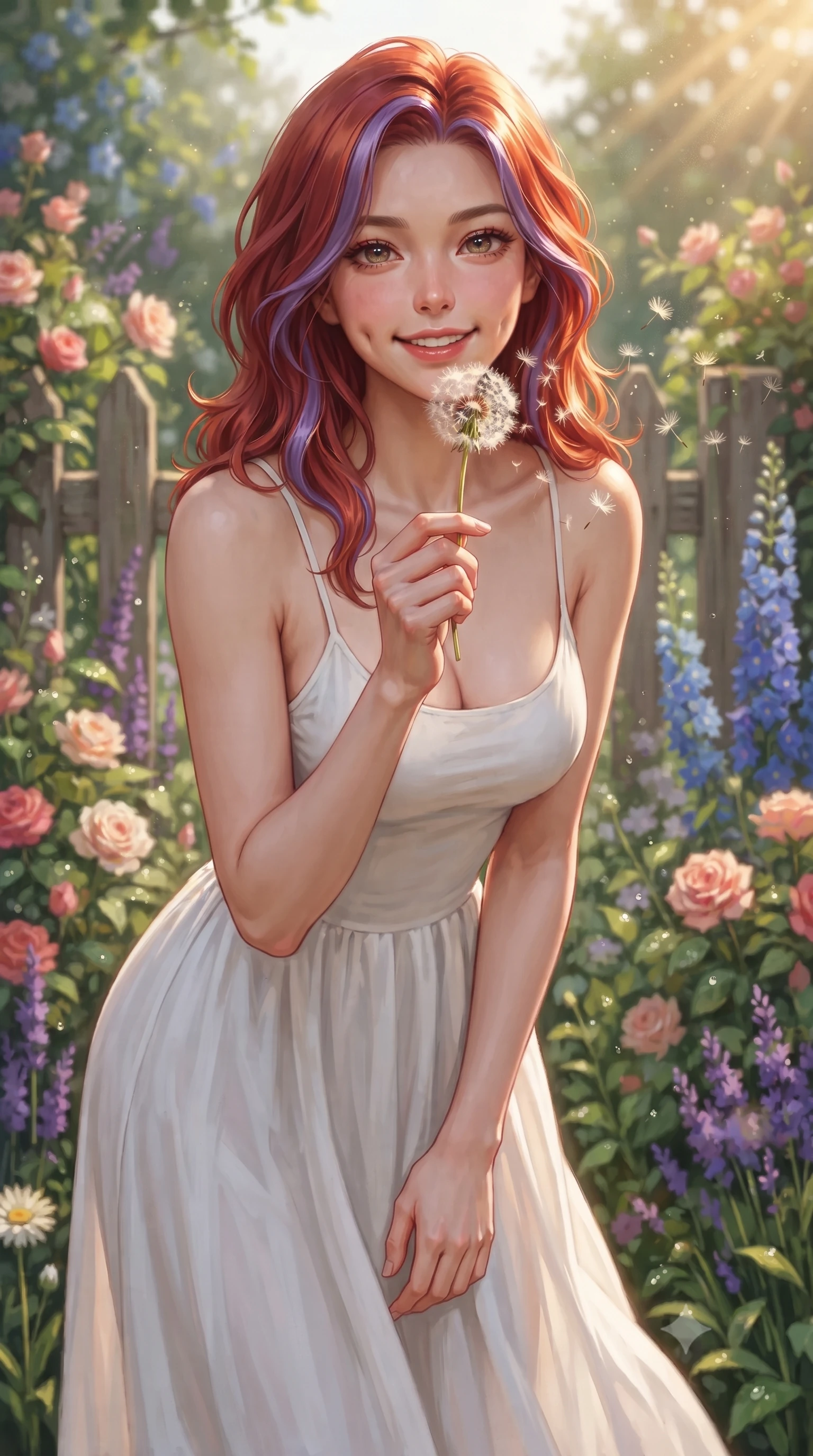 score_9, masterpiece, best quality, ultra-detailed, high-budget anime keyframe, editorial fashion photography, tasteful artistic composition, Caucasian woman. close-up cowboy shot from the waist and thighs up, the character dominates the composition, filling the frame with her large presence, background elements kept in soft focus. smiling with soft, captivating dimples, casting a warm yet magnetic gaze directly into the lens set against a soft-focus background of in a lovely cottage garden filled with mixed cottage flowers and wooden fences holding a fluffy dandelion clock, ready to blow the seeds with a cute smile. She has an exceptionally elegant, slender, and willowy female figure with an ultra-slim waist, a gracefully sculpted slender torso, and a refined silhouette. sharp v-shaped jawline, high-bridge nose, intricate jewel-like eyes with depth, thick eyelashes, glossy lips with a natural sheen. wearing form-contouring backless cotton sundress in white, featuring delicate straps and a long flowing skirt. warm morning sunbeams creating fresh dewdrop glints on the flower petals. ultra-reflective glossy finish, specular highlights, metallic sheen, high-contrast stereoscopic depth, volumetric dynamic lighting, 2k, ultra detail, master piece, 9:16 ratio