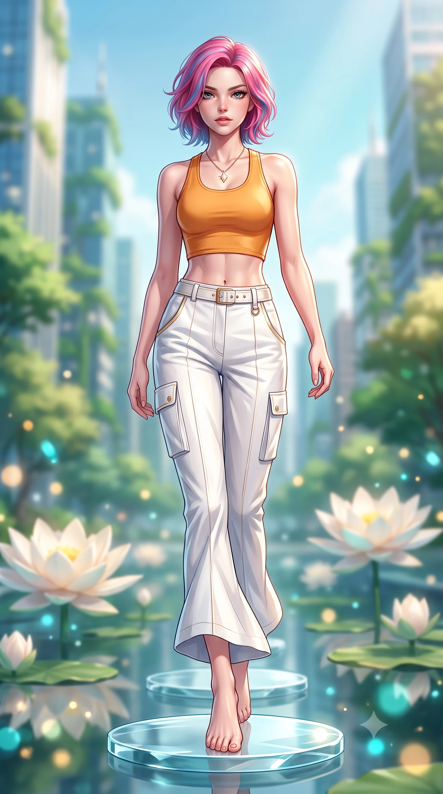 score_9, masterpiece, best quality, ultra-detailed, high-budget anime keyframe, semi-realistic 3D game render, editorial fashion photography, tasteful artistic composition, Caucasian woman. low angle full-body shot from head to toe showing her feet, filling the entire 9:16 vertical frame with her statuesque presence, stretching her vertical silhouette. striding forward in a proud, dynamic supermodel runway stride, hips swaying in an alluring kinetic rhythm that stretches her silhouette while standing poised on a floating glass stepping stone above the emerald biosphere, displaying her flawless slender proportions. The composition keeps background elements in soft focus with creamy bokeh. giant floating lotus blossoms and distant vertical forest skyscrapers blurred into crystalline turquoise, gold, and azure bokeh. She has an absolutely perfect, statuesque 8.5-heads proportion, an exceptionally tall and slender model-like female figure with impossibly long slender legs, a toned flat midriff, and an ultra-slim waist. sharp v-shaped jawline, high-bridge nose, intricate jewel-like eyes with depth, thick eyelashes, glossy parted lips with a natural sheen, intensely captivating and seductive expression, flawlessly proportioned anatomical accuracy, strict slender model proportions, natural body alignment, perfectly sculpted long slender limbs, ultra-slim waistline, clean dynamic posture without body distortion. wearing an aerodynamic eco-chic racerback crop tank with high-waisted white utility trousers in warm apricot and glowing solar champagne, tailored from crisp structured cotton poplin with organic dye, complemented by a dainty solar crystal pendant resting near her collarbone, the breezy yet form-flattering drape swaying gracefully with her steps, accentuating her long willowy limbs and ultra-slim waistline. surrounded by a fresh, captivating, and delightfully invigorating summer muse aura. highly saturated vibrant anime colors, detailed shading with soft gradients, rich glossy textures, high-contrast stereoscopic depth, volumetric dynamic lighting, master piece, 9:16 ratio