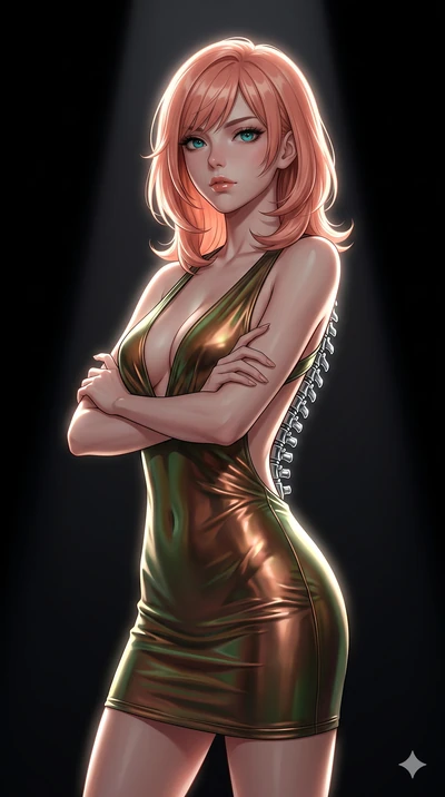 score_9, masterpiece, best quality, ultra-detailed, high-budget anime keyframe, editorial fashion photography, tasteful artistic composition, Japanese woman. close-up cowboy shot from the waist and thighs up, the character dominates the composition, 