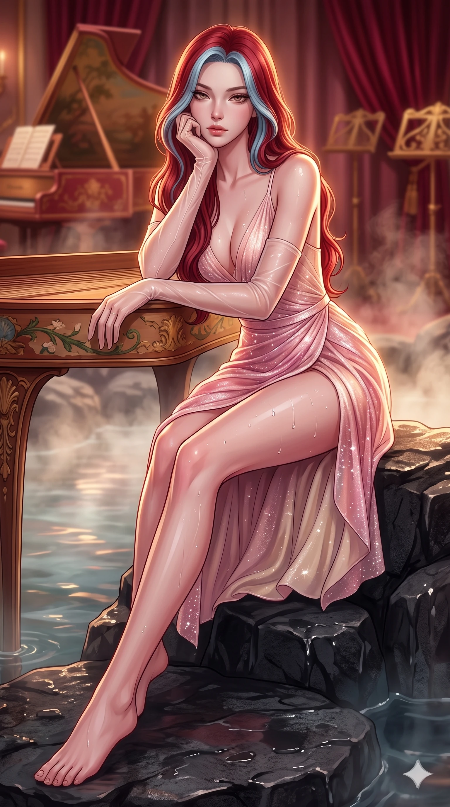 score_9, masterpiece, best quality, ultra-detailed, high-budget anime keyframe, semi-realistic 3D game render, editorial fashion photography, tasteful artistic composition, Caucasian woman. low angle full-body shot from head to toe showing her feet, filling the entire 9:16 vertical frame with her statuesque presence, stretching her vertical silhouette. sitting on the black basalt rock rim of the steaming geothermal lagoon, water droplets beading on her flat midriff and curvy hips while resting one elbow on the instrument rim and supporting her chin, leaning close to the camera with heavy-lidded smoldering bedroom-eyes. The background shows a soft-focus hand-painted harpsichord soundboard, heavy ruby-velvet drapes, and gilded music stands blurred into ruby, rosewood, and amber bokeh. She has an exceptionally tall and slender model-like 8.5-heads proportion, an ultra-slim waist, a flat toned midriff, narrow delicate ribcage, and beautifully sculpted feminine hips creating a graceful, slim hourglass silhouette without any bulky heaviness, with impossibly long slender legs. sharp v-shaped jawline, high-bridge nose, intricate jewel-like sparkling eyes with depth, thick eyelashes, glossy parted lips with a natural sheen, intensely captivating and seductive bedroom-eyes expression, exuding both youthful cute charm and sovereign luxury allure, flawlessly proportioned anatomical accuracy, strict slender model proportions, natural body alignment, perfectly sculpted long slender limbs, ultra-slim waistline, clean dynamic posture without body distortion. wearing a plunge-front sheer illusion tulle slip dress with liquid platinum ribbon stripes hugging her curves in sakura blossom pink and warm ivory, woven from stretch metallic lurex jersey casting radiant starlight glints across her curves, complemented by sheer opera-length evening gloves tracing her slender arms, the high-slit wrap tailoring accentuating her ultra-slim waistline and the enchanting curve of her feminine hips with alluring seductive charm. illuminated by polished rosewood bounce and sharp amber-gold rim lights sculpting her razor-sharp jawline, narrow waist, and curvy hips. highly saturated vibrant anime colors, detailed shading with soft gradients, rich glossy textures, high-contrast stereoscopic depth, volumetric dynamic lighting, master piece, 9:16 ratio