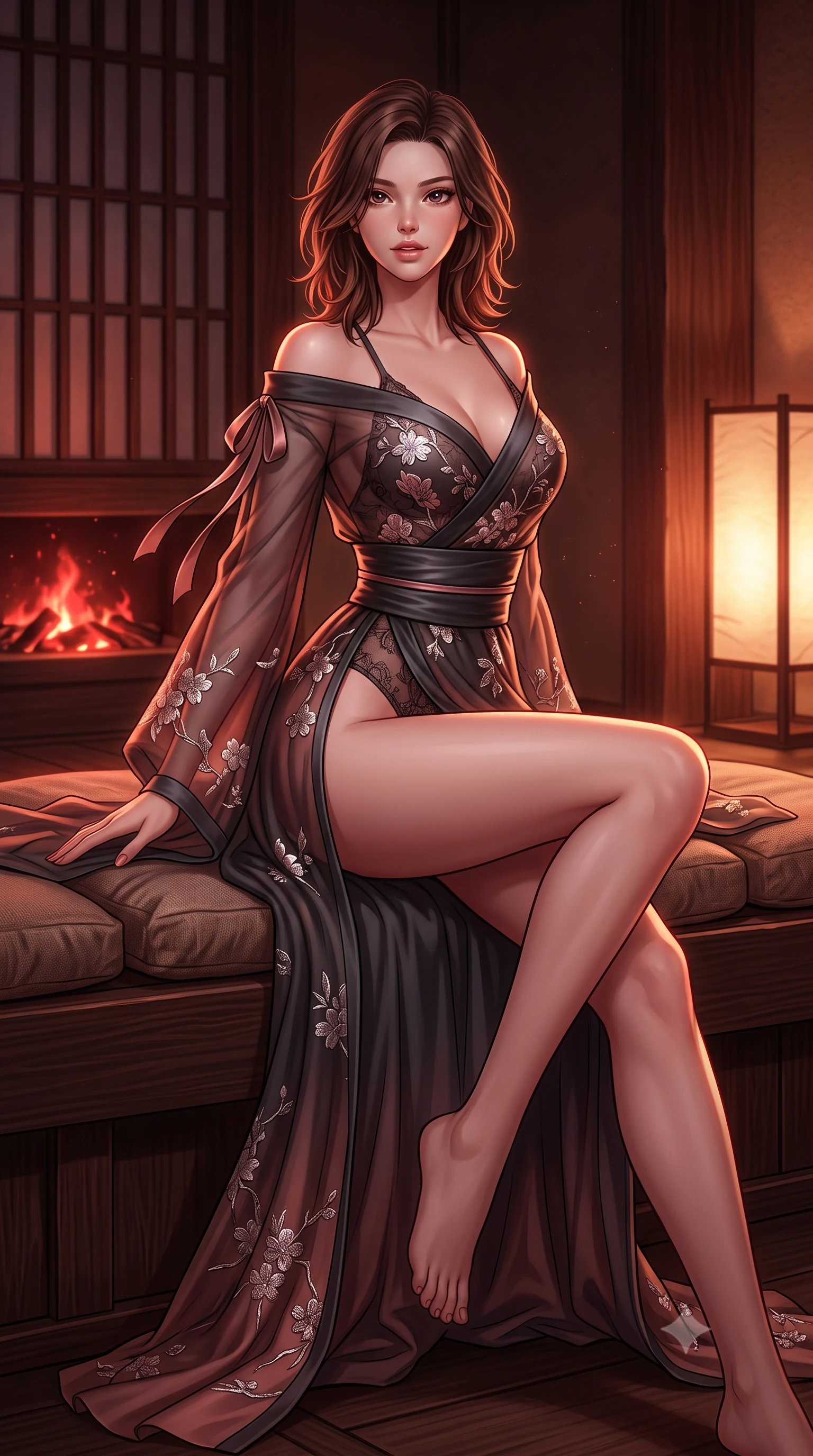 score_9, masterpiece, best quality, ultra-detailed, high-budget anime keyframe, semi-realistic 3D game render, editorial fashion photography, tasteful artistic composition, Korean woman. close-up cowboy shot from the waist and thighs up, the character dominates the composition, filling the frame with her large presence. perched sideways on the lounge seat, one knee drawn up to showcase her slender leg line while her arched back accentuates her feminine hip curve while sitting gracefully in a relaxed side drape on the plush woven cushions, flashing an enchanting smile with parted glossy lips. The surrounding environment is rendered in vivid detail and crisp panoramic clarity: detailed open-back sheer lace leotard, high-cut leg openings, floral embroidery, and Edo-period woodcraft in high resolution. She has an exceptionally elegant, slender, and willowy female figure with an ultra-slim waist, flat toned midriff, narrow ribcage, and sculpted feminine hips creating an alluring, slim hourglass silhouette without bulk. sharp v-shaped jawline, high-bridge nose, intricate jewel-like sparkling eyes with depth, thick eyelashes, glossy parted lips with a natural peach sheen, bright cheerful beaming smile with an enchanting and coquettish sensual glint, exuding both youthful cute charm and seductive allure, flawlessly proportioned anatomical accuracy, strict slender model proportions, natural body alignment, perfectly sculpted long slender limbs, ultra-slim waistline, clean dynamic posture without body distortion. wearing a provocative sheer noir illusion mesh kimono dress with embroidered silver cherry blossom motifs framing her curves in sultry copper rose and deep shadow charcoal, woven from buttery-soft stretch lambskin leather adhering to her body like a second skin, finished with satin ribbon ties at the shoulders fluttering in the gentle breeze, the form-contouring silhouette accentuating her sculpted flat midriff, narrow delicate ribcage, and gracefully curvy hips with intoxicating allure. bathed in the rich chiaroscuro 2000K ruby-amber glow of natural burning hardwood charcoal mixed with soft paper sconces. highly saturated vibrant anime colors, detailed shading with soft gradients, rich glossy textures, high-contrast stereoscopic depth, volumetric dynamic lighting, master piece, 9:16 ratio
