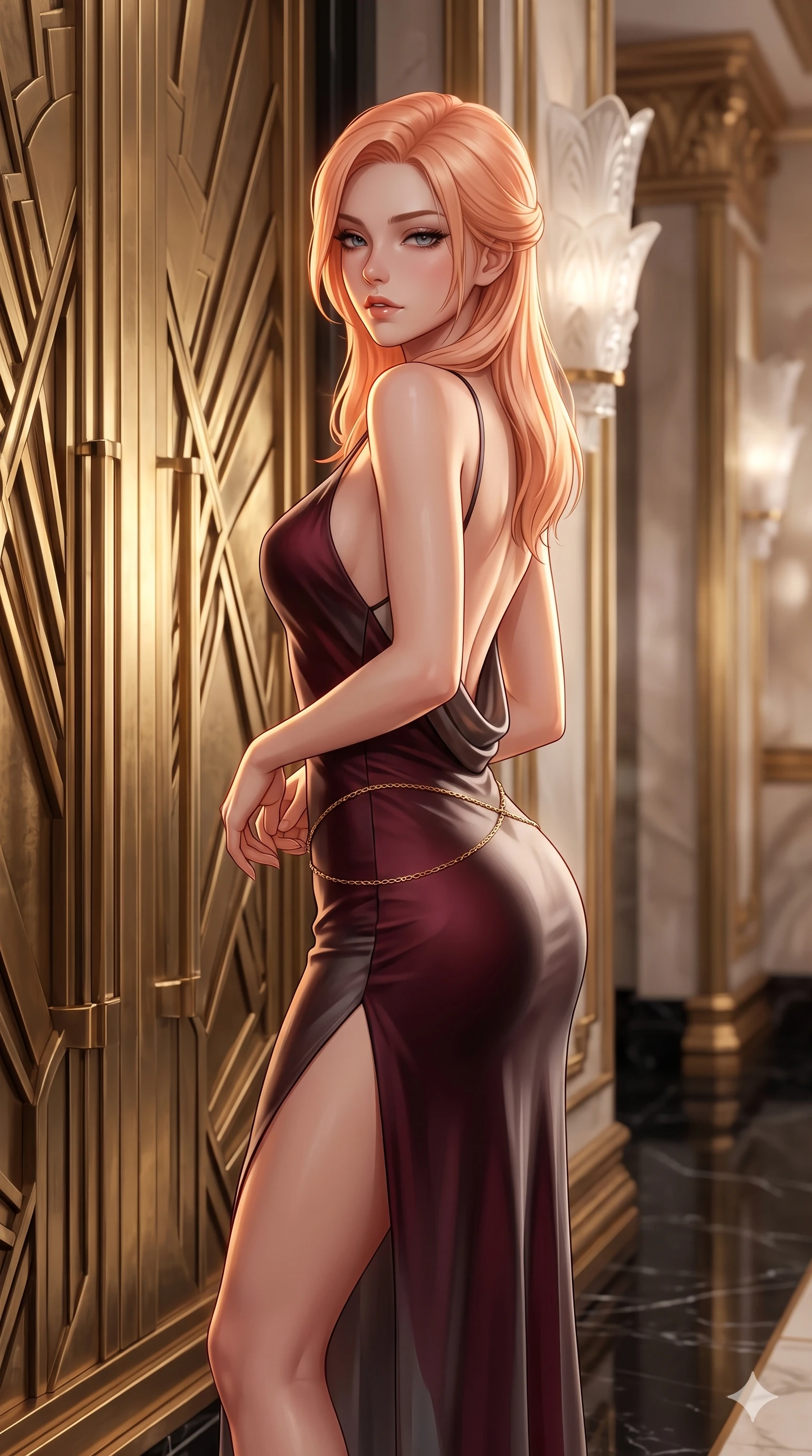 score_9, masterpiece, best quality, ultra-detailed, high-budget anime keyframe, semi-realistic 3D game render, editorial fashion photography, tasteful artistic composition, Japanese woman. close-up cowboy shot from the waist and thighs up, the character dominates the composition, filling the frame with her large presence. twisting her slender torso in a deep contrapposto stance, hips dramatically shifted to accentuate her feminine curves while looking past her shoulder with smoldering bedroom-eyes while standing in a tall, confident posture beside a monumental brass art deco relief, stretching her statuesque body as she arches her lower back to emphasize her sculpted feminine hips and slender waist. The background shows a soft-focus towering geometric brass art deco murals, sculpted frosted Lalique glass fixtures, and antique gilded pilasters blurred into champagne, bronze, and cream bokeh. She has an exceptionally elegant, slender, and willowy female figure with an ultra-slim waist, flat toned midriff, narrow ribcage, and sculpted feminine hips creating an alluring, slim hourglass silhouette without bulk. sharp v-shaped jawline, high-bridge nose, intricate jewel-like sparkling eyes with depth, thick eyelashes, glossy parted lips with a natural sheen, intensely captivating and seductive bedroom-eyes expression, exuding both youthful cute charm and sovereign luxury allure, flawlessly proportioned anatomical accuracy, strict slender model proportions, natural body alignment, perfectly sculpted long slender limbs, ultra-slim waistline, clean dynamic posture without body distortion. wearing a form-contouring gossamer silk chiffon slip dress with a hip-high slit and open cowl back clinging with dewy moisture in deep wine burgundy and brushed dark platinum, crafted from bespoke double-faced cashmere with an exceptionally soft tactile finish, accented with a dainty gold belly chain resting across her flat midriff and curving hips, the form-contouring material adhering flawlessly to her sculpted flat midriff and slender torso, emphasizing her long leg lines and perfectly proportioned willowy build. illuminated by black marble floor reflections and sharp gold-amber rim lights sculpting her razor-sharp jawline, narrow waist, and curvy hips. highly saturated vibrant anime colors, detailed shading with soft gradients, rich glossy textures, high-contrast stereoscopic depth, volumetric dynamic lighting, master piece, 9:16 ratio