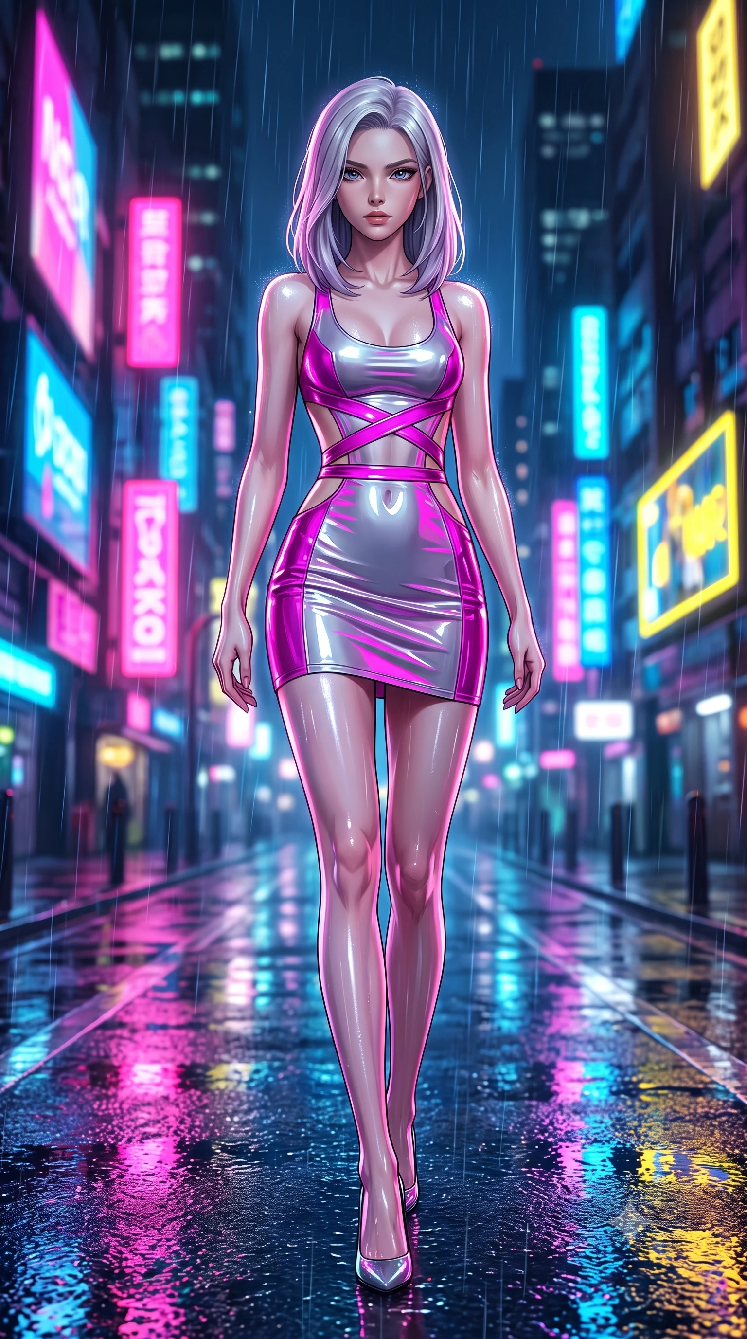 score_9, masterpiece, best quality, ultra-detailed, high-budget anime keyframe, semi-realistic 3D game render, editorial fashion photography, tasteful artistic composition, Caucasian woman. low angle full-body shot from head to toe showing her feet, filling the entire 9:16 vertical frame with her statuesque presence, stretching her vertical silhouette. striding forward in a proud, statuesque motion with a dangerous smolder, her vertical silhouette dominating the frame from head to toe while pivoting dynamically on reflective wet asphalt as vibrant neon billboard lights ripple across puddles. The composition keeps background elements in soft focus with creamy bokeh. neon-lit rain streaks scattering multi-colored light across a dark metropolitan backdrop. She has an absolutely perfect, statuesque 8.5-heads proportion, an exceptionally tall and slender model-like female figure with impossibly long slender legs and an ultra-slim waist. sharp v-shaped jawline, high-bridge nose, intricate jewel-like eyes with depth, thick eyelashes, glossy lips with a natural sheen, flawlessly proportioned anatomical accuracy, natural body alignment, perfectly sculpted elegant limbs, clean dynamic posture without body distortion. wearing a second-skin fashion-latex mini dress with a clean architectural front, featuring an open-back design that wraps around the sides of her waist, showcasing her slender silhouette in chromatic platinum and blazing neon magenta, formed from high-gloss patent material with specular light reflections, complemented by criss-cross back straps highlighting her completely bare spine, the daring cutouts accentuating her delicate midriff, graceful collarbones, and feminine contour. illuminated by glistening rain highlights and high-contrast editorial flash lighting. highly saturated vibrant anime colors, detailed shading with soft gradients, rich glossy textures, high-contrast stereoscopic depth, volumetric dynamic lighting, master piece, 9:16 ratio