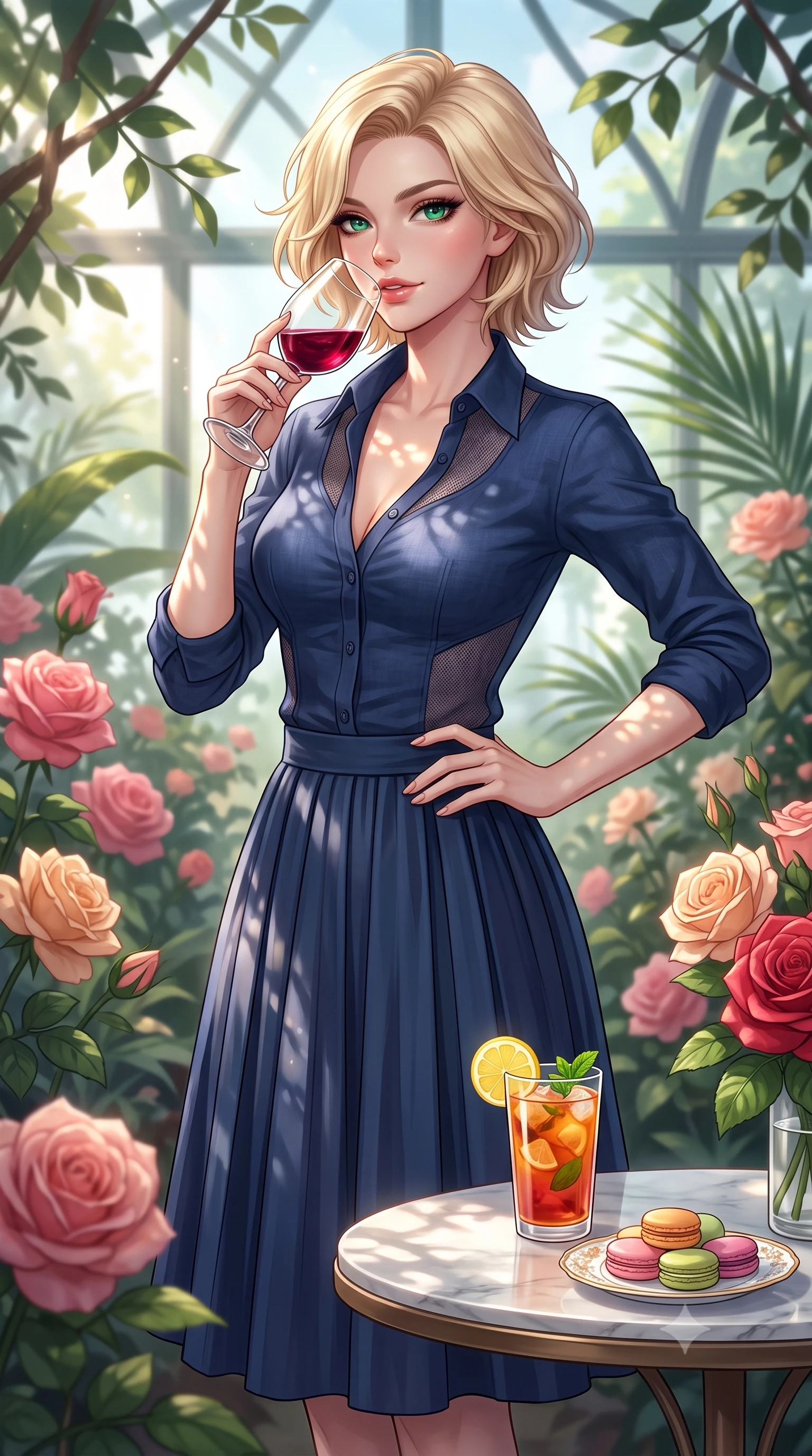 score_9, masterpiece, best quality, ultra-detailed, high-budget anime keyframe, editorial fashion photography, tasteful artistic composition, Caucasian woman. close-up cowboy shot from the waist and thighs up, the character dominates the composition, filling the frame with her large presence, background elements kept in soft focus. resting one hand on her ultra-slim waist while holding a crystal wine glass near her lips with an alluring smile set against a soft-focus background of inside an exclusive rose conservatory with a glass of iced fruit tea and delicate macaron pastries arranged on the table. She has an exceptionally elegant, slender, and willowy female figure with an ultra-slim waist, a gracefully sculpted slender torso, and a refined silhouette. sharp v-shaped jawline, high-bridge nose, intricate jewel-like eyes with depth, thick eyelashes, glossy lips with a natural sheen. wearing tailored midnight navy contouring mesh casual linen button-down shirt paired with a flowy pleated midi skirt featuring refined tailored seams. highlighted by dappled sunlight filtering through leafy branches, creating soft organic patterns. highly saturated vibrant anime colors, detailed shading with soft gradients, rich glossy textures, high-contrast stereoscopic depth, volumetric dynamic lighting, master piece, 9:16 ratio