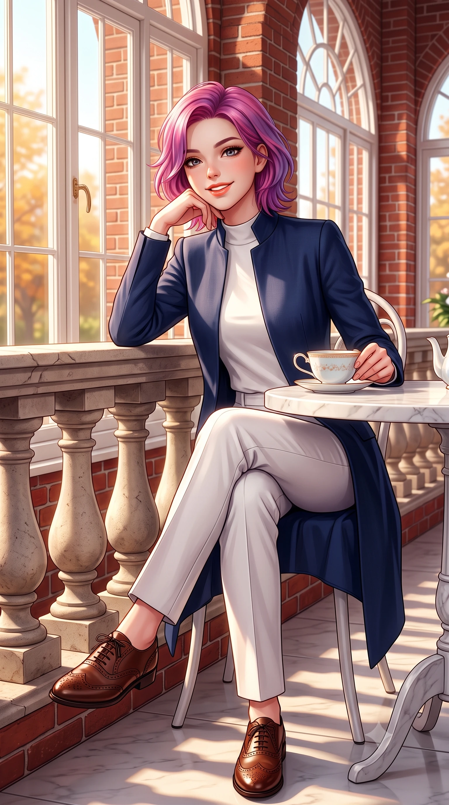 score_9, masterpiece, best quality, ultra-detailed, high-budget anime keyframe, semi-realistic 3D game render, editorial fashion photography, tasteful artistic composition, Caucasian woman. close-up cowboy shot from the waist and thighs up, the character dominates the composition, filling the frame with her large presence. resting one elbow on the stone balustrade, chin poised lightly on her hand with intelligent, charming warmth while sitting poised at a white marble conservatory tea table with hands resting gently on a porcelain cup, exuding high-society grace. The surrounding environment is rendered in vivid detail and crisp panoramic clarity: sharp red-brick masonry relief, delicate white painted window mullions, and fine porcelain teacup glaze in deep focus. She has an exceptionally elegant, slender, and willowy female figure with an ultra-slim waist, flat toned midriff, narrow ribcage, and sculpted feminine hips creating an alluring, slim hourglass silhouette without bulk. sharp v-shaped jawline, high-bridge nose, intricate jewel-like sparkling eyes with depth, thick eyelashes, glossy parted lips with a natural peach sheen, bright cheerful beaming smile with an enchanting and coquettish sensual glint, exuding both youthful cute charm and seductive allure, flawlessly proportioned anatomical accuracy, strict slender model proportions, natural body alignment, perfectly sculpted long slender limbs, ultra-slim waistline, clean dynamic posture without body distortion. wearing a stand-collar tailored linen-silk coat layered over a minimalist silk tunic and straight-leg pressed trousers in French navy blue and crisp alabaster white, made of crisp Egyptian cotton poplin with pristine tailored pressing, complemented by classic polished leather oxfords with brogue perforations, the bespoke architectural tailoring hugging her natural waistline with sartorial precision, creating a clean graceful hourglass silhouette with tall model elegance. bathed in warm 3200K autumn sunlight streaming through floor-to-ceiling arched south-facing conservatory windows. highly saturated vibrant anime colors, detailed shading with soft gradients, rich glossy textures, high-contrast stereoscopic depth, volumetric dynamic lighting, master piece, 9:16 ratio